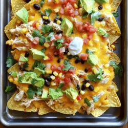 - 2 cups cooked chicken, shredded - 1 bag (12 oz) tortilla chips - 2 cups shredded cheddar cheese - 1 cup black beans, rinsed and drained - 1 cup corn kernels Loaded chicken nachos need simple, fresh ingredients to shine. Start with cooked chicken. You can use leftover chicken or rotisserie. Shredded chicken blends well with other flavors. Next, grab a bag of tortilla chips. Look for sturdy chips that can hold toppings. They give a nice crunch. Cheddar cheese is the star of this dish. It melts beautifully and adds rich flavor. Use sharp cheddar for a bold taste or mild for a softer flavor. Black beans add protein and fiber. Rinse and drain them before adding. They provide a creamy texture. Corn adds sweetness and color. You can use fresh corn or canned. Either option works well. Feel free to add optional spices and seasonings. A bit of cumin or chili powder can give your nachos a kick. You can find the full recipe for more details and tips. First, preheat your oven to 375°F (190°C). This step warms the oven for perfect nachos. Next, heat the chicken mixture on the stovetop. In a medium skillet, add one tablespoon of olive oil over medium heat. Then, mix in the shredded chicken, black beans, and corn. Season with salt and pepper. Stir until everything is warm, around five minutes. Now, let’s layer the chips and toppings. Take a large baking sheet and lay out the tortilla chips in a single layer. This creates a base for all your tasty toppings. Spoon the heated chicken mixture over the chips evenly. Then, sprinkle the shredded cheddar cheese all over the top. If you like heat, add jalapeño slices too. Place the baking sheet in the preheated oven. Bake for about 10 to 12 minutes. The cheese should melt and bubble up nicely. After baking, carefully take the nachos out of the oven. Add fresh pico de gallo on top and diced avocado. Drizzle sour cream to make them creamy. For a pop of color and flavor, sprinkle fresh cilantro all over. For serving, you can put the nachos on the baking sheet for a casual vibe. Or, transfer them to a colorful platter for a festive look. Don’t forget to serve extra salsa on the side! Enjoy your Loaded Chicken Nachos, and let the flavors shine! To make great nachos, even topping distribution is key. Start by spreading your tortilla chips out in a single layer. This way, every chip gets its fair share of toppings. Use a spoon to evenly spread the chicken mixture. This keeps every bite flavorful and satisfying. Maintaining chip crunchiness is another important part. Bake your nachos just until the cheese melts. If you bake them too long, the chips can become soggy. Remove them from the oven as soon as the cheese is bubbly and golden. To add depth to your nachos, consider using spices like cumin or chili powder. A sprinkle of these spices can elevate the taste. If you want a cheesy twist, try different types of cheese. Pepper jack cheese adds a nice kick. For a creamy flavor, consider using a mix of cheddar and mozzarella. For parties, serve your nachos on a large platter. This makes sharing easy and fun. You can also use a baking sheet for a casual vibe. Add colorful garnishes like chopped cilantro or sliced jalapeños. These not only look great but also add fresh flavors. You can serve extra salsa on the side for dipping to enhance the experience. {{image_4}} You can make loaded chicken nachos healthier. Start with low-fat cheese. This reduces calories without losing flavor. Use baked tortilla chips instead of fried ones. They give you the crunch you crave but with less grease. If you want a vegetarian dish, swap the chicken for black beans or grilled vegetables. These options are tasty and good for you! Want to spice things up? Add more heat with sliced jalapeños. You can also mix in a spicy salsa for extra kick. For a fun twist, try sweet and savory nachos. Drizzle honey or maple syrup over everything. It adds a unique taste that surprises your guests. The balance of sweet and salty is always a hit! Feel free to mix up the proteins! You can use ground turkey or beef for different tastes. If you prefer beans, try pinto or kidney beans. They work well too. Seasonal toppings can make your nachos special. In summer, add fresh tomatoes or corn. In fall, consider roasted pumpkin or squash. These swaps keep your nachos exciting and fresh! For more details on making these delicious nachos, check out the Full Recipe! To keep your loaded chicken nachos fresh, store them in airtight containers. First, let the nachos cool down. Then, cover them gently with plastic wrap or foil before placing them in the container. This helps keep moisture out. Avoid stacking chips on top of each other to prevent them from getting soggy. You can also store the toppings, like sour cream and salsa, separately to keep everything fresh. Reheating nachos can be tricky. You want to keep the chips crispy. To do this, use an oven or toaster oven. Preheat it to 350°F (175°C). Spread the nachos on a baking sheet and heat for about 5 to 10 minutes. If you're in a hurry, a microwave works too, but it may make the chips soft. Place a paper towel over the nachos in the microwave to help absorb moisture. Loaded chicken nachos can be stored in the fridge for up to three days. Look for signs of spoilage, like a sour smell or mold. If you see any, it's best to throw them away. Always check your nachos before eating them, to ensure they are still good. For the best flavor, enjoy your leftovers within the first couple of days. For the full recipe, check out the complete guide! You can use many types of cooked chicken. Here are some great options: - Rotisserie chicken: This is a quick choice. It’s already cooked and very flavorful. - Grilled chicken: Perfect for a smoky taste. Grill it simply with salt and pepper. - Baked chicken: Bake chicken breasts with spices for juicy flavor. Shred it once cooked. - Leftover chicken: Any leftover chicken works! Just make sure it’s shredded. Each option brings its own taste. Choose what you enjoy most! Yes, you can prep ahead! Here are some best practices: - Cook the chicken: Shred your chicken and store it in the fridge. - Prep toppings: Chop veggies and make salsa. Keep them in airtight containers. - Layer chips: Store chips in a cool, dry place. Avoid moisture to keep them crisp. When ready to serve, just layer everything and bake. It's that easy! If you want alternatives, try these options: - Pita chips: Crispy and flavorful. They hold toppings well. - Vegetable chips: Sweet potato or beet chips add a fun twist. - Baked tortillas: Cut corn or flour tortillas into chips and bake them. - Nacho fries: Use French fries for a unique base. They soak up flavors nicely. These substitutes can change the flavor profile of your nachos. Feel free to experiment! Loaded chicken nachos are a fun and tasty dish. We covered ingredients, preparation steps, and baking tips. You learned how to enhance flavor and presentation. I shared ways to make them healthier or switch up ingredients. Don't forget about storing leftovers and reheating them right. These nachos can fit any meal, party, or snack time. With the right tips, you can impress your friends and family. Enjoy creating and sharing your delicious nachos.