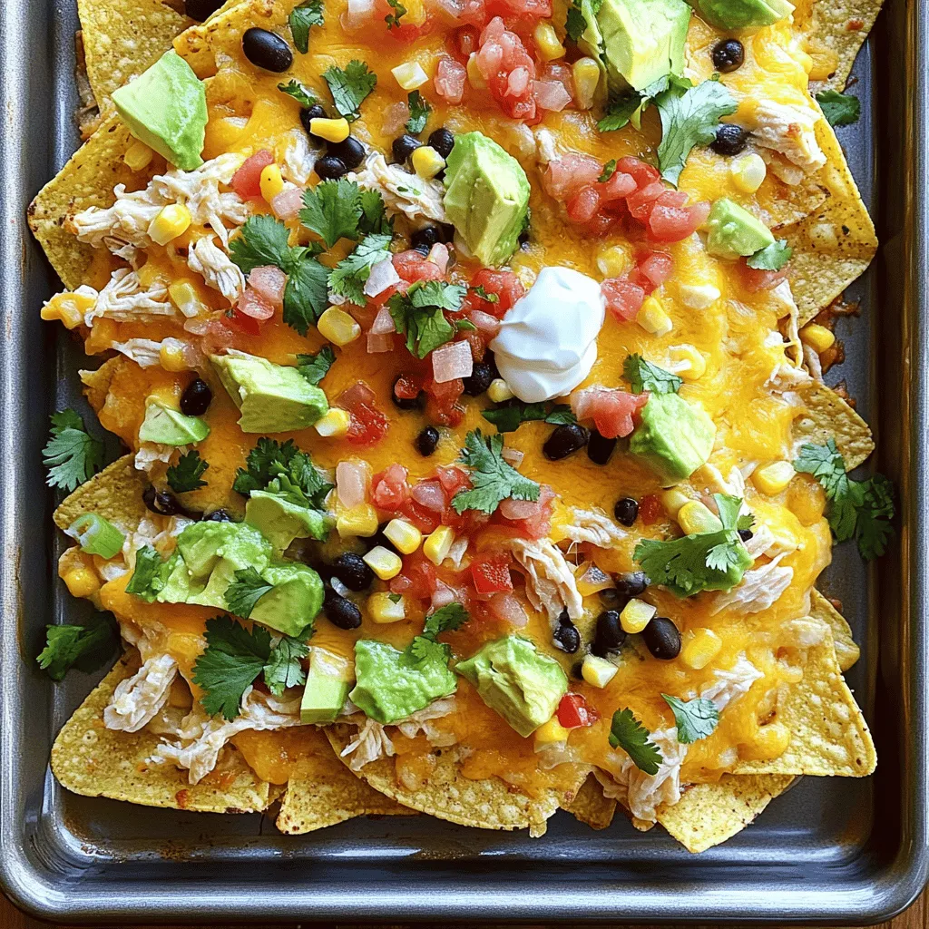 - 2 cups cooked chicken, shredded - 1 bag (12 oz) tortilla chips - 2 cups shredded cheddar cheese - 1 cup black beans, rinsed and drained - 1 cup corn kernels Loaded chicken nachos need simple, fresh ingredients to shine. Start with cooked chicken. You can use leftover chicken or rotisserie. Shredded chicken blends well with other flavors. Next, grab a bag of tortilla chips. Look for sturdy chips that can hold toppings. They give a nice crunch. Cheddar cheese is the star of this dish. It melts beautifully and adds rich flavor. Use sharp cheddar for a bold taste or mild for a softer flavor. Black beans add protein and fiber. Rinse and drain them before adding. They provide a creamy texture. Corn adds sweetness and color. You can use fresh corn or canned. Either option works well. Feel free to add optional spices and seasonings. A bit of cumin or chili powder can give your nachos a kick. You can find the full recipe for more details and tips. First, preheat your oven to 375°F (190°C). This step warms the oven for perfect nachos. Next, heat the chicken mixture on the stovetop. In a medium skillet, add one tablespoon of olive oil over medium heat. Then, mix in the shredded chicken, black beans, and corn. Season with salt and pepper. Stir until everything is warm, around five minutes. Now, let’s layer the chips and toppings. Take a large baking sheet and lay out the tortilla chips in a single layer. This creates a base for all your tasty toppings. Spoon the heated chicken mixture over the chips evenly. Then, sprinkle the shredded cheddar cheese all over the top. If you like heat, add jalapeño slices too. Place the baking sheet in the preheated oven. Bake for about 10 to 12 minutes. The cheese should melt and bubble up nicely. After baking, carefully take the nachos out of the oven. Add fresh pico de gallo on top and diced avocado. Drizzle sour cream to make them creamy. For a pop of color and flavor, sprinkle fresh cilantro all over. For serving, you can put the nachos on the baking sheet for a casual vibe. Or, transfer them to a colorful platter for a festive look. Don’t forget to serve extra salsa on the side! Enjoy your Loaded Chicken Nachos, and let the flavors shine! To make great nachos, even topping distribution is key. Start by spreading your tortilla chips out in a single layer. This way, every chip gets its fair share of toppings. Use a spoon to evenly spread the chicken mixture. This keeps every bite flavorful and satisfying. Maintaining chip crunchiness is another important part. Bake your nachos just until the cheese melts. If you bake them too long, the chips can become soggy. Remove them from the oven as soon as the cheese is bubbly and golden. To add depth to your nachos, consider using spices like cumin or chili powder. A sprinkle of these spices can elevate the taste. If you want a cheesy twist, try different types of cheese. Pepper jack cheese adds a nice kick. For a creamy flavor, consider using a mix of cheddar and mozzarella. For parties, serve your nachos on a large platter. This makes sharing easy and fun. You can also use a baking sheet for a casual vibe. Add colorful garnishes like chopped cilantro or sliced jalapeños. These not only look great but also add fresh flavors. You can serve extra salsa on the side for dipping to enhance the experience. {{image_4}} You can make loaded chicken nachos healthier. Start with low-fat cheese. This reduces calories without losing flavor. Use baked tortilla chips instead of fried ones. They give you the crunch you crave but with less grease. If you want a vegetarian dish, swap the chicken for black beans or grilled vegetables. These options are tasty and good for you! Want to spice things up? Add more heat with sliced jalapeños. You can also mix in a spicy salsa for extra kick. For a fun twist, try sweet and savory nachos. Drizzle honey or maple syrup over everything. It adds a unique taste that surprises your guests. The balance of sweet and salty is always a hit! Feel free to mix up the proteins! You can use ground turkey or beef for different tastes. If you prefer beans, try pinto or kidney beans. They work well too. Seasonal toppings can make your nachos special. In summer, add fresh tomatoes or corn. In fall, consider roasted pumpkin or squash. These swaps keep your nachos exciting and fresh! For more details on making these delicious nachos, check out the Full Recipe! To keep your loaded chicken nachos fresh, store them in airtight containers. First, let the nachos cool down. Then, cover them gently with plastic wrap or foil before placing them in the container. This helps keep moisture out. Avoid stacking chips on top of each other to prevent them from getting soggy. You can also store the toppings, like sour cream and salsa, separately to keep everything fresh. Reheating nachos can be tricky. You want to keep the chips crispy. To do this, use an oven or toaster oven. Preheat it to 350°F (175°C). Spread the nachos on a baking sheet and heat for about 5 to 10 minutes. If you're in a hurry, a microwave works too, but it may make the chips soft. Place a paper towel over the nachos in the microwave to help absorb moisture. Loaded chicken nachos can be stored in the fridge for up to three days. Look for signs of spoilage, like a sour smell or mold. If you see any, it's best to throw them away. Always check your nachos before eating them, to ensure they are still good. For the best flavor, enjoy your leftovers within the first couple of days. For the full recipe, check out the complete guide! You can use many types of cooked chicken. Here are some great options: - Rotisserie chicken: This is a quick choice. It’s already cooked and very flavorful. - Grilled chicken: Perfect for a smoky taste. Grill it simply with salt and pepper. - Baked chicken: Bake chicken breasts with spices for juicy flavor. Shred it once cooked. - Leftover chicken: Any leftover chicken works! Just make sure it’s shredded. Each option brings its own taste. Choose what you enjoy most! Yes, you can prep ahead! Here are some best practices: - Cook the chicken: Shred your chicken and store it in the fridge. - Prep toppings: Chop veggies and make salsa. Keep them in airtight containers. - Layer chips: Store chips in a cool, dry place. Avoid moisture to keep them crisp. When ready to serve, just layer everything and bake. It's that easy! If you want alternatives, try these options: - Pita chips: Crispy and flavorful. They hold toppings well. - Vegetable chips: Sweet potato or beet chips add a fun twist. - Baked tortillas: Cut corn or flour tortillas into chips and bake them. - Nacho fries: Use French fries for a unique base. They soak up flavors nicely. These substitutes can change the flavor profile of your nachos. Feel free to experiment! Loaded chicken nachos are a fun and tasty dish. We covered ingredients, preparation steps, and baking tips. You learned how to enhance flavor and presentation. I shared ways to make them healthier or switch up ingredients. Don't forget about storing leftovers and reheating them right. These nachos can fit any meal, party, or snack time. With the right tips, you can impress your friends and family. Enjoy creating and sharing your delicious nachos.