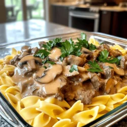 - 2 lbs beef sirloin, thinly sliced - 2 tablespoons olive oil - 1 medium onion, finely chopped - 3 cloves garlic, minced - 8 oz mushrooms, sliced (preferably cremini for added flavor) - 2 cups beef broth (preferably low-sodium) - 1 cup sour cream (full-fat is best for creaminess) - 2 tablespoons Dijon mustard - 1 tablespoon Worcestershire sauce (optional but recommended for depth of flavor) - Salt and black pepper, to taste - 12 oz egg noodles (egg fettuccine can also be used for a thicker texture) - Fresh parsley, chopped (for garnish) If you want to switch things up, you can use chicken or turkey instead of beef. For a lighter dish, swap sour cream with Greek yogurt. Those who are dairy-free can use coconut cream. If you are gluten-free, use gluten-free egg noodles or rice noodles. This recipe is flexible and can fit most diets with a few simple swaps. When choosing beef, look for sirloin with good marbling. This adds flavor and tenderness. Opt for fresh mushrooms; they should feel firm and not slimy. For the broth, a low-sodium option is best to control salt levels. Fresh herbs will brighten the dish, so choose parsley that looks vibrant and green. Always aim for ingredients that are in-season for the best taste. Start by boiling water in a large pot. Make sure to add a good amount of salt. Once the water is boiling, carefully add the egg noodles. Cook them for about 7 to 10 minutes. You want them to be al dente, meaning they should be firm but not hard. When they are ready, drain the noodles in a colander. Return them to the pot and set aside while you prepare the beef and sauce. Next, heat olive oil in a deep skillet over medium-high heat. Wait until the oil shimmers. Add the thinly sliced beef in batches. This keeps the pan from getting too crowded. Sear each batch for 2 to 3 minutes on each side. You want a nice brown crust to form. Once all the beef is browned, take it out of the skillet and place it on a plate. This step locks in the beef's flavor. In the same skillet, lower the heat to medium. Add the chopped onion and minced garlic. Sauté them for about 3 to 4 minutes. Stir occasionally until the onion becomes soft and clear. Then, add the sliced mushrooms. Cook them for another 5 minutes. The mushrooms should become tender and release their moisture. Pour in the beef broth and scrape the bottom of the skillet. This captures all the tasty bits. Let it simmer for about 5 minutes, then stir in the Dijon mustard and Worcestershire sauce. Now, return the seared beef to the skillet. Gently mix in the sour cream. Heat this through for 3 to 5 minutes but do not let it boil. Finally, fold in the cooked egg noodles until they are well coated with the sauce. For the full recipe, refer to the earlier section. Enjoy your cooking experience! When making Beef Stroganoff, a few common errors can ruin your dish. First, don’t overcrowd the pan when searing the beef. This leads to steaming instead of browning. Second, avoid boiling the sauce after adding sour cream. It can curdle and spoil the creamy texture. Lastly, don’t skip seasoning your beef. A little salt and pepper make a big difference in flavor. To make your Beef Stroganoff even better, think about adding a splash of white wine. This adds depth and a hint of acidity. Fresh herbs, such as thyme or rosemary, can also boost the flavor. A pinch of smoked paprika gives a lovely warmth. For a richer sauce, consider using a mix of beef broth and stock. Experimenting with these flavors can turn a good dish into a great one. Serve your Beef Stroganoff warm, around 160°F (71°C). This temperature keeps the flavors vibrant and the sauce creamy. To check the temp, use a food thermometer in the center of the dish. If you want to keep it warm while serving, use a low oven (around 200°F or 93°C). This ensures everyone enjoys the meal at its best temperature. For the full recipe, check out Creamy Beef Stroganoff over Egg Noodles. {{image_4}} You can make a tasty vegetarian version of beef stroganoff. Replace the beef with a mix of hearty vegetables. I suggest using mushrooms, zucchini, and bell peppers. These will add great flavor and texture. Use vegetable broth instead of beef broth. Add tofu or tempeh for protein. Finally, mix in some cashew cream for creaminess. To make this dish gluten-free, swap the egg noodles for gluten-free pasta. You can find many options made from rice or corn. Ensure the beef broth and Worcestershire sauce are gluten-free as well. These small changes keep the flavor while making it safe for those with gluten allergies. Feel free to get creative with your stroganoff! Consider adding spinach or kale for extra greens. You might also try incorporating a splash of red wine for depth. Another fun addition is a bit of mustard for a tangy twist. These add-ins can elevate your dish and surprise your guests. After enjoying your Beef Stroganoff, let it cool down. Place leftovers in an airtight container. This helps keep the dish fresh. Store it in the fridge for up to three days. When ready to eat, check for any off smells. If it smells good, it’s safe to reheat. To freeze, use freezer-safe bags or containers. Make sure to remove as much air as possible. Label the bags with the date. You can freeze Beef Stroganoff for up to three months. When you want to eat it, thaw it in the fridge overnight before reheating. Reheat your Beef Stroganoff gently. Use a pan on low heat for even warming. Stir often to prevent sticking. You can add a splash of broth or water to keep it creamy. If using a microwave, warm in short bursts at medium power. Stir between intervals for even heating. Enjoy your meal just like the first time! You can use Greek yogurt as a great swap for sour cream. It gives a similar tang and creaminess. You can also try cream cheese, but it may change the flavor a bit. For a dairy-free option, use cashew cream or coconut yogurt. Yes, you can choose other pasta types. Penne or fusilli work well too. Just make sure to cook them to the right texture. Egg fettuccine is thicker and gives a nice bite. To cut calories, use lean beef cuts like flank steak. Swap sour cream for low-fat yogurt or cottage cheese. You can also use whole wheat noodles for extra fiber and reduce the oil used in cooking. Reheat on the stove over low heat to keep it creamy. Add a splash of broth to prevent drying. Stir often to warm evenly. You can also use the microwave, but cover it and use short bursts to avoid overheating. - Full Recipe: Creamy Beef Stroganoff over Egg Noodles 🥩 In this post, we explored the ingredients needed for a creamy beef stroganoff over egg noodles. We discussed how to select top-quality items, possible substitutions, and cooking tips. Next, we walked through each cooking step to ensure great results. We also shared common pitfalls to avoid and suggested variations. Finally, the storage section covered best practices for leftovers. With these insights, you can now make a delicious dish that fits your needs. Enjoy your cooking journey!