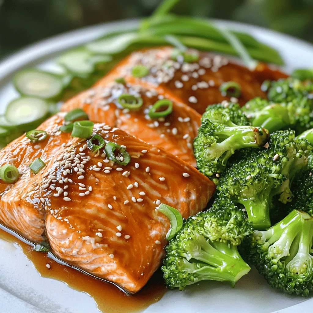 - 4 salmon fillets (approximately 6 oz each) - ¼ cup low-sodium soy sauce - 3 tablespoons honey - 2 tablespoons rice vinegar - 1 tablespoon sesame oil - 1 tablespoon freshly grated ginger - 3 cloves garlic, finely minced - 1 tablespoon cornstarch mixed with 2 tablespoons cold water (for thickening) - 4 cups fresh broccoli florets - 2 tablespoons sesame seeds - Sliced green onions for garnish When I make Teriyaki Salmon with Sesame Broccoli, I focus on fresh, quality ingredients. Salmon is my star here. It needs to be bright, firm, and fresh. The soy sauce brings the umami. I like low-sodium soy sauce because it balances flavors without being too salty. Honey adds sweetness. Rice vinegar gives a nice tang. Sesame oil rounds it out with a nutty flavor. Fresh ginger and garlic are key for depth. For the broccoli, I choose vibrant green florets. They provide crunch and color. Sesame seeds add a slight nutty taste and look great on the plate. Green onions are a must for garnish. They add a fresh, crisp bite. - Alternatives for salmon (e.g., chicken or tofu) - Types of soy sauce (e.g., tamari for gluten-free) - Sweeteners variation (e.g., maple syrup) If you want to switch it up, chicken works well too. Tofu is a great choice for a vegetarian dish. Tamari is a gluten-free option if you need it. You can also swap honey for maple syrup for a different sweetness. These changes keep the dish exciting and personal. You can follow the [Full Recipe](#) for all the details! To make the teriyaki sauce, gather your ingredients. In a small saucepan, combine low-sodium soy sauce, honey, rice vinegar, sesame oil, grated ginger, and minced garlic. Heat this mixture over medium heat. Stir it well and bring it to a gentle simmer. This helps blend all the flavors. Once it simmers, mix cornstarch with cold water in a small bowl. Add this to the sauce while stirring. Keep stirring for about 1-2 minutes. You will notice the sauce thickening. It should look glossy and smooth. Remove it from the heat and let it cool slightly. Next, it's time to marinate the salmon. Arrange your salmon fillets in a shallow dish. Make sure they lay in a single layer. Pour half of the teriyaki sauce over the fillets. Use your spoon to coat each piece well. This will add great flavor. Allow the salmon to marinate for at least 15 minutes. This step is key to infusing the fish with that delicious teriyaki flavor. Do not forget to keep the remaining sauce for later use. Now, let's cook the broccoli and salmon. Begin by steaming the broccoli florets. Use a large pot with a steamer basket. Steam the broccoli for about 5-7 minutes. You want it to be bright green and tender-crisp. After steaming, drizzle some sesame oil over the broccoli. Toss in sesame seeds to enhance the flavor and look. Set this aside for now. For the salmon, preheat a non-stick skillet over medium-high heat. Gently take the salmon from the marinade. Let any excess sauce drip off. Place the fillets skin-side down in the hot skillet. Cook them for about 5-6 minutes. Then, flip the fillets and cook for another 3-4 minutes. During the last moments, brush the salmon with the reserved teriyaki sauce. This adds a lovely glaze. Your salmon should now be fully cooked, tender, and bursting with flavor. For the full recipe, check the earlier section. Enjoy your tasty creation! To cook salmon right, aim for an internal temperature of 145°F. This ensures it's safe to eat and still juicy. Use a food thermometer for accuracy. Cook salmon skin-side down in a hot skillet. This technique helps keep the fish moist and allows the skin to get crispy. Avoid crowds in the pan; cook in batches if needed. To keep broccoli bright green and crunchy, steam it for just 5-7 minutes. Don’t overcook it! This method locks in color and nutrients. You can mix up the flavors of your broccoli. Try adding garlic, lemon juice, or chili flakes for a kick. A sprinkle of salt and pepper works well too. When serving, place the salmon next to the broccoli on a clean white plate. This contrast makes the colors pop. Drizzle some teriyaki sauce over the salmon for added shine. For extra flair, garnish with sliced green onions and a few sesame seeds. These small touches enhance the dish's look and make it more appealing. For the full recipe, check out the detailed instructions above. {{image_4}} You can make this dish even healthier. Here are some easy ideas: - Use less honey or choose a natural sweetener like agave. - Add extra veggies like bell peppers or carrots for more fiber. These swaps keep the flavor while boosting health benefits. Want to change up the taste? Here are some fun options: - Add chili flakes for some heat or fresh cilantro for brightness. - Include citrus notes like lime or lemon zest for a tangy twist. These changes will give your meal a whole new vibe. Time to explore global flavors! Consider these ideas: - Use different sesame oils, like toasted sesame, for a rich taste. - Try making teriyaki tacos with tortillas and fresh toppings. These twists will keep your dinner exciting and fresh. Check out the Full Recipe for all the details! To keep your teriyaki salmon and sesame broccoli fresh, follow these simple tips: - Place leftovers in airtight containers. - Let the food cool to room temperature first. - Store in the fridge for up to three days. - Always cover the salmon to prevent it from drying out. Using good containers helps keep moisture in. This way, your meal stays tasty and fresh. Reheating can be tricky. Here’s how to do it without drying out the food: - Use the microwave on low power. Aim for 30 seconds at a time. - Alternatively, warm it in a skillet over low heat. - Add a splash of water to keep moisture. Check that the salmon reaches 145°F to ensure it’s safe to eat. This keeps it juicy and flavorful. If you want to save your meal for later, freezing works well. Here’s how: - Let the dish cool completely before freezing. - Wrap each salmon fillet tightly in plastic wrap. - Place the broccoli in a freezer-safe bag. To thaw, move the food to the fridge overnight. Reheat gently in the microwave or skillet. This keeps the taste and texture just right. Remember, you can find the full recipe for teriyaki salmon with sesame broccoli to recreate this dish anytime! Look for two signs: flakiness and color. When salmon is done, it will flake easily with a fork. The color should change from dark pink to a lighter, opaque hue. Insert a fork into the thickest part of the fillet. If it breaks apart easily, it’s ready to eat. Yes, making teriyaki sauce is simple! Mix ¼ cup low-sodium soy sauce, 3 tablespoons honey, 2 tablespoons rice vinegar, 1 tablespoon sesame oil, 1 tablespoon grated ginger, and 3 minced garlic cloves. Heat this in a small pan. Once it simmers, add 1 tablespoon cornstarch mixed with 2 tablespoons water to thicken. Stir until glossy, and it’s ready! For a complete meal, try these sides: - Steamed white rice or brown rice - Roasted sweet potatoes - Cucumber salad with sesame dressing - Stir-fried vegetables like bell peppers and carrots These sides enhance the meal and add more flavor to your plate. You can find the full recipe for Teriyaki Bliss Salmon with Sesame Broccoli above! This guide covered everything you need for teriyaki salmon. From choosing the right ingredients to cooking tips, it's all here. Remember to adjust flavors for your taste and try different ingredients. Your meal can be healthy and delicious with just a few changes. Don't forget to store leftovers properly or freeze them for later. Enjoy cooking and serving this dish. With practice, you will impress everyone at your table. Now, get ready to enjoy teriyaki salmon like a pro!