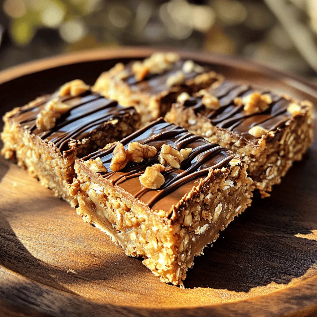 - 2 cups rolled oats - 1 cup natural peanut butter - 1/2 cup honey or maple syrup These main ingredients create a solid base. Rolled oats give the bars chewiness. Peanut butter adds creaminess and protein. Honey or maple syrup brings natural sweetness and binds everything together. This mix works great for a quick snack. - 1/2 cup packed brown sugar - 1/2 teaspoon salt - 1 teaspoon pure vanilla extract Adding brown sugar boosts sweetness. Salt enhances all flavors, making them pop. Vanilla extract provides depth and warmth. These extra ingredients transform simple bars into a tasty treat. - 1/4 cup mini chocolate chips - 1/4 cup chopped nuts (walnuts or almonds) Mix-ins add fun flavors and textures. Mini chocolate chips create bursts of sweetness. Chopped nuts give crunch and healthy fats. Feel free to add any of these for a personal touch. For full details, check the [Full Recipe]. - Preheat the oven to 350°F (175°C). - Line an 8x8-inch baking dish with parchment paper. - In a large bowl, whisk together 2 cups rolled oats, 1/2 cup packed brown sugar, and 1/2 teaspoon salt. - In a separate microwave-safe bowl, warm 1 cup natural peanut butter and 1/2 cup honey (or maple syrup) for about 30 seconds in the microwave. - Stir the warm peanut butter mixture and 1 teaspoon pure vanilla extract until smooth. - Pour this mixture over the dry oat mixture. Mix well to combine all ingredients. If you like, fold in 1/4 cup mini chocolate chips and 1/4 cup chopped nuts at this point. - Transfer the mixture to the lined baking dish. Press it down firmly and evenly with a spatula or your hands. - Bake for 20-25 minutes until the edges turn a lovely golden brown. - Allow the dish to cool completely on a wire rack before lifting the bars out using the parchment overhang. Cut them into squares or rectangles. For the Full Recipe, remember these steps and ingredients will guide you to a tasty snack! To get the best texture for your Peanut Butter Oatmeal Bars, press the mixture down evenly. Use your hands or a spatula. This helps the bars hold together. After baking, let them cool in the dish. Cooling helps the bars firm up and makes cutting easier. Want to kick up the flavor? Try adding spices like cinnamon or nutmeg. A splash of almond extract also works well. If you want something different, swap out chocolate chips for dried fruits or seeds. You can use raisins or cranberries for a fruity twist. To make your bars look nice, arrange them on a decorative plate. For added flair, drizzle melted chocolate over the top. This makes the bars pop and adds sweetness. You can also sprinkle extra chopped nuts on top for a nice touch. {{image_4}} You can switch up the peanut butter for other nut butters. Try almond butter or sunflower seed butter for a fun twist. Each option gives a unique taste. You can also change the sweetener. Use agave syrup or coconut sugar instead of honey or maple syrup. These swaps can add new flavors and sweetness levels to your bars. Adding dried fruits can boost flavor and nutrition. Try mixing in raisins or cranberries for a chewy texture. You can also use seeds like chia or flaxseed. They add extra fiber and healthy fats. These add-ins make your bars even more delicious and nutritious. If you're gluten-free, use certified gluten-free oats. They provide the same great taste without gluten. You can also make these bars vegan. Simply substitute honey with maple syrup. This keeps your bars sweet without animal products. For the full recipe, check out the detailed instructions above. To keep your Peanut Butter Oatmeal Bars fresh, use airtight containers. Glass or plastic containers work well. You can also wrap them in plastic wrap. This helps keep moisture in and air out. You can store the bars at room temperature. They will stay fresh for a few days. If you want them to last longer, place them in the fridge. Chilling them makes the bars firmer and easier to cut. When stored properly, these bars can last up to one week at room temperature. In the fridge, they can last up to two weeks. Look for signs that the bars have spoiled. If they smell off or have mold, it’s time to toss them. Changes in color or texture can also mean they are not safe to eat. Always check before enjoying your snack! Yes, you can make these bars ahead. They stay fresh for up to a week. Store them in an airtight container at room temperature. For longer storage, place them in the fridge. If you want to reheat them, just pop them in the microwave for a few seconds. This warms them up nicely and keeps them soft. To avoid crumbly bars, make sure to press the mixture down firmly. Use your hands or a spatula to create a compact layer in the baking dish. Also, let the bars cool in the dish. Cooling helps them set, making them firmer. If they still crumble, try adding a bit more peanut butter or honey to bind them better. Yes, you can freeze these bars! After they cool completely, cut them into squares. Wrap each bar in plastic wrap and place them in a freezer bag. Label the bag with the date. To thaw, take out a bar and leave it in the fridge overnight. You can also microwave it for about 30 seconds. Enjoy the convenience of having a tasty snack ready anytime! In this blog post, we explored the world of peanut butter oatmeal bars. We covered key ingredients, step-by-step instructions, and tips for the perfect texture. You learned about variations, storage best practices, and how to answer common questions. These bars are versatile and easy to make. They’re a healthy snack for any day. Try using different nut butters or sweeteners to find your favorite twist. Enjoy making these delicious treats!