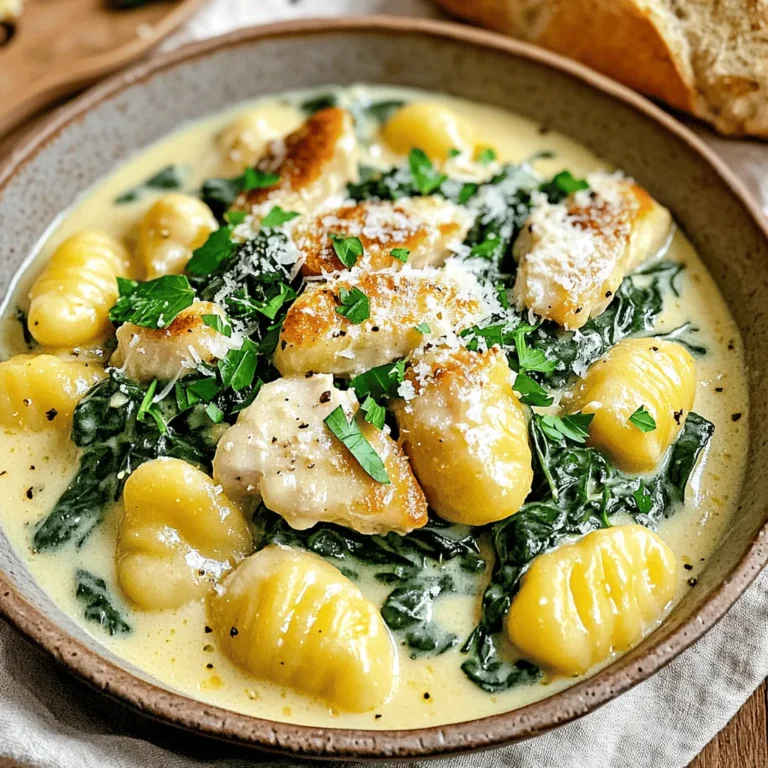 - Gnocchi: You can choose between store-bought or homemade gnocchi. Store-bought saves time and is very easy to find. Homemade adds a personal touch and lets you control the ingredients. If you want to try making your own, check out some simple recipes online! - Chicken: Look for boneless, skinless chicken breasts. Fresh, high-quality chicken gives the best taste. Choose pieces that are pink and firm, with no signs of browning. Cut them into bite-sized pieces for even cooking. - Dairy: Heavy cream is key for that creamy texture. It makes the sauce rich and smooth. Parmesan cheese adds a wonderful salty flavor. Freshly grated cheese is best, but pre-grated works too in a pinch. - Herbs and spices: Simple seasoning like salt and pepper enhances the dish. Fresh parsley adds color and a fresh taste. Don’t be shy with these, as they really bring the meal to life! - Optional veggies: Adding fresh spinach gives a nice pop of color and nutrition. You might also try peas, broccoli, or bell peppers. Chop them small so they cook quickly and blend well with the gnocchi. These ingredients come together for a delightful dish. For the full recipe, check out the detailed instructions above. To start, boil water in a large pot. Add salt to the water for flavor. When the water is boiling, carefully add the gnocchi. Cook them for about 2-3 minutes. You will know they are done when they float to the top. This means they are soft and ready. After cooking, drain the gnocchi and set them aside. This step is key to keep them from getting soggy later. Next, heat 2 tablespoons of olive oil in a large skillet over medium heat. Once the oil shimmers, add the diced chicken. It’s important to season the chicken with salt and pepper. This helps bring out the flavor. Cook the chicken for about 5-7 minutes. Stir occasionally until the chicken turns golden brown and is cooked through. A nice sear creates a great crust. Now it's time for the sauce. Add 3 cloves of minced garlic to the chicken. Sauté for about a minute until the garlic is fragrant. Be careful not to burn it, as burnt garlic can taste bitter. Pour in 1 cup of chicken broth and 1 cup of heavy cream. Stir well to mix. Turn up the heat slightly and let it simmer. This will help thicken the sauce and combine all the flavors. For a full guide on these steps, refer to the Full Recipe. To achieve that perfect creamy texture in your sauce, avoid a few common mistakes. First, don’t add the cream too early. If you pour it in before the broth, the sauce can become too thin. Instead, wait until your broth is simmering. For thickening, consider these techniques: - Cornstarch slurry: Mix equal parts cornstarch and cold water. Add this to your sauce for instant thickness. - Reduce the sauce: Let it simmer longer. This concentrates the flavors and thickens naturally. Using a skillet is key for quick meal prep. A large skillet heats evenly and allows for easy mixing. Make sure your skillet is hot before adding the chicken. This gives it a nice sear and keeps it juicy. For time-saving prep: - Prep ingredients ahead: Chop your garlic and spinach while the water boils. - Use store-bought gnocchi: This cuts cooking time down to just a few minutes. Check the package for exact times. By following these tips, you’ll make Quick Creamy Chicken Gnocchi a delightful and easy meal! For the full recipe, check the earlier section. {{image_4}} You can easily swap ingredients in this dish. If you want a vegetarian option, try using mushrooms or tofu instead of chicken. Both add great texture and soak up flavors well. You could also use shrimp or turkey for a different protein twist. For sauces, you can explore lighter options. Use vegetable broth instead of chicken broth for a fresh taste. If you want to cut down on calories, consider using a cream alternative like cashew cream or coconut milk. These options blend well and keep the dish creamy. Adding spices can elevate your meal. If you like heat, sprinkle in some red pepper flakes. This small change can make a big difference in flavor. You can also experiment with fresh herbs. A pinch of thyme or basil can add depth. When it comes to cheese, don’t feel limited to Parmesan. Try crumbled goat cheese or feta for a tangy twist. These cheeses melt nicely and add a new layer of flavor. You will enjoy the fresh taste they bring to your creamy chicken gnocchi. For the full recipe, check the detailed steps above. After making Quick Creamy Chicken Gnocchi, you may have some leftovers. Store them in the fridge for 3-4 days. Use an airtight container to keep the gnocchi fresh. Label the container with the date to track how long it stays good. Can you freeze creamy chicken gnocchi? Yes, you can! To freeze, place the dish in a freezer-safe container. Leave some space at the top for expansion. It can last up to three months in the freezer. When you’re ready to eat it, thaw it in the fridge overnight. To reheat your creamy chicken gnocchi, the best method is on the stove. Use a skillet over low heat. Add a splash of chicken broth or cream to keep it moist. Stir it gently to avoid sticking. If you notice the sauce is too thick, don’t worry! Just add a bit more broth or cream while reheating. This helps restore that creamy texture. Enjoy your delicious meal again! For the Full Recipe, check the main article. Making this dish takes about 25 minutes. You spend around 10 minutes prepping the ingredients. Cooking the gnocchi and chicken takes the rest of the time. The steps flow easily, so you won’t feel rushed. You will enjoy a warm meal in no time! Yes, you can use frozen gnocchi. If using frozen gnocchi, add them directly to boiling water. They will take 3-5 more minutes to cook. Make sure they float to the top to know they are done. Fresh gnocchi cooks faster, so pay attention to the time. Quick Creamy Chicken Gnocchi is great for meal prep. You can cook it ahead and store it in the fridge. Keep the dish in an airtight container for 3-4 days. When reheating, add a splash of cream to keep it creamy. This way, your meal stays rich and tasty! You can also freeze portions for later. In this blog post, we covered how to make a delicious creamy chicken gnocchi. We looked at key ingredients, including store-bought versus homemade gnocchi, and the importance of quality chicken and dairy. You learned tips for seasoning and adding vegetables for more flavor. Finally, remember that you can swap ingredients and explore new flavors. Use these steps to create a meal that's easy and tasty, whether you're eating now or storing leftovers. Enjoy this fun recipe!