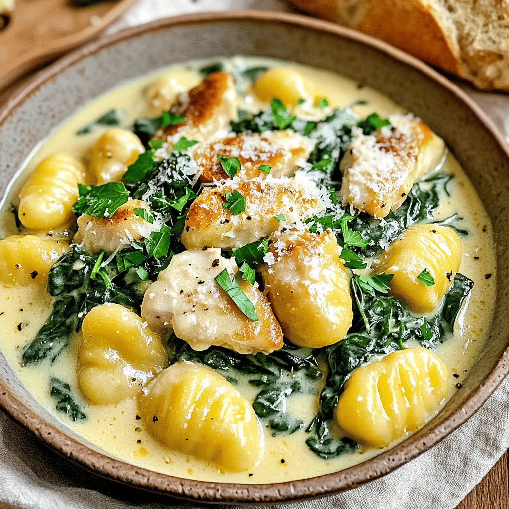 - Gnocchi: You can choose between store-bought or homemade gnocchi. Store-bought saves time and is very easy to find. Homemade adds a personal touch and lets you control the ingredients. If you want to try making your own, check out some simple recipes online! - Chicken: Look for boneless, skinless chicken breasts. Fresh, high-quality chicken gives the best taste. Choose pieces that are pink and firm, with no signs of browning. Cut them into bite-sized pieces for even cooking. - Dairy: Heavy cream is key for that creamy texture. It makes the sauce rich and smooth. Parmesan cheese adds a wonderful salty flavor. Freshly grated cheese is best, but pre-grated works too in a pinch. - Herbs and spices: Simple seasoning like salt and pepper enhances the dish. Fresh parsley adds color and a fresh taste. Don’t be shy with these, as they really bring the meal to life! - Optional veggies: Adding fresh spinach gives a nice pop of color and nutrition. You might also try peas, broccoli, or bell peppers. Chop them small so they cook quickly and blend well with the gnocchi. These ingredients come together for a delightful dish. For the full recipe, check out the detailed instructions above. To start, boil water in a large pot. Add salt to the water for flavor. When the water is boiling, carefully add the gnocchi. Cook them for about 2-3 minutes. You will know they are done when they float to the top. This means they are soft and ready. After cooking, drain the gnocchi and set them aside. This step is key to keep them from getting soggy later. Next, heat 2 tablespoons of olive oil in a large skillet over medium heat. Once the oil shimmers, add the diced chicken. It’s important to season the chicken with salt and pepper. This helps bring out the flavor. Cook the chicken for about 5-7 minutes. Stir occasionally until the chicken turns golden brown and is cooked through. A nice sear creates a great crust. Now it's time for the sauce. Add 3 cloves of minced garlic to the chicken. Sauté for about a minute until the garlic is fragrant. Be careful not to burn it, as burnt garlic can taste bitter. Pour in 1 cup of chicken broth and 1 cup of heavy cream. Stir well to mix. Turn up the heat slightly and let it simmer. This will help thicken the sauce and combine all the flavors. For a full guide on these steps, refer to the Full Recipe. To achieve that perfect creamy texture in your sauce, avoid a few common mistakes. First, don’t add the cream too early. If you pour it in before the broth, the sauce can become too thin. Instead, wait until your broth is simmering. For thickening, consider these techniques: - Cornstarch slurry: Mix equal parts cornstarch and cold water. Add this to your sauce for instant thickness. - Reduce the sauce: Let it simmer longer. This concentrates the flavors and thickens naturally. Using a skillet is key for quick meal prep. A large skillet heats evenly and allows for easy mixing. Make sure your skillet is hot before adding the chicken. This gives it a nice sear and keeps it juicy. For time-saving prep: - Prep ingredients ahead: Chop your garlic and spinach while the water boils. - Use store-bought gnocchi: This cuts cooking time down to just a few minutes. Check the package for exact times. By following these tips, you’ll make Quick Creamy Chicken Gnocchi a delightful and easy meal! For the full recipe, check the earlier section. {{image_4}} You can easily swap ingredients in this dish. If you want a vegetarian option, try using mushrooms or tofu instead of chicken. Both add great texture and soak up flavors well. You could also use shrimp or turkey for a different protein twist. For sauces, you can explore lighter options. Use vegetable broth instead of chicken broth for a fresh taste. If you want to cut down on calories, consider using a cream alternative like cashew cream or coconut milk. These options blend well and keep the dish creamy. Adding spices can elevate your meal. If you like heat, sprinkle in some red pepper flakes. This small change can make a big difference in flavor. You can also experiment with fresh herbs. A pinch of thyme or basil can add depth. When it comes to cheese, don’t feel limited to Parmesan. Try crumbled goat cheese or feta for a tangy twist. These cheeses melt nicely and add a new layer of flavor. You will enjoy the fresh taste they bring to your creamy chicken gnocchi. For the full recipe, check the detailed steps above. After making Quick Creamy Chicken Gnocchi, you may have some leftovers. Store them in the fridge for 3-4 days. Use an airtight container to keep the gnocchi fresh. Label the container with the date to track how long it stays good. Can you freeze creamy chicken gnocchi? Yes, you can! To freeze, place the dish in a freezer-safe container. Leave some space at the top for expansion. It can last up to three months in the freezer. When you’re ready to eat it, thaw it in the fridge overnight. To reheat your creamy chicken gnocchi, the best method is on the stove. Use a skillet over low heat. Add a splash of chicken broth or cream to keep it moist. Stir it gently to avoid sticking. If you notice the sauce is too thick, don’t worry! Just add a bit more broth or cream while reheating. This helps restore that creamy texture. Enjoy your delicious meal again! For the Full Recipe, check the main article. Making this dish takes about 25 minutes. You spend around 10 minutes prepping the ingredients. Cooking the gnocchi and chicken takes the rest of the time. The steps flow easily, so you won’t feel rushed. You will enjoy a warm meal in no time! Yes, you can use frozen gnocchi. If using frozen gnocchi, add them directly to boiling water. They will take 3-5 more minutes to cook. Make sure they float to the top to know they are done. Fresh gnocchi cooks faster, so pay attention to the time. Quick Creamy Chicken Gnocchi is great for meal prep. You can cook it ahead and store it in the fridge. Keep the dish in an airtight container for 3-4 days. When reheating, add a splash of cream to keep it creamy. This way, your meal stays rich and tasty! You can also freeze portions for later. In this blog post, we covered how to make a delicious creamy chicken gnocchi. We looked at key ingredients, including store-bought versus homemade gnocchi, and the importance of quality chicken and dairy. You learned tips for seasoning and adding vegetables for more flavor. Finally, remember that you can swap ingredients and explore new flavors. Use these steps to create a meal that's easy and tasty, whether you're eating now or storing leftovers. Enjoy this fun recipe!