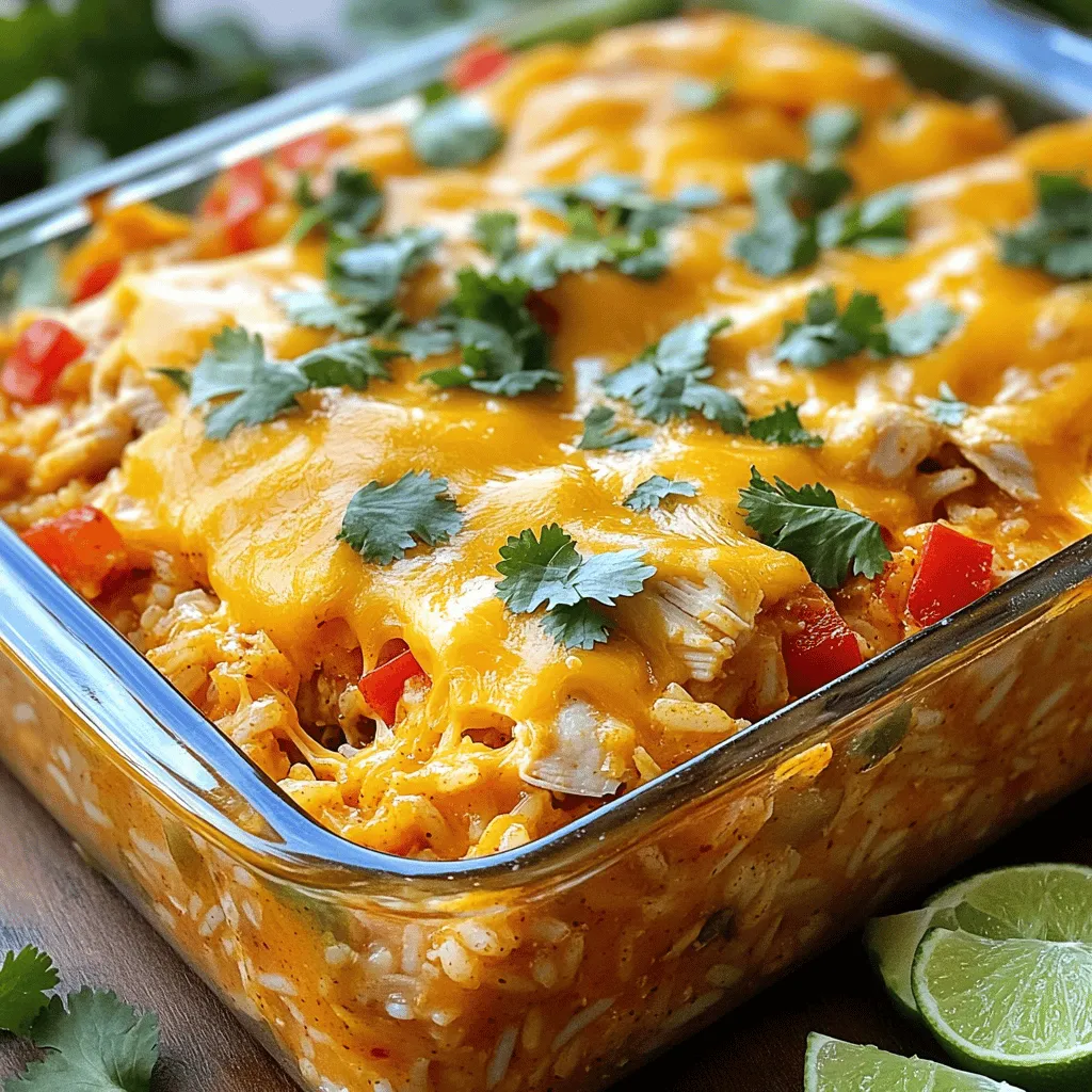 For a tasty Spicy Chicken and Rice Casserole, you will need: - 2 cups cooked rice (white or brown) - 1 pound boneless, skinless chicken breasts, diced into bite-sized pieces - 1 can (15 oz) diced tomatoes with green chilies, drained - 1 can (15 oz) black beans, rinsed and drained - 1 cup corn (can be fresh, frozen, or canned) - 1 red bell pepper, chopped into small pieces - 1 medium onion, diced finely - 2 cloves garlic, minced or pressed - 1 tablespoon chili powder - 1 teaspoon ground cumin - 1/2 teaspoon smoked paprika - 1/2 teaspoon cayenne pepper (adjust based on heat preference) - 1 1/2 cups shredded cheddar cheese - 2 tablespoons olive oil - Salt and freshly ground black pepper to taste - Fresh cilantro, chopped (for garnish) If you need to convert measurements, here are some helpful tips: - 1 cup = 8 ounces - 1 pound = 16 ounces - 1 tablespoon = 3 teaspoons - 1 can (15 oz) = 1 3/4 cups This can help if you want to adjust the recipe. Using fresh ingredients can boost flavor in your casserole. Here are some tips: - Opt for fresh garlic and onions for a stronger taste. - Fresh bell peppers add crunch and color. - If you use canned items, rinse them well. This reduces excess salt and gives a better taste. - Frozen corn works great and saves time. Try to mix fresh and canned items for the best results. This balance makes your casserole rich and tasty. For a complete cooking guide, check out the Full Recipe. Start by gathering all your ingredients. Here’s what you need: - 2 cups cooked rice (white or brown) - 1 pound boneless, skinless chicken breasts, diced - 1 can (15 oz) diced tomatoes with green chilies, drained - 1 can (15 oz) black beans, rinsed and drained - 1 cup corn (can be fresh, frozen, or canned) - 1 red bell pepper, chopped - 1 medium onion, diced - 2 cloves garlic, minced - 1 tablespoon chili powder - 1 teaspoon ground cumin - 1/2 teaspoon smoked paprika - 1/2 teaspoon cayenne pepper - 1 1/2 cups shredded cheddar cheese - 2 tablespoons olive oil - Salt and black pepper to taste - Fresh cilantro, chopped Now that you have everything, prepare your workspace. Chop, dice, and measure each ingredient. This makes cooking faster and easier. Heat olive oil in a large skillet over medium heat. Add the diced onion and sauté for about 3-4 minutes until they turn soft. Next, add minced garlic and chopped red bell pepper. Stir them in for another minute. Now, add the diced chicken to the skillet. Season it with salt, black pepper, chili powder, cumin, smoked paprika, and cayenne. Cook this mixture for about 6-8 minutes. You want the chicken to be brown and fully cooked. Make sure to stir often to avoid any sticking. While the chicken cooks, take a large bowl. Combine the cooked rice, drained diced tomatoes, rinsed black beans, and corn. Mix these well. Once the chicken is ready, add it to this bowl. Stir everything together until it's well mixed. Grease a 9x13 inch baking dish with a little olive oil. Pour your chicken and rice mixture into the dish. Spread it out evenly. Now, sprinkle the shredded cheddar cheese on top. Make sure it covers the whole dish. Preheat your oven to 375°F (190°C). Once ready, place the casserole in the oven. Bake it for 25-30 minutes. You want the cheese to be melted and bubbly. After baking, take the dish out and let it sit for about 5 minutes. This helps it set. When serving, sprinkle some fresh cilantro on top for color. Enjoy the rich flavors of your spicy chicken and rice casserole! For the full recipe, check the section above. To make your dish just right, you need to perfect the spices. Start with the base spices: chili powder, cumin, and smoked paprika. These add depth and warmth. If you love heat, add more cayenne pepper. For less heat, reduce the amount or skip it altogether. Taste as you go! This way, you can find the balance that fits your family’s taste. Cheese is key in this casserole. I like to use sharp cheddar for its strong flavor. You can also try Monterey Jack for a milder taste. For a twist, mix in pepper jack. To melt cheese perfectly, layer it evenly on top. Bake until it’s golden and bubbly. If it’s not melting fast enough, broil it for a minute. Just keep an eye on it to avoid burning. A few mistakes can ruin your casserole. First, don’t skip the pre-cooking step for the chicken and veggies. This ensures they cook evenly. Second, avoid overcooking the rice before mixing. It can turn mushy in the oven. Lastly, don’t forget to let it cool a bit after baking. This helps the casserole set and makes serving easier. Follow these tips for a perfect spicy chicken and rice casserole every time. For the full recipe, check out the details above! {{image_4}} You can easily make a vegetarian version of this dish. Swap the chicken for hearty veggies. Consider using mushrooms, zucchini, or eggplant. These add great flavor and texture. You can also use tofu for protein. Just make sure to press it first to remove excess water. This adaptation keeps the spicy kick with the same seasonings. Feel free to get creative with your ingredients. You can replace black beans with pinto beans or chickpeas. Change the cheese to Monterey Jack for a milder taste. If you want more heat, add jalapeños or hot sauce. For a different twist, try adding quinoa instead of rice. Explore different vegetables based on what's in season. This flexibility helps you tailor the casserole to your preferences. Making this casserole ahead of time is a smart idea. You can prepare it in advance and store it in the fridge. Just cover it tightly with foil or plastic wrap. It will keep for about three days. To freeze, let it cool completely before wrapping. It can last for up to three months in the freezer. When you're ready to eat, bake it directly from frozen. Just add a few extra minutes to the baking time. This makes enjoying a warm meal easy and convenient. For the full recipe, check back to enjoy this hearty family dish! After enjoying your spicy chicken and rice casserole, let it cool down first. Then, transfer the leftovers into an airtight container. Be sure to seal it tightly. This keeps the flavors fresh and prevents spills. If you plan to eat it within a few days, store it in the fridge. When you’re ready to enjoy the leftovers, preheat your oven to 350°F (175°C). Place the casserole in an oven-safe dish. Cover it with foil to keep moisture in. Heat for about 20-25 minutes, or until it’s hot throughout. You can also microwave it. Just warm it in short intervals, stirring in between. Leftovers can last for about three to four days in the fridge. If you want to keep it longer, consider freezing it. When frozen, the casserole can stay safe for about two to three months. Just remember to label your container with the date! For the best taste, eat it sooner rather than later. Yes, you can use brown rice. Brown rice adds a nutty flavor and more fiber. Just remember, brown rice takes longer to cook. So, ensure it's fully cooked before mixing it into the casserole. This way, it blends well with the other ingredients. Many sides go great with this dish. Here are a few options: - Simple green salad: Fresh greens add a nice crunch. - Guacamole and tortilla chips: The creaminess of guac balances the spice. - Steamed veggies: Broccoli or green beans add color and nutrition. - Cornbread: Sweet cornbread complements the flavors nicely. These sides round out your meal and keep it fun! To spice things up, add more cayenne pepper or jalapeños. You can also use spicy diced tomatoes. This will boost the heat level. For a milder dish, reduce the cayenne pepper and chili powder. You can also use mild diced tomatoes instead. Adjusting spices allows you to tailor the dish to your taste. Enjoy experimenting! For the complete cooking process, check out the Full Recipe. This blog post covered key steps to make a spicy chicken and rice casserole. We explored essential ingredients, cooking methods, and clever tips. I shared ways to adapt the recipe for vegetarians and suggested how to store and reheat leftovers. By following these guidelines, you can create a dish that suits your taste. Don't hesitate to try new flavors and enjoy the cooking process. Your cooking can be exciting and delicious!