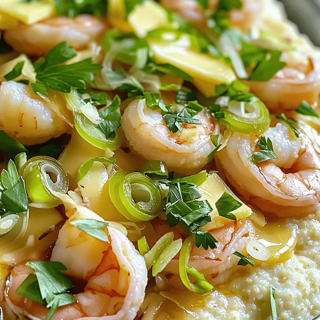 - 1 cup stone-ground grits - 4 cups chicken broth - 1 lb large shrimp, peeled and deveined - 1 cup shredded sharp cheddar cheese - 1/2 cup milk - 4 slices smoked gouda cheese (for garnishing) - 3 tablespoons butter, divided - 4 green onions, chopped (separate white and green parts) - 2 cloves garlic, minced - 1 teaspoon paprika - 1/2 teaspoon cayenne pepper (adjust based on spice preference) - 1 tablespoon olive oil - Salt and pepper to taste - Fresh parsley, chopped for garnish In this dish, we start with stone-ground grits. They give you that nice, creamy base. Chicken broth adds a rich flavor. Large shrimp are the star of the show. They soak up all the good spices. Sharp cheddar cheese and milk help make the grits smooth and cheesy. Smoked gouda cheese is for garnishing. It melts beautifully on top. Butter keeps everything rich and adds depth. Green onions and garlic bring bright flavors. I love how paprika and cayenne pepper give the dish a kick. Olive oil is great for cooking the shrimp. Finally, salt and pepper are key for seasoning. Fresh parsley is for a pop of color. For the full experience, refer to the [Full Recipe]. This will guide you through every step to make this delightful dish. First, cook the grits in a medium saucepan. Bring the chicken broth to a boil over medium-high heat. Gradually whisk in the stone-ground grits. This helps to avoid clumps. Lower the heat and let them simmer. Stir often for about 30 minutes. The grits should be thick and creamy. Next, make the grits even creamier. Remove the saucepan from heat. Stir in the sharp cheddar cheese and milk. Add 2 tablespoons of butter for richness. Mix until smooth and creamy. Season with salt and pepper to taste. Keep them warm by covering the pot. Now, let’s add flavor with garlic and onions. In a large skillet, heat olive oil over medium heat. Add the white parts of the green onions and minced garlic. Sauté for about 1-2 minutes. You want the garlic to smell good, not burn. This step adds a nice base flavor to your dish. It's time to cook the shrimp. Add the peeled and deveined shrimp to the skillet. Season them with paprika, cayenne pepper, salt, and pepper. Cook the shrimp for 2-3 minutes on each side. They should turn pink and opaque. This means they are done! Stir in the last tablespoon of butter for extra flavor. Now we can assemble our dish. Spoon a large portion of creamy grits onto each plate. Layer the cooked shrimp on top. Drizzle any leftover pan juices over everything. This adds more flavor and makes it look great. For the final touch, add smoked gouda cheese on top. Let it melt slightly from the heat of the dish. Garnish each plate with the green parts of the green onions. Don’t forget a sprinkle of fresh parsley for color. This makes your shrimp and grits look inviting and delicious. For the full recipe, check the details above! To make perfect, creamy grits, slow cooking is key. Cook your grits over low heat. This helps them become soft and fluffy. Stir often to avoid lumps. I like to use a whisk for this. A whisk lets you break up any clumps easily. To boost flavor, consider adding seasonings like garlic powder or onion powder. You can also mix in old bay seasoning for a nice kick. Pair your shrimp and grits with a side of sautéed greens. Collard greens or spinach work well. A squeeze of lemon adds a fresh touch too. For the complete shrimp and grits recipe, check out the Full Recipe. {{image_4}} You can make shrimp and grits even better by adding crispy bacon or sausage. The salty, smoky flavor of bacon pairs well with the creamy grits. Just cook the bacon first, then use the fat to sauté the shrimp. If you use sausage, choose a spicy kind for a nice kick. This twist adds depth and makes each bite more satisfying. To make a lighter version, substitute low-fat ingredients. Use low-fat milk or cheese. You can also swap the chicken broth for vegetable broth. This gives you a tasty vegetarian option. It’s still rich and creamy without all the calories. You can enjoy the flavors you love while being kinder to your waistline. If you want to switch up the protein, try other seafood like crab or scallops. Both are great options and add a unique taste. You could also use chicken for a land-based choice. If you prefer veggies, mix in sautéed mushrooms or bell peppers. These options keep the dish fresh and fun, allowing you to explore new flavors. To keep shrimp and grits fresh, store them in separate containers. Use airtight containers for both. Place the grits in the fridge within two hours of cooking. They can last for about three days. The shrimp should also be refrigerated and eaten within two days for best taste. When reheating, add a splash of water or milk to the grits. This helps restore their creaminess. Heat them gently on the stove over low heat. Stir often to avoid sticking. For shrimp, microwave them in short intervals. Heat until warm, but do not overcook. This keeps them tender and tasty. You can freeze shrimp and grits, but it is not ideal. Grits freeze well, but they may lose some texture. To freeze, place grits in a freezer-safe bag. Flatten to save space. Shrimp do not freeze well. If you must freeze them, use them within a month. Thaw overnight in the fridge before reheating. For the best flavor, it is best to enjoy shrimp and grits fresh. For the full recipe, check the earlier section. Shrimp and grits started in the Southern United States. It began as a simple meal for fishermen. They cooked shrimp with grits, which was cheap and filling. Over time, it grew into a beloved dish. Today, it appears in many restaurants and homes. The dish blends flavors from Africa, Native America, and European cooking. It shows how cultures can mix to create something great. Yes, you can prep Shrimp and Grits ahead. Cook the grits and shrimp separately. Store them in the fridge. When ready to eat, gently heat the grits. Sauté the shrimp fresh for best taste. This method saves time and keeps flavors strong. Just be mindful of reheating them properly to avoid mushiness. Some great sides to serve with Shrimp and Grits include: - Collard greens - Fried green tomatoes - A simple salad - Cornbread For drinks, I suggest: - Sweet tea - A light white wine - Beer These sides and drinks enhance the meal's flavors and make it special. To make Shrimp and Grits milder, reduce or skip the cayenne pepper. You can also use sweet paprika instead of regular paprika. For a spicier kick, add more cayenne or a dash of hot sauce. Taste as you go to find your perfect spice level. This way, you can create a dish that suits your taste. Yes, you can create a vegetarian version. Swap the shrimp for sautéed mushrooms or roasted vegetables. Use vegetable broth instead of chicken broth for the grits. Adding some smoked paprika gives a nice depth of flavor. You can still enjoy creamy, rich grits with a fun twist. Shrimp and grits combine rich flavors with texture for a warm dish. We learned the essential ingredients, like stone-ground grits and different cheeses. The step-by-step guide helps you cook perfectly creamy grits and tender shrimp. With tips for storing and reheating, you can enjoy this dish later. Consider fun variations to make it your own. Shrimp and grits are versatile and full of flavor, sure to please anyone at your table. Enjoy your cooking journey!