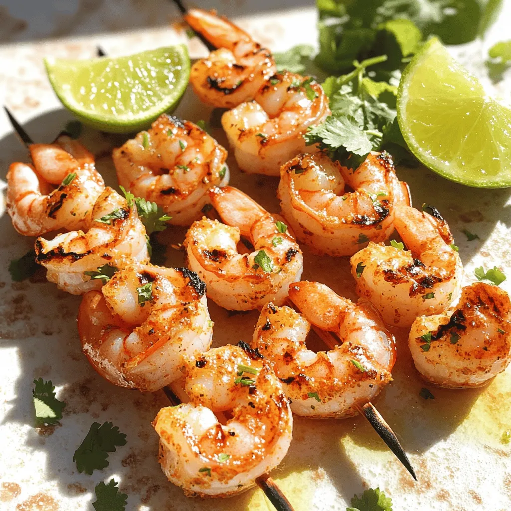 Here are the key ingredients for chili lime grilled shrimp: - 1 pound large shrimp, peeled and deveined - 3 tablespoons extra virgin olive oil - 2 tablespoons freshly squeezed lime juice - 1 tablespoon chili powder - 1 teaspoon ground cumin - 1 teaspoon garlic powder - 1 teaspoon onion powder - 1/2 teaspoon sea salt - 1/4 teaspoon freshly ground black pepper - Zest of 1 lime - Fresh cilantro, roughly chopped for garnish - Lime wedges, for serving You can tweak the flavors as you like. Here are some ideas: - Swap olive oil for avocado oil for a different taste. - Use lemon juice instead of lime juice for a citrus twist. - Replace chili powder with smoked paprika for a smoky flavor. - Try fresh herbs like parsley if you don’t have cilantro. When cooking, fresh ingredients often win. Fresh lime juice adds brightness that dried can't match. Fresh shrimp tastes sweeter and firmer than frozen. If using dried spices, check their freshness. Old spices lose flavor fast. Always choose high-quality ingredients for the best results. This makes your dish shine, like the chili lime grilled shrimp in my full recipe. To start, you need to make a zesty marinade. In a large bowl, mix together: - 3 tablespoons extra virgin olive oil - 2 tablespoons freshly squeezed lime juice - 1 tablespoon chili powder - 1 teaspoon ground cumin - 1 teaspoon garlic powder - 1 teaspoon onion powder - 1/2 teaspoon sea salt - 1/4 teaspoon black pepper - Zest of 1 lime Whisk these ingredients until blended. This mix gives the shrimp a punch of flavor. Next, add your shrimp to the marinade. Use 1 pound of large shrimp, peeled and deveined. Toss the shrimp in the marinade. Make sure each shrimp is covered well. Cover the bowl with plastic wrap. Let it sit in the fridge for at least 30 minutes. For even better flavor, let it marinate for up to 1 hour. While the shrimp marinate, preheat your grill to medium-high heat. If you use wooden skewers, soak them in water for 30 minutes. This helps prevent burning. After marinating, thread the shrimp onto the skewers. Do not overcrowd them; this helps cook evenly. Now, place the skewers on the hot grill. Cook the shrimp for 2-3 minutes on each side. Turn them only once. When they turn pink and opaque, they are done. Be careful not to overcook them. This keeps the shrimp juicy. After grilling, remove the skewers and let them rest for a couple of minutes. This locks in the flavors. Serve the shrimp skewers with fresh cilantro and lime wedges for that extra zesty kick. This recipe is a delight for any meal. Check out the Full Recipe for more details! Grilling shrimp is easy when you know the right heat. Aim for medium-high heat, around 400°F. This gives the shrimp a nice sear. If the grill is too hot, they can cook too fast. If it’s too cool, they’ll take longer and may dry out. Overcooked shrimp become rubbery and tough. To avoid this, watch the cooking time closely. Grill each side for just 2-3 minutes. You want them to be pink and opaque. If you're unsure, check one shrimp. It should be tender yet firm. Remember, they continue to cook a bit after you remove them from the grill. Chili lime grilled shrimp pair well with many sides. Consider serving them with: - Grilled vegetables - Rice or quinoa - Fresh salads - Corn on the cob These sides not only balance the flavors but also add color to your plate. For a drink, a cold limeade or a light beer complements the zesty shrimp perfectly. For the full recipe, check the details above. {{image_4}} You can spice up your chili lime grilled shrimp by adding more heat. Consider using cayenne pepper or crushed red pepper flakes. Start with a pinch and taste as you go. This way, you can find the right heat level for you. If you like it hot, feel free to add a bit more! Mixing in smoked paprika also gives a nice flavor twist. If shrimp isn't your thing, try chicken or fish. Chicken thighs or breasts work well. Just cut them into bite-sized pieces. For fish, firm fish like salmon or swordfish are great choices. They soak up the marinade nicely. Use the same marinade and grilling method for these proteins. They will still taste amazing with that zesty kick! You can serve chili lime grilled shrimp with many different sides. Try rice or quinoa for a hearty meal. For something lighter, a fresh salad with avocado and corn works well. Grilled veggies are also a fantastic side. They add color and balance to the meal. You can even serve it with tortilla chips for a fun twist. Don't forget to check out the Full Recipe for more ideas! After enjoying your chili lime grilled shrimp, store leftovers properly. Place the shrimp in an airtight container. This helps keep them fresh. Stored this way, shrimp can last in the fridge for up to two days. Make sure to cool them first before sealing. To reheat your shrimp, use a skillet on low heat. Add a splash of olive oil or water to keep them moist. Heat until warm, but don't overcook. This keeps them juicy. You can also warm them in the microwave. Use a low power setting and cover them to avoid drying out. You can freeze leftover shrimp for later meals. First, let them cool completely. Then, place them in a freezer-safe bag, removing as much air as possible. Label the bag with the date. Frozen shrimp are best when used within three months. When ready to eat, thaw them overnight in the fridge or run under cold water. For the full recipe, see the complete guide to this delicious dish. To make shrimp tender, you need to avoid overcooking them. Shrimp cook fast, usually in just a few minutes. When you grill shrimp, look for a vibrant pink color. They should be opaque and slightly firm to the touch. Marinating shrimp also helps. Use acid like lime juice in your marinade. It adds flavor and keeps the shrimp juicy. Yes, you can use frozen shrimp. Just make sure to thaw them first. Place the shrimp in cold water for about 10-15 minutes. This method keeps them safe and ensures they cook evenly. Once thawed, they can soak in the marinade just like fresh shrimp. Chili lime grilled shrimp pairs well with many sides. Consider serving it with rice or a fresh salad. Quinoa or corn salad also works great. You can add avocado slices or mango for a sweet contrast. Fresh cilantro on top adds a nice touch too. For a drink, try a light beer or a fruity mocktail. You will enjoy how these flavors mix! For the full recipe, check out the complete details above. We explored the essential ingredients for chili lime grilled shrimp and talked about preparation. You learned how to create a marinade, grill shrimp, and avoid overcooking. I shared tips for perfect serving and variations for extra flavor. Don't forget about storage tips to keep leftovers fresh. Having fun with these shrimp recipes allows you to impress everyone. Enjoy the tasty shrimp, and feel free to get creative with your meals!