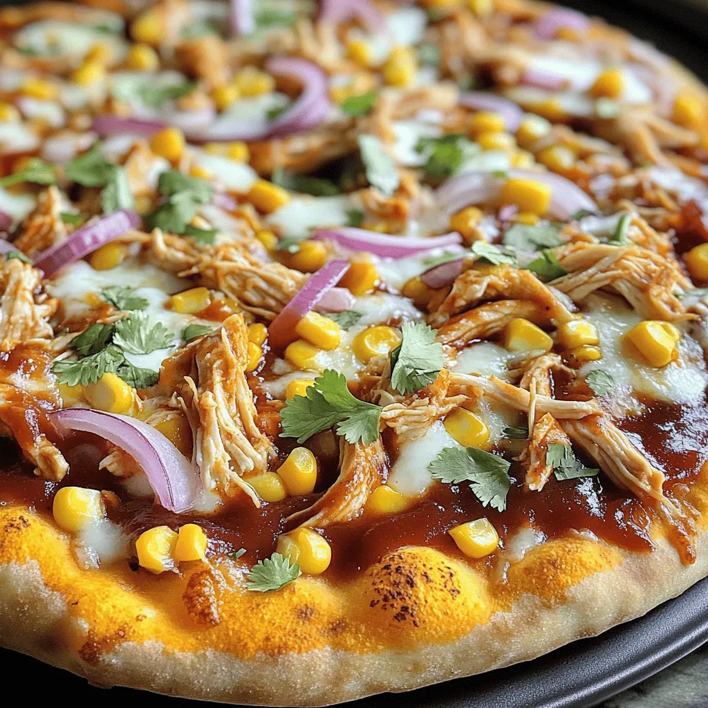 - 1 pre-made pizza dough - 1 cup cooked chicken, shredded - 1/2 cup BBQ sauce (flavor of your choice) - 1 cup shredded mozzarella cheese - 1/2 cup red onion, thinly sliced - 1/2 cup corn kernels (fresh or canned) - 1/4 cup fresh cilantro or parsley, finely chopped - 1 tablespoon olive oil - Salt and pepper to taste - Optional: 1/4 cup sliced jalapeños for an extra kick Gathering the right ingredients is key. Start with a pre-made pizza dough. It saves time and effort. Next, you need cooked chicken. Shredding it makes it easy to mix with the BBQ sauce. Speaking of BBQ sauce, choose one you love. It adds a lot of flavor. I often pick a sweet or smoky sauce for balance. Mozzarella cheese is a must! It melts beautifully, giving that gooey texture we crave. Slice the red onion thinly for a nice crunch. Corn adds sweetness and texture. If you have fresh corn, use it! If not, canned is just fine. Don’t forget the cilantro or parsley. It brightens up the pizza with freshness. Olive oil helps with greasing the pan for easy baking. Finally, salt and pepper enhance all the flavors. If you like heat, add jalapeños! They bring a fun kick to every bite. With these ingredients, you are ready for a delicious BBQ chicken pizza. For the full recipe, check out the details in the next section. - Preheat the oven to 475°F (245°C). This hot temperature helps to crisp the crust. - Prepare the dough on a floured surface. Roll it out to your desired thickness. - Combine chicken and BBQ sauce in a bowl. Mix them well to coat the chicken. - Spread BBQ sauce on pizza dough. Use a spoon to create an even layer. - Add toppings and bake for 12-15 minutes. The cheese should melt and bubble. - Garnish and serve. Sprinkle fresh cilantro on top for added flavor and color. Enjoy your smoky BBQ chicken pizza! You can find the Full Recipe if you want to dive deeper into the details. - Choosing the right BBQ sauce for flavor Select a BBQ sauce that matches your taste. Sweet, smoky, or spicy sauces work well. A sweeter sauce pairs nicely with the salty chicken. A smoky sauce brings deep flavor, while a spicy sauce adds a kick. Experiment to find your favorite mix. - Tips for rolling out the pizza dough Use a lightly floured surface to roll out the dough. This helps prevent sticking. Start in the center and push outward. Keep it even for a nice crust. If it shrinks back, let it rest for a few minutes. This will make it easier to shape. - How to achieve a crispy crust To get a crispy crust, preheat your oven well. A high heat of 475°F helps. Use a pizza stone if you have one. It absorbs heat and gives a nice crunch. Bake until the cheese bubbles and the edges are golden brown. - Best cheese options for BBQ chicken pizza Mozzarella cheese is the classic choice. It melts well and stretches nicely. For more flavor, try adding gouda or cheddar. These cheeses can enhance the taste and richness. Mixing cheeses can create a delicious twist on this dish. {{image_4}} You can switch up your BBQ chicken pizza with different toppings. Adding mushrooms gives a nice earthiness. Sauté them first for extra flavor. Bell peppers add a sweet crunch and vibrant color. If you want a vegetarian version, use jackfruit or grilled veggies. These options work well with BBQ sauce. They keep the pizza tasty while being meat-free. Try experimenting with spicy BBQ sauce for a kick. It adds heat and depth to the pizza. You can also mix BBQ sauce with ranch dressing for a creamy twist. If you want to change the base, consider using a cauliflower crust or whole wheat dough. These options make the pizza healthier. They still hold up well under all those yummy toppings. To store leftover BBQ chicken pizza, let it cool first. Wrap each slice in plastic wrap or use an airtight container. This keeps the pizza fresh and prevents it from drying out. You can store it in the fridge for up to three days. For reheating, preheat your oven to 375°F (190°C). Place the slices on a baking sheet. Bake for about 10-12 minutes. This method will help keep the crust crispy. You can also use a microwave if you're in a hurry. Just heat each slice for about 30 seconds, but the crust may not stay crispy. Yes, you can freeze BBQ chicken pizza! To freeze it, first let it cool completely. Wrap each slice tightly in plastic wrap or aluminum foil. Place the wrapped slices in a freezer-safe bag. They can last up to three months in the freezer. When you're ready to eat, take the pizza out and thaw it in the fridge overnight. To reheat, follow the same steps as above. This way, you can enjoy your BBQ chicken pizza even later! To reheat pizza, preheat your oven to 375°F (190°C). Place the pizza on a baking sheet. Bake it for 10-15 minutes until the cheese melts again. This keeps the crust crispy and the toppings warm. You can also use a skillet. Heat it on medium-low heat. Cover it with a lid to warm the top. Using raw chicken is not safe for this recipe. Cooked chicken ensures the meat is safe to eat. If you want to use raw chicken, cook it first. Dice the chicken and sauté it in a pan until it is fully cooked. Then, mix it with BBQ sauce and follow the recipe as usual. To make BBQ chicken pizza gluten-free, use gluten-free pizza dough. These are available in stores. You can also make your own from gluten-free flour. Ensure all your toppings, including the BBQ sauce, are gluten-free. Check labels for any hidden gluten ingredients to stay safe. Enjoy your tasty and safe BBQ chicken pizza! This blog post covered how to make a delicious BBQ chicken pizza at home. We looked at key ingredients, steps for preparation, and baking. I shared tips for enhancing flavor and suggested fun variations. You can also store and reheat leftovers easily. With these guidelines, you can create a tasty meal for any occasion. Enjoy being creative in the kitchen!