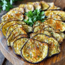 - 1 large eggplant - Extra-virgin olive oil - Garlic powder - Onion powder - Smoked paprika - Sea salt - Black pepper - Optional spices (cayenne pepper) The main ingredient here is the eggplant. I love using a large, firm eggplant for the best chips. The eggplant has a mild taste that takes on flavors well. Extra-virgin olive oil adds richness and helps the chips crisp up nicely. Garlic powder, onion powder, and smoked paprika give the chips a tasty kick. I also use sea salt and black pepper to enhance the flavor. For those who like a little heat, cayenne pepper is a great optional spice. - Fresh herbs for garnish (parsley, basil) Garnishing adds a fresh touch to your chips. I recommend using chopped parsley or basil. They not only look great but also add a pop of flavor. Just sprinkle them on top right before serving for the best effect. - Ideas for dips (salsa, tzatziki) - Pairing with other snacks These baked eggplant chips are fantastic on their own. For a fun twist, serve them with dips like salsa or tzatziki. Both add creaminess and balance the crispiness of the chips. You can also pair these chips with other snacks. Think nuts, cheese, or a fresh veggie platter. This way, you create a beautiful spread for any gathering. If you want the full recipe, check out the detailed instructions that follow. 1. Preheat your oven to 400°F (200°C). This heat makes the chips crisp. 2. Prepare a baking sheet by lining it with parchment paper. This keeps the chips from sticking. 3. Rinse the eggplant slices under cold water. Then, dry them with a clean towel. Optionally, sprinkle salt on the slices. Let them sit for 20 minutes. This helps remove moisture and bitterness. Afterward, pat them dry again. 4. In a bowl, mix the olive oil, garlic powder, onion powder, smoked paprika, sea salt, black pepper, and cayenne pepper (if using). Whisk until well combined. 5. Add the eggplant slices into the bowl. Toss them gently with the oil and spice mix. Make sure each slice is evenly coated. 6. Arrange the slices on the lined baking sheet in a single layer. Do not let them overlap. This step is key for crispiness. 7. Place the baking sheet in the oven. Bake for 20-25 minutes. Flip the slices halfway through. Keep an eye on them; they should turn golden brown and crispy. 8. Once baked, take the chips out of the oven. Let them cool for a few minutes. For a fresh touch, garnish with chopped herbs. Enjoy your crispy baked eggplant chips! You can find the full recipe above. To get the best crispiness from your eggplant chips, avoid overlapping the slices. Each slice needs space to breathe. When they touch, they steam instead of crisping up. Use a single layer on your baking sheet for the best results. Adjust the baking time for your preferred crispness. Bake for 20-25 minutes, flipping halfway through. Keep an eye on them near the end. They should turn golden brown and feel crunchy. You can boost the flavor of your eggplant chips with additional spices. Try Italian herbs, chili powder, or even curry powder for a twist. You can also use flavored oils like garlic or herb-infused olive oil. This adds a fun layer of taste. Experiment with different spice combinations to find your favorite flavors. Use a good baking sheet to ensure even heat. Lining it with parchment paper helps prevent sticking. It also makes for easy cleanup. For slicing eggplant, a sharp knife or a mandoline works best. Aim for even thickness. This helps all the chips cook at the same rate. A consistent thickness means better results in every bite. {{image_4}} You can change up the flavor of your baked eggplant chips easily. Try using Italian herbs like oregano and basil for a classic taste. Taco seasoning brings a fun twist. If you love cheese, sprinkle some grated parmesan on top before baking. It melts beautifully and adds a savory touch. You can mix and match these options to keep things exciting! Want to try something different? Use an air fryer for a faster snack. Set it to 375°F (190°C) and cook the chips for about 15 minutes. Keep an eye on them and shake the basket halfway through. If you have a dehydrator, thinly slice the eggplant and season it as usual. Dehydrate at 125°F (52°C) for about 8 hours. This method makes the chips super crispy, and it's a great way to preserve them! For individual servings, place a small bowl of chips in each guest's hand. This makes for a fun snack at parties. You can also create a colorful party platter. Add different dips like salsa or tzatziki for variety. Arrange the chips around the dips on a large tray. This not only looks pretty but also invites everyone to share and enjoy. Your guests will love this fun and tasty snack! Once your baked eggplant chips cool, place them in an airtight container. This keeps them fresh for up to five days. To maintain their crunch, avoid storing them in a humid area. I recommend storing them in a cool, dry cupboard. If you see any moisture or sogginess, it's time to toss them. For longer storage, freezing is a great option. Lay the cooled chips in a single layer on a baking sheet. Freeze them for about an hour. After that, transfer the chips to a freezer-safe bag. Squeeze out air to prevent freezer burn. When you're ready to enjoy them, reheat in the oven at 350°F (175°C) for about 10 minutes. This helps restore their crispness. If you have leftover chips, don’t worry! You can crush them up and use them as a topping for salads or soups. They also make a great addition to a savory dip or a crunchy layer in your favorite casseroles. Get creative! You can even blend them into a breadcrumb substitute for breading chicken or fish. Enjoy these versatile snacks in new ways! To make baked eggplant chips crispy, start by reducing moisture. After slicing, sprinkle salt on the eggplant. Let it sit for about 20 minutes. This step draws out moisture and bitterness. Rinse the slices under cold water, then pat them dry. For baking, use a preheated oven at 400°F (200°C). Line your baking sheet with parchment paper. Arrange the eggplant slices in a single layer without overlapping. This helps them bake evenly. Flip the slices halfway through baking. Watch closely as they cook. They should turn golden brown and crispy. Eggplant is low in calories and high in fiber. It contains vitamins and minerals. These include vitamin C, vitamin K, and potassium. The antioxidants in eggplant help fight free radicals. This can promote heart health and reduce the risk of chronic diseases. Eggplant is also a good source of phytonutrients. These compounds may help lower blood cholesterol levels. Eating eggplant may support healthy digestion and maintain a balanced diet. It's a great choice for anyone looking to eat healthier. Yes, you can make eggplant chips in an air fryer! Start by following the same steps for slicing and salting the eggplant. After drying, toss the slices in the oil and spices. Preheat your air fryer to 375°F (190°C). Place a single layer of eggplant chips in the basket. Cook for about 15-20 minutes, shaking the basket halfway through. Keep an eye on them so they don’t burn. Once they're crispy, enjoy them right away! Baked eggplant chips offer a healthy and tasty snack option. You learned about the key ingredients, including eggplant and spices, along with a simple baking method. I shared tips for perfecting crispiness and explained various flavor and serving options. Remember, you can store them easily and enjoy leftover chips in creative ways. Embrace these steps to create a fun and delicious treat that everyone will love. Experiment with flavors and techniques to make them your own!
