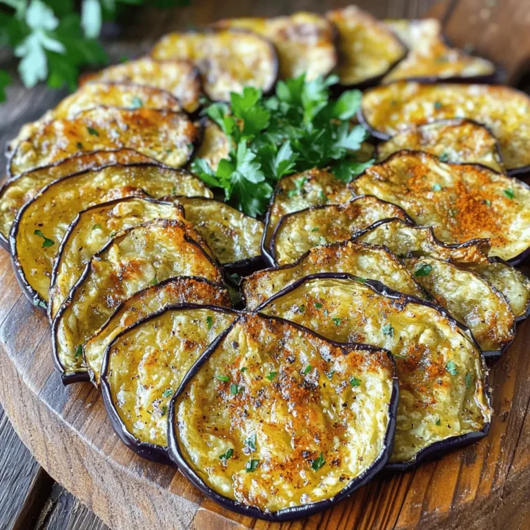 - 1 large eggplant - Extra-virgin olive oil - Garlic powder - Onion powder - Smoked paprika - Sea salt - Black pepper - Optional spices (cayenne pepper) The main ingredient here is the eggplant. I love using a large, firm eggplant for the best chips. The eggplant has a mild taste that takes on flavors well. Extra-virgin olive oil adds richness and helps the chips crisp up nicely. Garlic powder, onion powder, and smoked paprika give the chips a tasty kick. I also use sea salt and black pepper to enhance the flavor. For those who like a little heat, cayenne pepper is a great optional spice. - Fresh herbs for garnish (parsley, basil) Garnishing adds a fresh touch to your chips. I recommend using chopped parsley or basil. They not only look great but also add a pop of flavor. Just sprinkle them on top right before serving for the best effect. - Ideas for dips (salsa, tzatziki) - Pairing with other snacks These baked eggplant chips are fantastic on their own. For a fun twist, serve them with dips like salsa or tzatziki. Both add creaminess and balance the crispiness of the chips. You can also pair these chips with other snacks. Think nuts, cheese, or a fresh veggie platter. This way, you create a beautiful spread for any gathering. If you want the full recipe, check out the detailed instructions that follow. 1. Preheat your oven to 400°F (200°C). This heat makes the chips crisp. 2. Prepare a baking sheet by lining it with parchment paper. This keeps the chips from sticking. 3. Rinse the eggplant slices under cold water. Then, dry them with a clean towel. Optionally, sprinkle salt on the slices. Let them sit for 20 minutes. This helps remove moisture and bitterness. Afterward, pat them dry again. 4. In a bowl, mix the olive oil, garlic powder, onion powder, smoked paprika, sea salt, black pepper, and cayenne pepper (if using). Whisk until well combined. 5. Add the eggplant slices into the bowl. Toss them gently with the oil and spice mix. Make sure each slice is evenly coated. 6. Arrange the slices on the lined baking sheet in a single layer. Do not let them overlap. This step is key for crispiness. 7. Place the baking sheet in the oven. Bake for 20-25 minutes. Flip the slices halfway through. Keep an eye on them; they should turn golden brown and crispy. 8. Once baked, take the chips out of the oven. Let them cool for a few minutes. For a fresh touch, garnish with chopped herbs. Enjoy your crispy baked eggplant chips! You can find the full recipe above. To get the best crispiness from your eggplant chips, avoid overlapping the slices. Each slice needs space to breathe. When they touch, they steam instead of crisping up. Use a single layer on your baking sheet for the best results. Adjust the baking time for your preferred crispness. Bake for 20-25 minutes, flipping halfway through. Keep an eye on them near the end. They should turn golden brown and feel crunchy. You can boost the flavor of your eggplant chips with additional spices. Try Italian herbs, chili powder, or even curry powder for a twist. You can also use flavored oils like garlic or herb-infused olive oil. This adds a fun layer of taste. Experiment with different spice combinations to find your favorite flavors. Use a good baking sheet to ensure even heat. Lining it with parchment paper helps prevent sticking. It also makes for easy cleanup. For slicing eggplant, a sharp knife or a mandoline works best. Aim for even thickness. This helps all the chips cook at the same rate. A consistent thickness means better results in every bite. {{image_4}} You can change up the flavor of your baked eggplant chips easily. Try using Italian herbs like oregano and basil for a classic taste. Taco seasoning brings a fun twist. If you love cheese, sprinkle some grated parmesan on top before baking. It melts beautifully and adds a savory touch. You can mix and match these options to keep things exciting! Want to try something different? Use an air fryer for a faster snack. Set it to 375°F (190°C) and cook the chips for about 15 minutes. Keep an eye on them and shake the basket halfway through. If you have a dehydrator, thinly slice the eggplant and season it as usual. Dehydrate at 125°F (52°C) for about 8 hours. This method makes the chips super crispy, and it's a great way to preserve them! For individual servings, place a small bowl of chips in each guest's hand. This makes for a fun snack at parties. You can also create a colorful party platter. Add different dips like salsa or tzatziki for variety. Arrange the chips around the dips on a large tray. This not only looks pretty but also invites everyone to share and enjoy. Your guests will love this fun and tasty snack! Once your baked eggplant chips cool, place them in an airtight container. This keeps them fresh for up to five days. To maintain their crunch, avoid storing them in a humid area. I recommend storing them in a cool, dry cupboard. If you see any moisture or sogginess, it's time to toss them. For longer storage, freezing is a great option. Lay the cooled chips in a single layer on a baking sheet. Freeze them for about an hour. After that, transfer the chips to a freezer-safe bag. Squeeze out air to prevent freezer burn. When you're ready to enjoy them, reheat in the oven at 350°F (175°C) for about 10 minutes. This helps restore their crispness. If you have leftover chips, don’t worry! You can crush them up and use them as a topping for salads or soups. They also make a great addition to a savory dip or a crunchy layer in your favorite casseroles. Get creative! You can even blend them into a breadcrumb substitute for breading chicken or fish. Enjoy these versatile snacks in new ways! To make baked eggplant chips crispy, start by reducing moisture. After slicing, sprinkle salt on the eggplant. Let it sit for about 20 minutes. This step draws out moisture and bitterness. Rinse the slices under cold water, then pat them dry. For baking, use a preheated oven at 400°F (200°C). Line your baking sheet with parchment paper. Arrange the eggplant slices in a single layer without overlapping. This helps them bake evenly. Flip the slices halfway through baking. Watch closely as they cook. They should turn golden brown and crispy. Eggplant is low in calories and high in fiber. It contains vitamins and minerals. These include vitamin C, vitamin K, and potassium. The antioxidants in eggplant help fight free radicals. This can promote heart health and reduce the risk of chronic diseases. Eggplant is also a good source of phytonutrients. These compounds may help lower blood cholesterol levels. Eating eggplant may support healthy digestion and maintain a balanced diet. It's a great choice for anyone looking to eat healthier. Yes, you can make eggplant chips in an air fryer! Start by following the same steps for slicing and salting the eggplant. After drying, toss the slices in the oil and spices. Preheat your air fryer to 375°F (190°C). Place a single layer of eggplant chips in the basket. Cook for about 15-20 minutes, shaking the basket halfway through. Keep an eye on them so they don’t burn. Once they're crispy, enjoy them right away! Baked eggplant chips offer a healthy and tasty snack option. You learned about the key ingredients, including eggplant and spices, along with a simple baking method. I shared tips for perfecting crispiness and explained various flavor and serving options. Remember, you can store them easily and enjoy leftover chips in creative ways. Embrace these steps to create a fun and delicious treat that everyone will love. Experiment with flavors and techniques to make them your own!