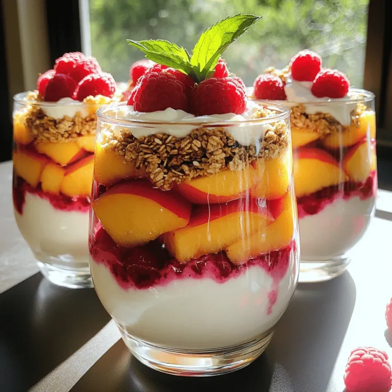 To make your Peach Melba Parfait, gather these key ingredients: - 2 ripe peaches, peeled and sliced - 1 cup raspberries (fresh or frozen) - 2 tablespoons honey or maple syrup - 1 teaspoon vanilla extract - 1 cup Greek yogurt (plain or vanilla) - 1 cup granola (your favorite variety) - Fresh mint leaves for garnish (optional) These ingredients blend together to create a sweet and refreshing treat. The peaches bring a juicy flavor, while raspberries add a nice tartness. The yogurt gives creaminess, and granola adds a crunchy bite. When selecting your ingredients, I suggest these brands for the best taste: - Peaches: Choose fresh, local peaches if possible. Look for brands at farmers' markets. - Raspberries: Driscoll's is a trusted brand for fresh berries. - Honey: Manuka honey offers rich flavor. - Greek Yogurt: Fage is known for its creamy texture. - Granola: Nature Valley or Bear Naked provide great crunch without artificial additives. Using quality brands elevates your parfait's taste and ensures a delightful experience. If you have dietary needs, here are some easy swaps: - Greek Yogurt: Use dairy-free yogurt made from almond or coconut. - Honey: Agave syrup works well for a vegan option. - Granola: Gluten-free granola is available for gluten sensitivities. - Fruits: Swap peaches for nectarines or berries for any seasonal fruit. These substitutions keep the parfait delicious while catering to your needs. You can still enjoy this treat without compromise. For the full recipe, check out the details above. Start by peeling and slicing the peaches. Then, take a small saucepan. Place the sliced peaches and half of the raspberries inside. Add two tablespoons of honey or maple syrup. Cook this mixture over medium heat. Stir it gently until it bubbles. This should take about 5-7 minutes. The peaches will soften and become sweet. Once ready, remove it from the heat and let it cool. Grab a mixing bowl and add one cup of Greek yogurt. You can use plain or vanilla, based on your taste. Pour in one teaspoon of vanilla extract. Mix well until the yogurt tastes sweet and aromatic. This step enhances the yogurt’s flavor, making it a tasty base for your parfait. Choose clear serving glasses or bowls for great presentation. Start with a spoonful of the flavored yogurt at the bottom of each glass. Next, add a layer of the warm peach and raspberry mixture on top of the yogurt. Follow with a layer of granola for that satisfying crunch. Repeat this process. Add more yogurt, then more peach-raspberry mix, followed by granola. Keep layering until the glasses are almost full. The last layer should be yogurt for a clean look. If you like, finish with a few fresh raspberries and a mint leaf for garnish. For the full recipe, refer to the earlier section. To slice peaches well, first, choose ripe ones. Look for peaches that are soft but firm. Wash them under cool water. Cut around the pit with a sharp knife. Twist to separate the two halves. Remove the pit carefully. Now, slice the peach into thin pieces. Thin slices look great in your parfait. Layering is key to a beautiful parfait. Start with yogurt at the bottom of your glass. Use a spoon to spread it evenly. Next, add the peach-raspberry mix. Make sure to spread it nicely. Follow with a layer of granola. Repeat until you reach the top. End with a smooth layer of yogurt. This creates a polished look. You can boost flavor with a few extras. Add a sprinkle of cinnamon for warmth. Try adding crushed nuts for a crunch. A drizzle of honey adds sweetness. Consider using flavored yogurt for a twist. Fresh mint leaves give a fresh taste. Mix and match to find your favorite flavors. These tips will make your Peach Melba Parfait even better. For the full recipe, check out the recipe section above! {{image_4}} If you want a dairy-free Peach Melba parfait, use coconut yogurt. It gives a creamy texture and a hint of sweetness. Almond yogurt works well too. Look for options that are unsweetened for a healthier choice. You can still enjoy the same great taste without dairy. Peach Melba parfaits shine with peaches and raspberries. However, you can easily switch fruits based on the season. In summer, try using strawberries or blueberries. In fall, consider adding sliced apples or pears. This keeps your parfait fresh and exciting all year round. The granola you choose can change the flavor and texture of your parfait. For a classic option, stick to plain granola. If you want something unique, try granola with nuts or dried fruits. You can even make your own granola at home. This way, you control the ingredients and flavors. Explore different kinds to find your favorite mix. To keep your Peach Melba parfaits fresh, cover them tightly. You can use plastic wrap or a lid. Store them in the fridge for best results. This method keeps the layers intact and the flavors fresh. I recommend using glass jars or airtight plastic containers. Glass jars show off the beautiful layers. These containers also help keep your parfaits fresh longer. Choose one that fits your fridge well. Your parfaits will last about 2-3 days in the fridge. If you want to keep them longer, you can freeze some parts. However, I suggest freezing the peach and raspberry mixture only. Yogurt and granola do not freeze well together. To enjoy later, thaw the mixture and layer it fresh with yogurt and granola. For the complete recipe, check out the Full Recipe. Peach Melba Parfait has roots in classic French cuisine. It came from the famous chef Auguste Escoffier in the late 1800s. He created this dish to honor Australian singer Nellie Melba. The original Peach Melba featured poached peaches, vanilla ice cream, and raspberry sauce. Over time, chefs adapted this dessert into many forms, including the parfait. This version combines layers of yogurt, fresh fruit, and crunchy granola. It is a fun twist that keeps the spirit of the original dish alive. Yes, you can make Peach Melba Parfait ahead of time! You can prepare the peach and raspberry mixture and store it in the fridge. The yogurt can also be flavored in advance. Keep the granola separate until you are ready to serve. This way, the granola stays crunchy. You can assemble the parfaits right before serving. This makes it easy for breakfast or dessert! To make a sugar-free Peach Melba Parfait, you can use ripe peaches for natural sweetness. Skip the honey or maple syrup. Instead, add a splash of vanilla extract to your yogurt for flavor. You can also use sugar-free granola. Look for brands that use natural sweeteners or no added sugar. This way, you can enjoy this tasty treat without added sugar! Making a Peach Melba Parfait is fun and easy. You learned about key ingredients, from tasty peaches to perfect yogurt. I shared tips for slicing and layering, plus fun twists for your parfait. Don't forget about storage options to keep it fresh. You can enjoy this treat year-round with simple swaps for diets or tastes. Try making this parfait your own. The blend of flavors and textures will delight you and those you share it with. Enjoy every delicious bite!