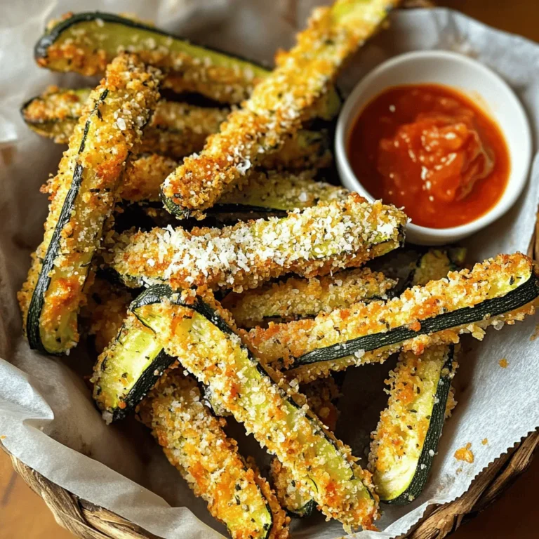 - 2 medium zucchinis - 1 cup panko breadcrumbs - ½ cup grated Parmesan cheese - Seasonings: garlic powder, onion powder, smoked paprika, salt, pepper - 2 large eggs - Olive oil cooking spray If you want to replace Parmesan cheese, try nutritional yeast for a vegan twist. For gluten-free options, use crushed cornflakes or gluten-free breadcrumbs instead of panko. These swaps can keep the recipe tasty while meeting your needs. When picking zucchinis, look for ones that are firm and shiny. Avoid any with soft spots or blemishes. This ensures you get the best flavor and texture. Store your zucchinis in the fridge, in a plastic bag with holes. This keeps them fresh for up to a week. Preheating the oven and preparing the baking sheet Start by preheating your oven to 425°F (220°C). This high heat will help the fries turn crispy. While the oven heats, line a baking sheet with parchment paper. This step makes cleanup easy and keeps the fries from sticking. Setting up the breading station Now, set up your breading station. You need two shallow bowls. In one bowl, whisk the eggs until they’re frothy. In the second bowl, mix your panko breadcrumbs, grated Parmesan, garlic powder, onion powder, smoked paprika, salt, and pepper. Make sure to stir well so the flavors blend. This mixture gives the fries a yummy coating. How to properly coat with egg and breadcrumbs Take each zucchini fry and dunk it in the egg mixture first. Make sure to coat all sides. After that, roll the fry in the breadcrumb mix. Press the crumbs onto the fry gently to help them stick well. Ensuring an even coating for maximum crunch It’s key to coat each fry evenly. This ensures that every bite is crunchy and tasty. Lay the coated fries on the baking sheet in a single layer. Leave space between each fry. This allows hot air to circulate and cook them evenly. Recommended temperature and baking time Bake your zucchini fries in the preheated oven for 18 to 20 minutes. You want them to turn golden brown and crispy. Importance of flipping the fries halfway through Halfway through baking, flip the fries. This step is vital for getting them crispy on all sides. Once they are done, take them out and let them cool for a few minutes. This cooling time helps enhance their texture and flavor. Enjoy your delicious crispy Parmesan zucchini fries! For the full recipe, refer to the earlier section. To get those perfect crispy zucchini fries, you need to use olive oil spray. Lightly spray the fries before baking. This step helps the breading turn golden brown. You can also try these methods for more crunch: - Bake on a wire rack to allow air flow. - Use a higher oven temperature for a shorter time. - Let the zucchini fries rest after coating to help the breading stick. Avoid overcrowding the baking sheet. If the fries touch, they will steam instead of bake. This makes them soggy. Also, pay attention to coating techniques. Make sure each fry is well-coated with egg and breadcrumbs. Insufficient coating leads to less crunch. For dips, marinara and ranch are great choices. They add flavor and moisture. You can also pair zucchini fries with main dishes like grilled chicken or fish. They work well as a snack too. Just add some fresh herbs on top for a nice touch. For the full recipe, check the complete guide above. {{image_4}} You can add fun flavors to your crispy zucchini fries. Try using spices like cayenne for heat or Italian seasoning for a herby kick. These spices blend well with the other flavors. You can also switch up the cheese. Instead of Parmesan, use mozzarella for a gooey melt or cheddar for a sharp taste. Each cheese gives a unique twist to this dish. If you want a quicker option, try air frying. This method cooks the fries faster and adds a great crunch. Set your air fryer to 400°F and cook for about 12-15 minutes. Flip them halfway for even cooking. Pan-frying is another way to cook these fries. Heat oil in a skillet over medium heat. Fry the zucchini fries for about 3-4 minutes on each side. This method gives them a crispy texture with a rich flavor. To make a vegan version, swap the eggs for a mixture of flaxseed and water. Mix one tablespoon of ground flaxseed with three tablespoons of water. Let it sit until it thickens. For cheese, use nutritional yeast or vegan cheese. These options keep the flavor and crunch without dairy. For the best results, check the Full Recipe for all steps and tips. To keep your crispy Parmesan zucchini fries fresh, place them in an airtight container. This helps to maintain their flavor and texture. Make sure the fries are completely cool before storing. They can stay in the fridge for up to three days. If you want to save them longer, freezing is a great option. For freezing, lay the fries on a baking sheet in a single layer. Place them in the freezer for about an hour. This prevents them from sticking together. Once they are frozen, transfer them to a freezer-safe bag. They can last for up to three months in the freezer. To enjoy your fries again, reheating them properly is key. The oven is the best choice for keeping them crispy. Preheat your oven to 400°F (200°C). Place the fries on a baking sheet and heat for about 10 minutes. This method helps restore their crunch. Avoid using a microwave if you want to keep them crispy. Microwaving can make them soggy. If you must use the microwave, do so only for a short time, just to warm them. Crispy Parmesan zucchini fries last up to three days in the fridge. After that, they may spoil. Look for signs like a change in color or an off smell. If you freeze them, they can stay good for about three months. Always check for ice crystals or freezer burn, which can affect their taste. Use gluten-free breadcrumbs instead of panko. Ground almonds or cornmeal can work too. For the flour, try almond flour or coconut flour. These swaps keep the crunch while meeting gluten-free needs. Yes, you can prep the zucchini fries before baking. Cut and coat them, then store in the fridge for up to 2 hours. For longer storage, freeze them on a baking sheet. Once frozen, transfer to a bag. Just bake straight from the freezer when ready. These fries pair well with many dishes. Serve them with burgers or grilled chicken. They also make great snacks with dips like ranch or marinara. A fresh salad beside them adds a nice touch too. First, slice the zucchini thinly. This helps them cook faster and stay crisp. Next, pat them dry with a paper towel. Removing moisture is key. Finally, don’t overcrowd the baking sheet; give them room to breathe. In this blog post, we covered how to make crispy zucchini fries. You learned about the ingredients needed and substitutions you can make. I also shared tips for choosing fresh zucchini and step-by-step instructions for preparation and baking. We discussed methods to achieve extra crispiness and common mistakes to avoid. Finally, I provided storage info and answered frequently asked questions. With this knowledge, you can enjoy delicious, homemade zucchini fries that fit your preferences. Try different variations and serve them alongside your favorite dips or meals. Enjoy your cooking!