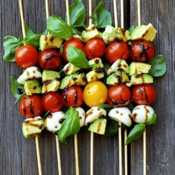 To make Caprese Salad Skewers, you need fresh and tasty ingredients. Here’s what you will need: - Cherry tomatoes - Fresh mozzarella balls - Fresh basil leaves - Avocado - Balsamic glaze - Olive oil - Seasoning (salt and pepper) - Wooden skewers Each ingredient plays a key role in creating a colorful and fresh delight. The cherry tomatoes add a juicy pop of flavor, while the mozzarella brings a creamy texture. Fresh basil leaves provide a fragrant aroma that brightens every bite. Diced avocado adds a rich, buttery flavor that makes these skewers even more delightful. Using a good balsamic glaze enhances the taste with its sweet and tangy notes. Extra virgin olive oil adds smoothness, while salt and pepper highlight the natural flavors. Finally, wooden skewers hold everything together, making them easy to serve and eat. For the full recipe, check out the detailed steps to create these beautiful skewers! - Rinse and dry cherry tomatoes and basil. - Prepare the avocado for skewering. To start, rinse the cherry tomatoes and basil under cold water. This helps remove dirt and makes them fresh. Gently pat them dry with a paper towel. For the avocado, cut it into small cubes and place it in a medium bowl. Drizzle with olive oil and sprinkle with salt and pepper. Toss the avocado gently to coat it evenly. This keeps it from browning. - Assembling the first layer of ingredients. - How to properly layer for best presentation. Now comes the fun part—skewering! Take a wooden skewer and slide on one cherry tomato first. Follow it with a fresh mozzarella ball. Then, add a basil leaf and a spoonful of the seasoned avocado. Repeat this process until the skewer is filled, but leave some space at the bottom. This makes it easier to hold. For a nice finish, add another cherry tomato at the end. This will create a vibrant and tasty look. - Drizzling with balsamic glaze. - Chilling for flavor enhancement. Once your skewers are ready, drizzle balsamic glaze over them. This adds a burst of flavor and makes them look great. You can serve them right away, but chilling them in the refrigerator for a short time lets the flavors blend even better. Trust me, your taste buds will thank you! For the full recipe, check out the details above. To keep your avocado from browning, use lemon juice. The acid slows the process. Just squeeze a bit over the avocado, and it will stay bright and green. For fresh mozzarella, keep it in water until you’re ready to use it. This keeps it moist and tasty. If you buy it packed in brine, store it that way for best flavor. Speed up the skewering process by prepping all your ingredients first. Cut the tomatoes, cheese, and avocado ahead of time. This way, you can build each skewer quickly. To create visual appeal, alternate colors and shapes. Start with a tomato, then a mozzarella ball, a basil leaf, and avocado. This mix makes each skewer look fun and fresh. Caprese Salad Skewers pair well with crusty bread and a light salad. Add some olives or roasted nuts for crunch. For presentation, arrange the skewers on a large platter. Garnish with extra basil leaves. Serve with a small bowl of balsamic glaze for dipping. This makes your dish pop at gatherings! {{image_4}} You might want to swap out some ingredients. If you're lactose intolerant, use dairy-free cheese. For vegans, skip the mozzarella and try marinated tofu cubes. You can also add extra veggies like bell peppers, cucumbers, or zucchini. These will add crunch and color. If you want more protein, consider adding grilled chicken or shrimp. They pair well with the fresh flavors of the salad. To change the taste, try different glazes. A honey balsamic glaze adds sweetness. You can also use a garlic-infused olive oil for a kick. Fresh herbs like oregano or thyme work wonders. They add a nice depth of flavor. If you want some heat, sprinkle on red pepper flakes. It's a simple way to spice things up! You can create themed skewers for holidays or events. For summer, use bright fruits like pineapple or strawberries for a sweet twist. In fall, add roasted butternut squash or cranberries for a festive touch. Mix and match colors for a vibrant look. These variations not only taste great but also make your platter pop! For the full recipe, check out the Caprese Salad Skewers with a Twist section. To keep your Caprese Salad Skewers fresh, store them in the fridge. Use an airtight container to prevent air exposure. This keeps the ingredients crisp and tasty. You can keep these skewers for up to three days. After that, the flavors might fade and the texture may change. You can make these skewers ahead of time for parties. Just assemble them a few hours before your guests arrive. This saves you time and lets you enjoy the gathering. For picnics or lunches, pack them in a cooler. Use ice packs to keep them chilled and fresh until you’re ready to eat. If you have leftovers, enjoy them cold for the best taste. If you prefer to warm them, use a microwave. Heat them in short bursts, so they do not get soggy. Avoid overheating, as this can make the cheese melt too much. For a quick snack or meal, these skewers are simple to enjoy any time. How long can I keep Caprese Salad Skewers in the fridge? You can keep them in the fridge for up to two days. Make sure to store them in an airtight container. This keeps them fresh and tasty. Can I use other types of cheese? Yes, you can use other cheeses like feta or goat cheese. Each will add a unique flavor to your skewers. What can I use instead of balsamic glaze? Try using a simple balsamic vinegar or a lemon vinaigrette. Both options brighten the flavors. What to do if ingredients are not sticking together? Make sure your avocado is diced small enough. If not, add a little olive oil to help them stick. How to adjust flavors if too salty or bland? If too salty, add more avocado or tomatoes. For bland skewers, a splash of lemon juice can brighten the dish. What drinks go well with Caprese Salad Skewers? A light white wine like Pinot Grigio pairs well. You can also serve iced tea or sparkling water. Ideal side dishes that complement this recipe Serve with a light pasta salad or garlic bread. These sides balance the fresh flavors of the skewers beautifully. In this article, I covered how to make delicious Caprese Salad Skewers. You learned about fresh ingredients like cherry tomatoes and mozzarella. I shared preparation steps and tips for presentation. I also offered ways to keep your ingredients fresh and discussed fun variations. Finally, I included storage tips for meal prep and answered common questions. These skewers are a great choice for any gathering. They are easy to make and fun to serve. Enjoy trying these ideas in your kitchen!