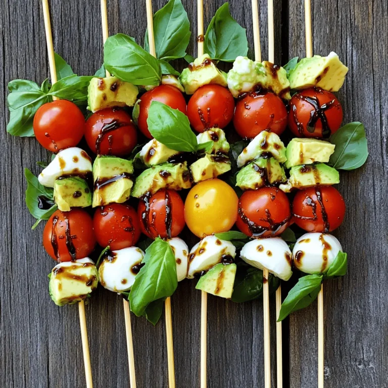 To make Caprese Salad Skewers, you need fresh and tasty ingredients. Here’s what you will need: - Cherry tomatoes - Fresh mozzarella balls - Fresh basil leaves - Avocado - Balsamic glaze - Olive oil - Seasoning (salt and pepper) - Wooden skewers Each ingredient plays a key role in creating a colorful and fresh delight. The cherry tomatoes add a juicy pop of flavor, while the mozzarella brings a creamy texture. Fresh basil leaves provide a fragrant aroma that brightens every bite. Diced avocado adds a rich, buttery flavor that makes these skewers even more delightful. Using a good balsamic glaze enhances the taste with its sweet and tangy notes. Extra virgin olive oil adds smoothness, while salt and pepper highlight the natural flavors. Finally, wooden skewers hold everything together, making them easy to serve and eat. For the full recipe, check out the detailed steps to create these beautiful skewers! - Rinse and dry cherry tomatoes and basil. - Prepare the avocado for skewering. To start, rinse the cherry tomatoes and basil under cold water. This helps remove dirt and makes them fresh. Gently pat them dry with a paper towel. For the avocado, cut it into small cubes and place it in a medium bowl. Drizzle with olive oil and sprinkle with salt and pepper. Toss the avocado gently to coat it evenly. This keeps it from browning. - Assembling the first layer of ingredients. - How to properly layer for best presentation. Now comes the fun part—skewering! Take a wooden skewer and slide on one cherry tomato first. Follow it with a fresh mozzarella ball. Then, add a basil leaf and a spoonful of the seasoned avocado. Repeat this process until the skewer is filled, but leave some space at the bottom. This makes it easier to hold. For a nice finish, add another cherry tomato at the end. This will create a vibrant and tasty look. - Drizzling with balsamic glaze. - Chilling for flavor enhancement. Once your skewers are ready, drizzle balsamic glaze over them. This adds a burst of flavor and makes them look great. You can serve them right away, but chilling them in the refrigerator for a short time lets the flavors blend even better. Trust me, your taste buds will thank you! For the full recipe, check out the details above. To keep your avocado from browning, use lemon juice. The acid slows the process. Just squeeze a bit over the avocado, and it will stay bright and green. For fresh mozzarella, keep it in water until you’re ready to use it. This keeps it moist and tasty. If you buy it packed in brine, store it that way for best flavor. Speed up the skewering process by prepping all your ingredients first. Cut the tomatoes, cheese, and avocado ahead of time. This way, you can build each skewer quickly. To create visual appeal, alternate colors and shapes. Start with a tomato, then a mozzarella ball, a basil leaf, and avocado. This mix makes each skewer look fun and fresh. Caprese Salad Skewers pair well with crusty bread and a light salad. Add some olives or roasted nuts for crunch. For presentation, arrange the skewers on a large platter. Garnish with extra basil leaves. Serve with a small bowl of balsamic glaze for dipping. This makes your dish pop at gatherings! {{image_4}} You might want to swap out some ingredients. If you're lactose intolerant, use dairy-free cheese. For vegans, skip the mozzarella and try marinated tofu cubes. You can also add extra veggies like bell peppers, cucumbers, or zucchini. These will add crunch and color. If you want more protein, consider adding grilled chicken or shrimp. They pair well with the fresh flavors of the salad. To change the taste, try different glazes. A honey balsamic glaze adds sweetness. You can also use a garlic-infused olive oil for a kick. Fresh herbs like oregano or thyme work wonders. They add a nice depth of flavor. If you want some heat, sprinkle on red pepper flakes. It's a simple way to spice things up! You can create themed skewers for holidays or events. For summer, use bright fruits like pineapple or strawberries for a sweet twist. In fall, add roasted butternut squash or cranberries for a festive touch. Mix and match colors for a vibrant look. These variations not only taste great but also make your platter pop! For the full recipe, check out the Caprese Salad Skewers with a Twist section. To keep your Caprese Salad Skewers fresh, store them in the fridge. Use an airtight container to prevent air exposure. This keeps the ingredients crisp and tasty. You can keep these skewers for up to three days. After that, the flavors might fade and the texture may change. You can make these skewers ahead of time for parties. Just assemble them a few hours before your guests arrive. This saves you time and lets you enjoy the gathering. For picnics or lunches, pack them in a cooler. Use ice packs to keep them chilled and fresh until you’re ready to eat. If you have leftovers, enjoy them cold for the best taste. If you prefer to warm them, use a microwave. Heat them in short bursts, so they do not get soggy. Avoid overheating, as this can make the cheese melt too much. For a quick snack or meal, these skewers are simple to enjoy any time. How long can I keep Caprese Salad Skewers in the fridge? You can keep them in the fridge for up to two days. Make sure to store them in an airtight container. This keeps them fresh and tasty. Can I use other types of cheese? Yes, you can use other cheeses like feta or goat cheese. Each will add a unique flavor to your skewers. What can I use instead of balsamic glaze? Try using a simple balsamic vinegar or a lemon vinaigrette. Both options brighten the flavors. What to do if ingredients are not sticking together? Make sure your avocado is diced small enough. If not, add a little olive oil to help them stick. How to adjust flavors if too salty or bland? If too salty, add more avocado or tomatoes. For bland skewers, a splash of lemon juice can brighten the dish. What drinks go well with Caprese Salad Skewers? A light white wine like Pinot Grigio pairs well. You can also serve iced tea or sparkling water. Ideal side dishes that complement this recipe Serve with a light pasta salad or garlic bread. These sides balance the fresh flavors of the skewers beautifully. In this article, I covered how to make delicious Caprese Salad Skewers. You learned about fresh ingredients like cherry tomatoes and mozzarella. I shared preparation steps and tips for presentation. I also offered ways to keep your ingredients fresh and discussed fun variations. Finally, I included storage tips for meal prep and answered common questions. These skewers are a great choice for any gathering. They are easy to make and fun to serve. Enjoy trying these ideas in your kitchen!