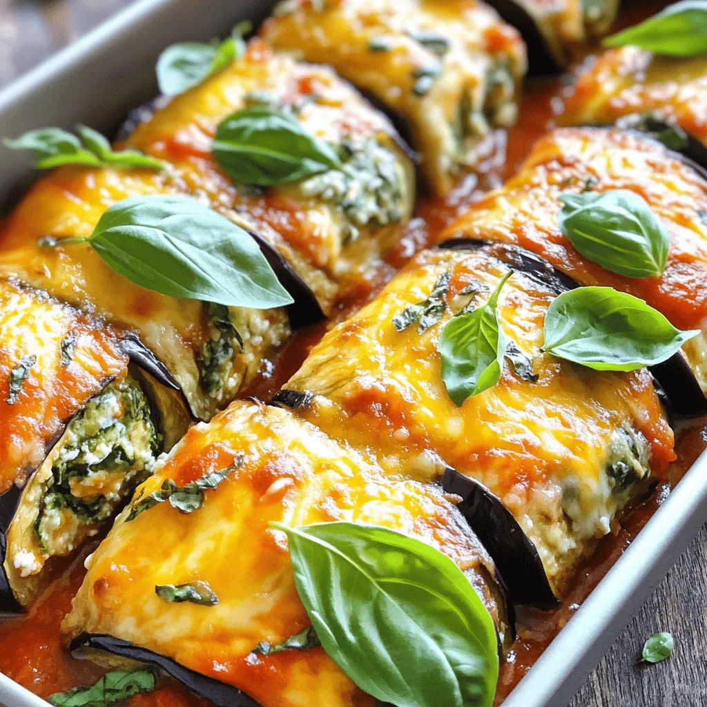 You will need the following ingredients to make Baked Eggplant Rollatini: - 2 large eggplants - 1 cup ricotta cheese - 1 cup shredded mozzarella cheese - 1/2 cup grated Parmesan cheese - 1 cup fresh spinach, chopped - 2 cloves garlic, minced - 1 teaspoon dried oregano - 1 teaspoon salt - 1/2 teaspoon black pepper - 1 jar (24 oz) marinara sauce - Fresh basil leaves for garnish For this recipe, accuracy matters. You can adjust some ingredients: - Use low-fat ricotta cheese if you want a lighter option. - Swap spinach with kale for a different texture. - Try vegan cheese to make it dairy-free. - For a spicy kick, add red pepper flakes to the cheese mix. Let’s dive into the key ingredients: - Eggplant: The main star. It gives a unique flavor and texture. - Ricotta Cheese: This creamy cheese adds richness and balances the dish. - Mozzarella Cheese: It melts beautifully and creates a lovely, gooey top layer. - Parmesan Cheese: This cheese adds a sharp and salty flavor. - Spinach: A great way to add greens and nutrition. - Garlic: It gives an aromatic flavor that enhances the overall taste. - Marinara Sauce: This sauce ties everything together with its tangy goodness. These ingredients work together to create a dish that is both tasty and satisfying. For the full recipe, check out the complete instructions! Start by preheating your oven to 375°F (190°C). This step warms up the oven for baking. Next, take your eggplants and slice them thinly. Aim for 1/4-inch thick slices. Sprinkle salt on both sides of the slices. This helps to remove extra moisture. Let them sit on a paper towel for about 15 minutes. After that, pat the slices dry with more paper towels. In a skillet, add some olive oil and heat it over medium. Once hot, add minced garlic. Cook it until it smells good, about 1 minute. Then, toss in chopped spinach. Cook until it wilts, which takes around 2-3 minutes. Remove the skillet from the heat and let it cool. In a bowl, mix ricotta cheese, half of the mozzarella, Parmesan, sautéed spinach, oregano, salt, and black pepper. Stir until creamy and well blended. Next, line a baking sheet with parchment paper. Lightly coat the eggplant slices with olive oil. Roast them in your oven for about 15 minutes. Flip them halfway through. The slices should soften up a bit. In a baking dish, spread a layer of marinara sauce on the bottom. Take one roasted eggplant slice and place a spoonful of the ricotta mixture at one end. Roll it tightly around the filling and place it seam-side down in the dish. Repeat this process until all slices are filled. Pour the remaining marinara sauce over the top. Then, sprinkle the rest of the mozzarella cheese on top. Cover the dish with aluminum foil and bake for 25 minutes. After that, remove the foil and bake for another 10 minutes. The cheese should be melted and golden. Let the dish cool for 5 minutes before serving. Garnish with fresh basil leaves for color and flavor. Enjoy your Baked Eggplant Rollatini! For the complete recipe, check the Full Recipe section. When making baked eggplant rollatini, avoid these common mistakes: - Not salting the eggplant: This step helps remove moisture and bitterness. - Skipping the roasting step: Roasting makes the eggplant soft and easier to roll. - Overstuffing the rolls: A little filling goes a long way. Too much filling can cause spills. To roll your eggplant perfectly, follow these steps: 1. Slice evenly: Cut your eggplant into 1/4-inch thick slices. 2. Use the right filling amount: Place a spoonful of filling at one end. 3. Roll tightly: Gently roll the slice from the filling end to the other. 4. Place seam-side down: This keeps the roll intact during baking. For a delightful meal, serve your rollatini with: - A side salad with mixed greens and a light dressing. - Crusty bread to soak up extra marinara sauce. - A sprinkle of fresh herbs like basil or parsley for color. You can also pair it with a glass of red wine for a lovely dinner experience. For more details, check the Full Recipe. {{image_4}} To make a vegan version, swap the dairy cheeses for plant-based options. Use vegan ricotta made from nuts or tofu. Choose a dairy-free mozzarella for a creamy texture. Nutritional yeast adds a cheesy flavor without the dairy. This version keeps all the classic tastes while being kind to animals. If you need a gluten-free recipe, worry not! The main ingredients are naturally gluten-free. Ensure your marinara sauce is free from gluten as well. You can even serve the rollatini over gluten-free pasta or with a side of quinoa for a hearty meal. Your guests won't notice the difference! Feel free to experiment with cheese! Goat cheese adds a tangy kick, while feta offers a crumbly texture. For a richer flavor, try using aged provolone or fontina. Mixing cheeses can create a unique taste that makes your rollatini stand out. Just remember to keep the balance so each cheese shines through. For more details, check the Full Recipe. After you enjoy the rollatini, store leftovers in the fridge. Place them in an airtight container. They can last for about 3 to 5 days. Make sure to let them cool completely before sealing. This helps keep them fresh and tasty. You can freeze eggplant rollatini for a later meal. First, cool them completely. Then, wrap each roll in plastic wrap. Place the wrapped rolls in a freezer-safe bag or container. They will stay good for up to 3 months. Label the bag with the date for easy reference. To reheat, you have a few options. The oven works great for even heating. Preheat your oven to 350°F (175°C). Place the rollatini in a baking dish, cover with foil, and bake for about 20 minutes. If you prefer the microwave, place a rollatini on a microwave-safe plate. Heat for about 1 to 2 minutes or until hot. Enjoy your warm, delicious meal! For the full recipe, check out the previous section. The best way to slice eggplant is to cut it lengthwise. Use a sharp knife for clean cuts. Aim for slices about 1/4-inch thick. This thickness helps the eggplant cook evenly. Slicing this way also makes rolling easier later. Yes, you can make the rollatini ahead of time. Prepare the eggplant and filling, then assemble the dish. Cover it with foil and store it in the fridge. You can bake it the next day. Just add a few extra minutes to the baking time. You’ll know the eggplant is fully cooked when it is soft and tender. Check for a slight golden color on the cheese. You can also insert a fork into the eggplant. If it goes in easily, it’s ready. Enjoy the delicious flavors of the baked eggplant rollatini. For the full recipe, check out the section above. This blog post covered all you need for eggplant rollatini. We discussed key ingredients, helpful tips, and cooking steps. I showed you how to make classic and vegan options. You learned important storage methods for leftovers too. Now you can enjoy this tasty dish with ease. Cooking can be fun and rewarding. With practice, you’ll impress others with your rollatini skills. Enjoy your cooking journey!