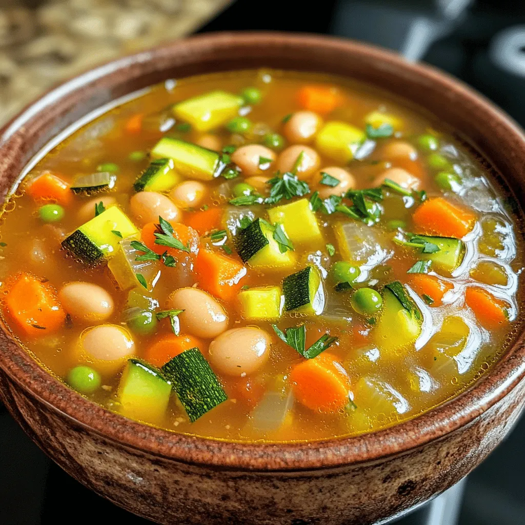To make a classic minestrone soup, gather these ingredients: - 1 tablespoon extra virgin olive oil - 1 medium onion, diced - 2 garlic cloves, finely minced - 2 medium carrots, diced - 2 celery stalks, diced - 1 medium zucchini, diced - 1 cup green beans, trimmed and cut into 1-inch pieces - 1 can (14 oz) diced tomatoes with their juices - 4 cups vegetable broth (homemade or low-sodium) - 1 can (15 oz) cannellini beans, thoroughly drained and rinsed - 1 cup small pasta (such as ditalini or elbow pasta) - 1 teaspoon dried oregano - 1 teaspoon dried basil - Salt and freshly ground black pepper to taste - Fresh parsley, chopped (for garnish) Fresh ingredients bring bright flavors and textures. I always prefer fresh onions, garlic, carrots, and zucchini. They make the soup taste alive. However, canned ingredients, like diced tomatoes and cannellini beans, save time. They still provide good taste and are often great for quick meals. If you can’t find an ingredient, don’t worry! You can swap items easily. Use sweet potatoes instead of carrots for a sweeter taste. Spinach can replace zucchini if you want greens. For pasta, you can use rice or quinoa. Each swap gives a new twist to the soup while keeping it hearty and filling. For the full recipe, check the details mentioned above. To start, gather your ingredients. You will need olive oil, onion, garlic, carrots, celery, zucchini, green beans, diced tomatoes, vegetable broth, cannellini beans, small pasta, oregano, basil, salt, and pepper. 1. Heat 1 tablespoon of olive oil in a large pot over medium heat. 2. Add the diced onion. Sauté for 3-4 minutes until soft and see-through. 3. Mix in 2 minced garlic cloves, 2 diced carrots, and 2 diced celery stalks. Cook for another 5 minutes. 4. Add 1 diced zucchini and 1 cup of green beans. Cook for 3-4 minutes until tender. 5. Pour in 1 can of diced tomatoes and 4 cups of vegetable broth. Stir well. 6. Add 1 can of rinsed cannellini beans, 1 teaspoon of oregano, and 1 teaspoon of basil. Season with salt and pepper. 7. Bring the mixture to a boil, then lower the heat. 8. Add 1 cup of small pasta and cook for 10-12 minutes until al dente. 9. Taste and adjust seasoning before serving. 10. Ladle the soup into bowls and garnish with fresh parsley. - Prep Time: 15 minutes - Cooking Time: 25 minutes - Total Time: 40 minutes - Servings: 6 When you sauté, look for the onion to become soft and slightly golden. This shows it is ready for the next steps. Watch the pasta closely to avoid overcooking. It should stay firm but tender. For serving, a bowl with vibrant colors makes the dish more appealing. Add fresh parsley for a pop of green and flavor. Enjoy your hearty minestrone soup warm! To make your minestrone soup burst with flavor, use fresh herbs. Fresh basil and parsley add a bright note. You can also add a splash of balsamic vinegar for depth. A pinch of red pepper flakes gives it a nice heat. Always taste and adjust the seasoning before serving. Texture is key in a great minestrone. Start with a good sauté. This softens the onions and garlic, building a solid base. Cook your pasta just until al dente to keep it firm. Avoid overcooking the vegetables; they should remain vibrant and slightly crunchy. You want each bite to have a nice mix of soft and crisp. Serve your hearty minestrone soup in a bowl with a sprinkle of parsley on top. A slice of crusty bread makes a perfect side for dipping. For a richer taste, add grated Parmesan cheese just before eating. You could also pair it with a side salad for a complete meal. Explore the full recipe to dive deeper into making this classic dish. {{image_4}} You can easily make this minestrone soup vegan. Simply skip the Parmesan cheese. Use vegetable broth instead of chicken broth. For gluten-free options, select gluten-free pasta. This way, everyone can enjoy it! This soup thrives on fresh vegetables. In spring, add peas and asparagus. In summer, use corn and bell peppers. In fall, consider adding squash or sweet potatoes. In winter, kale or spinach works well. These swaps keep the flavors bright and fresh. You can add protein for a heartier meal. Chickpeas or lentils fit perfectly into this soup. If you prefer meat, diced chicken or sausage can work well. Just cook them before adding to the soup. These options make it filling and satisfying. For more detailed cooking instructions, check out the Full Recipe. To keep your minestrone soup fresh, use airtight containers. Glass jars or plastic containers work well. Let the soup cool completely before sealing. This helps prevent moisture build-up. Store it in the fridge if you plan to eat it within a few days. For longer storage, freezing is best. To freeze minestrone soup, portion it into smaller containers. This way, you can take out just what you need. Leave a little space in the container for expansion as it freezes. When you’re ready to eat, thaw it in the fridge overnight. Reheat on the stove over low heat. Stir often to heat evenly. You can also use the microwave for quick reheating. In the fridge, minestrone soup lasts about 3-4 days. If you freeze it, it can last up to 3 months. Always check for signs of spoilage before eating. If it smells off or looks strange, it's best to toss it. Enjoy your hearty and flavorful minestrone soup, even days later! For the complete recipe, refer to Full Recipe. Minestrone soup has roots in Italy. It started as a simple peasant dish. Cooks used what they had on hand. This meant lots of vegetables, beans, and pasta. Over time, each region in Italy added its own twist. Today, it varies widely. You can find versions with local vegetables and spices. This soup reflects Italian culture and love for fresh food. Yes, you can add meat to your minestrone. Common choices include bacon, sausage, or chicken. Just remember, meat changes the flavor and texture. Cook the meat first, then add the veggies. This way, you keep the soup hearty and rich. If you want a lighter option, try adding meat only in moderation. To thicken your minestrone soup, use a few easy tricks. One method is to blend a portion of the soup. This will create a creamy texture without adding dairy. Another option is to add more beans or pasta. They help soak up liquid and make it heartier. You can also simmer the soup longer to reduce liquid. Just keep an eye on it to avoid burning. For more detailed instructions, check the Full Recipe. Minestrone soup offers endless ways to enjoy freshness in every bowl. We reviewed key ingredients, cooking methods, and tips for flavor enhancement. You can adapt this dish to fit your diet and preferences easily. Always store soup right for long-lasting taste. Remember, making minestrone is simple and fun. Dive in and create your perfect version today!