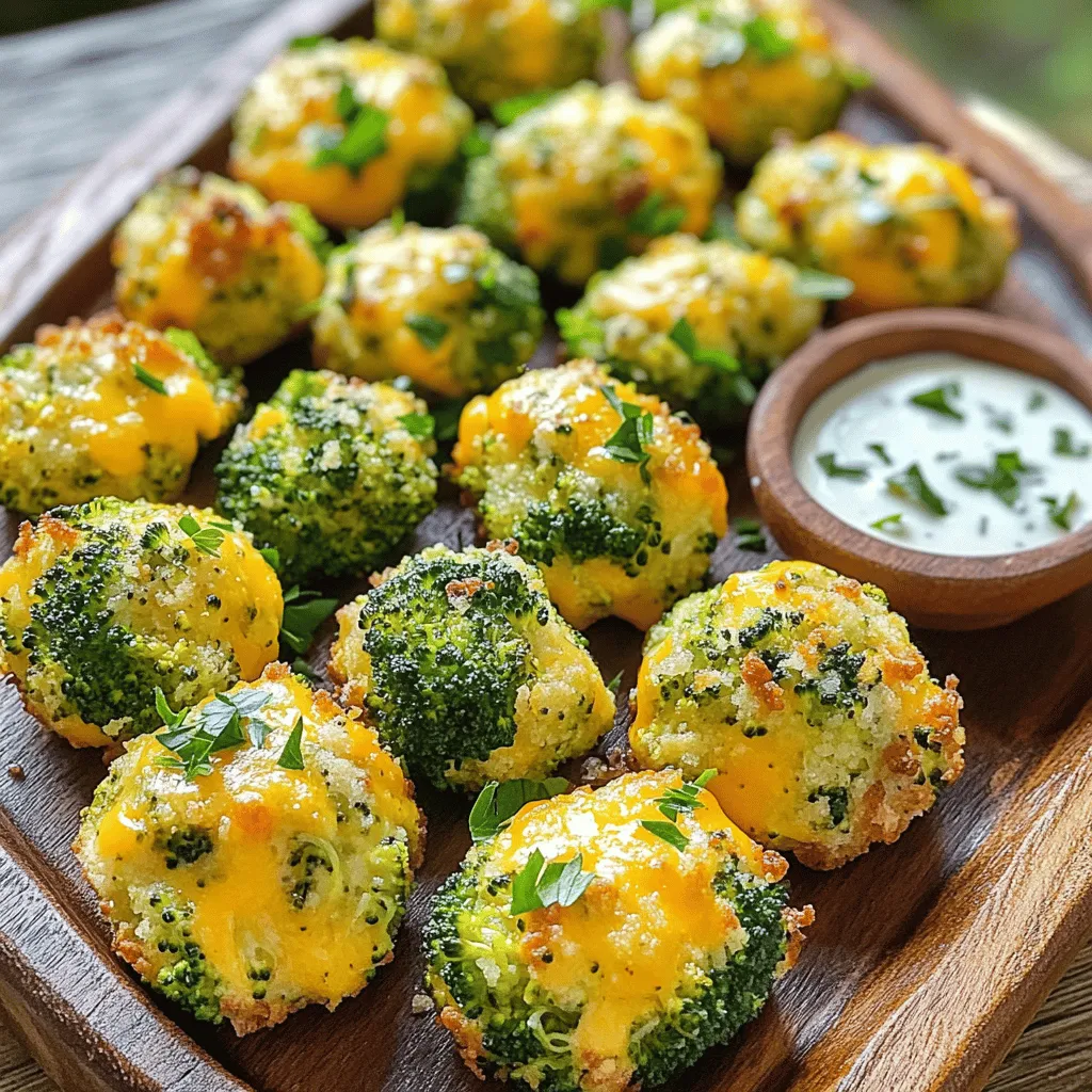 To make cheesy broccoli bites, you need simple and fresh ingredients. Here’s what you will need: - 2 cups steamed and finely chopped broccoli florets - 1 cup shredded aged cheddar cheese - 1/2 cup whole wheat breadcrumbs - 1/4 cup freshly grated Parmesan cheese - 2 large eggs, lightly beaten - 2 cloves minced garlic - 1/2 teaspoon onion powder - 1/4 teaspoon freshly ground black pepper - Salt, to taste - Olive oil spray, for greasing These ingredients work together to create a tasty and healthy snack. The broccoli adds fiber and vitamins, while the cheeses bring in a rich flavor. You can easily find all these items at your local grocery store. If you want to make these bites even better, try using organic or locally sourced ingredients. This choice boosts flavor and supports local farmers. For the full recipe, check out the details again later in the article. Now, let’s get ready to mix these delightful flavors together and make a dish everyone will love! Start by preheating your oven to 400°F (200°C). This step is key for a nice, even bake. Next, prepare your baking sheet. Lightly grease it with olive oil spray. This helps the bites not stick when cooking. For the broccoli, use fresh florets. Steam them until they are tender but still bright green. About 4 to 5 minutes should do. After steaming, finely chop the broccoli. This makes it mix well with the other ingredients. In a large mixing bowl, combine the finely chopped broccoli with the cheese. Add 1 cup of shredded aged cheddar and 1/4 cup of freshly grated Parmesan. Then, include 1/2 cup of whole wheat breadcrumbs. These add texture and help bind the mixture. Now, it's time to add the eggs and seasonings. Pour in the 2 beaten eggs. Add 2 cloves of minced garlic, 1/2 teaspoon of onion powder, and 1/4 teaspoon of black pepper. Add salt to taste. Mix everything well until combined. The mixture should feel cohesive and thick. With clean hands, scoop small amounts of the mixture. Roll them into balls about 1 inch in diameter. This is where the fun begins! Place each ball on the prepared baking sheet. Make sure to space them out evenly. This helps them cook nicely without sticking together. For a bit of extra crunch, lightly spray the tops of the bites with olive oil. This helps them get golden brown while baking. Now you are ready to bake! For the best results, I recommend baking the cheesy broccoli bites at 400°F (200°C). This temperature gives them a nice golden color. Bake them for 15-20 minutes. Watch closely to avoid burning. They are ready when they feel firm and have a crisp top. Pair these bites with your favorite dips. Creamy ranch and zesty garlic aioli go really well. For a fun twist, arrange them on a rustic platter. Add a sprinkle of chopped parsley on top for color. This makes the dish even more inviting. Store any leftovers in an airtight container in the fridge. They stay fresh for up to three days. To reheat, place them in the oven at 350°F (175°C) for about 10 minutes. This helps keep them crispy and delicious. Enjoy these cheesy broccoli bites warm for the best flavor! For the full recipe, check out the main article. {{image_4}} You can switch up the cheese in this recipe. If you prefer a milder flavor, try mozzarella. For a kick of spice, pepper jack works well. You can also mix cheeses. Blend cheddar with mozzarella for a gooey texture. If you want to change the breadcrumbs, you have options. Use panko for extra crunch. Try crushed crackers for a different flavor. Gluten-free bread crumbs are another great choice. Boost the taste by adding herbs and spices. A pinch of paprika gives a nice warmth. Consider adding Italian herbs like oregano or basil for a fresh twist. You can even try a dash of cayenne for heat. Don’t stop at broccoli! Experiment with other vegetables. Finely chopped spinach or carrots can add color and taste. Cauliflower also works well, giving a different texture to your bites. You can turn these cheesy bites into a main dish. Serve them with a side salad or rice for a full meal. Add a simple marinara sauce for dipping to elevate your dish. For parties, make mini versions. Shape the mixture into smaller balls. They are perfect as finger food. You can serve them on skewers with dips for a fun twist. For the Full Recipe, check out the main article. Can I make Cheesy Broccoli Bites ahead of time? Yes, you can make Cheesy Broccoli Bites ahead of time. Prepare them, shape them into bites, and cover them well. Store them in the fridge for up to 24 hours. When ready to bake, just pop them in the oven. This saves time and makes them easy for a quick snack. How do I ensure they are not soggy? To keep them from being soggy, make sure to steam the broccoli well. After steaming, chop it finely and let it cool. This helps remove extra moisture. Also, use the right amount of breadcrumbs. They absorb moisture and add texture. Can I freeze the cheesy broccoli bites? Yes, you can freeze them! Shape the bites and place them on a baking sheet. Freeze them in a single layer. Once frozen, transfer them to a bag or container. They can last for about three months in the freezer. Bake from frozen, adding a few extra minutes to the cooking time. How many calories are in one bite? Each Cheesy Broccoli Bite has about 50 calories. This can vary slightly based on the cheese and breadcrumbs you use. They make a great snack option without too many calories. Are these bites healthy for kids? Yes, these bites are healthy for kids! They are packed with broccoli and cheese. The whole wheat breadcrumbs add fiber. It's a fun way to get kids to enjoy their veggies. What kitchen tools are essential for this recipe? You will need a mixing bowl, a baking sheet, and an oven. A measuring cup for the ingredients helps too. A spoon for mixing and your hands for shaping the bites are essential, too. Recommendations for the best baking sheets to use For the best baking sheets, choose a heavy-duty option. This helps distribute heat evenly. Non-stick sheets work well, or you can line them with parchment paper. This prevents sticking and makes cleanup easier. This cheesy broccoli bites recipe takes about 10 minutes to prep and 20 minutes to cook. In total, you need only 30 minutes from start to finish. This recipe serves four, making it perfect for family gatherings or a snack for kids. First, preheat your oven to 400°F (200°C). You want to prepare your baking sheet by spraying it with olive oil. This helps the bites not stick. Next, mix the steamed broccoli with the cheeses and breadcrumbs in a large bowl. Then, add the beaten eggs, garlic, onion powder, and black pepper. Stir everything until it is well combined. Now, use your hands to roll the mixture into bite-sized balls, about one inch in diameter. Place them on the baking sheet with enough space between each. For a crunchy finish, lightly spray the tops with olive oil. Bake for 15-20 minutes until golden brown. Keep checking to avoid over-baking. For the best pairing, serve these bites with creamy ranch or zesty garlic aioli. You can arrange them on a rustic platter for a nice display. Sprinkle chopped parsley on top for a pop of color. This makes your dish look even more appetizing. Enjoy your delicious and easy cheesy broccoli bites! This blog post guides you through making Cheesy Broccoli Bites. We shared all the ingredients, step-by-step instructions, and tips for success. You learned how to mix the ingredients, shape the bites, and bake them to perfection. Don’t forget the fun serving ideas and tasty variations. These bites can be a hit at any gathering. Enjoy creating your own delicious version, and share your favorites with family and friends! Happy cooking!