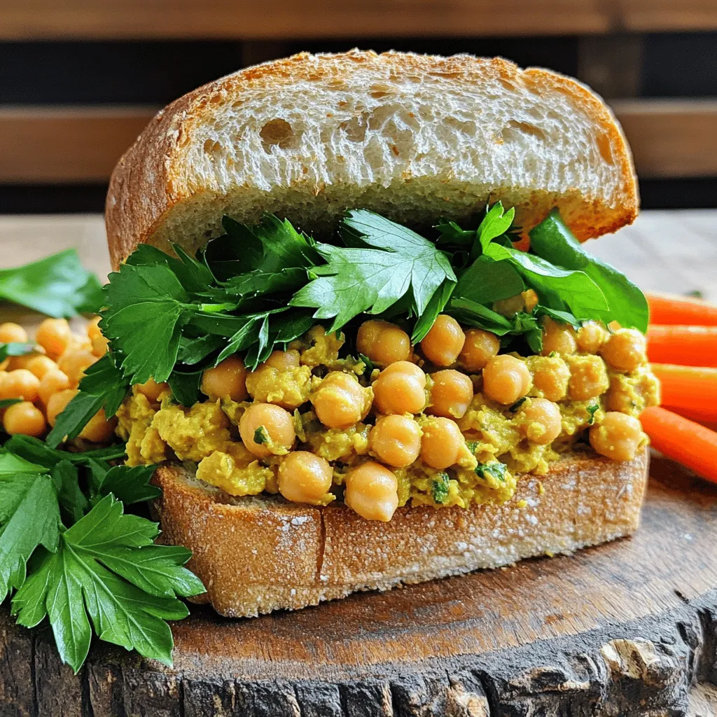 - Chickpeas: 1 can (15 oz), rinsed and drained - Greek Yogurt: 1/4 cup (or plant-based alternative) - Tahini: 1 tablespoon - Lemon Juice: 1 tablespoon - Dijon Mustard: 1 tablespoon - Garlic Powder: 1/2 teaspoon - Onion Powder: 1/2 teaspoon - Smoked Paprika: 1/4 teaspoon - Salt and Pepper: To taste - Celery: 1/2 cup, finely chopped - Red Onion: 1/4 cup, finely chopped - Pickles: 1/4 cup, diced - Fresh Parsley: For garnish - Bread: Whole grain or sourdough - Leafy Greens: For fresh assembly When I make this chickpea salad sandwich, I focus on fresh and simple ingredients. The main ingredient is canned chickpeas. They are easy to find and packed with protein. I rinse and drain them well to remove excess sodium. Next, I add Greek yogurt. This brings creaminess to the mixture. If you prefer a vegan option, choose a plant-based yogurt instead. Tahini adds a nutty taste. The lemon juice brightens the flavor. Dijon mustard gives it a zesty kick. For seasoning, I use garlic powder and onion powder. Both add depth to the dish. Smoked paprika gives a hint of smokiness. Salt and pepper enhance all the flavors. Now, for some crunch, I finely chop celery. Red onion adds a burst of flavor, while pickles bring tanginess. I like to garnish with fresh parsley for color and taste. When assembling, I choose whole grain or sourdough bread. Leafy greens make the sandwich fresh. You can find the full recipe [here](#). - Mash the chickpeas until mostly broken down. - Mix in yogurt, tahini, lemon juice, and mustard. Start by taking your can of chickpeas. Rinse and drain them well. Use a fork or potato masher to mash them in a bowl. You want them mostly broken down but still a bit chunky. This adds texture to your sandwich. Next, add the Greek yogurt, tahini, lemon juice, and Dijon mustard to the bowl. Stir until it’s smooth and creamy. This blend gives the salad its tasty flavor. - Add garlic powder, onion powder, smoked paprika, salt, and pepper. - Fold in celery, red onion, and pickles. Now it's time for the flavors! Sprinkle in garlic powder, onion powder, smoked paprika, salt, and pepper. These spices bring out the best taste. Gently fold in the finely chopped celery, red onion, and diced pickles. This mix adds crunch and a burst of flavor. Make sure everything is evenly spread. Every bite should have a bit of each ingredient. - Taste and adjust seasoning as needed. Taste your chickpea mixture. Do you want it saltier or zestier? Add more salt, pepper, or lemon juice to fit your taste. It’s all about what you enjoy. Don’t be afraid to tweak it until it feels just right. - Lay out bread slices with greens. - Generously heap the chickpea mixture and top with another bread slice. Grab your favorite bread. Lay out your slices and add a layer of leafy greens on one slice. This keeps everything fresh and crisp. Now, scoop a generous amount of the chickpea mixture on top. Spread it out evenly. Finally, place another slice of bread on top. Press down gently to hold everything in place. Enjoy your Chickpea Salad Sandwich! For the full recipe, refer to the detailed instructions above. To make your chickpea salad sandwich even creamier, use more yogurt. You can also add a splash of olive oil. Both options enhance the texture and flavor. Creaminess can make every bite more enjoyable. If your salad tastes too tangy, try adding a pinch of sugar. This small change helps balance the flavors well. Sweetness can tone down the acidity of the lemon juice and mustard. It makes the dish more harmonious. Make your sandwich look great by serving it with carrot sticks. A vibrant sprinkle of fresh parsley adds color too. For a lovely touch, present the sandwich on a rustic wooden board. You can even include a small bowl of extra chickpea salad as a dip. This makes your meal more fun and inviting! {{image_4}} If you want a vegan sandwich, swap Greek yogurt for plant-based yogurt. This keeps it creamy while making it suitable for vegans. I love using coconut or almond yogurt for a nice flavor. You still get that rich texture and taste. Do you enjoy some heat? Add diced jalapeños or a dash of hot sauce. This small change gives your sandwich a fun spice. I recommend starting with a little bit. You can always add more if you dare! For extra crunch, incorporate nuts or seeds. Sunflower seeds or chopped walnuts work great. This twist not only adds texture but also boosts the nutrients. You get a satisfying bite with each mouthful. For more ideas, check out the Full Recipe and explore what suits your taste! Store your chickpea salad sandwich in an airtight container. This way, it stays fresh for up to 3 days. Keeping it sealed helps maintain flavor and texture. If you plan to eat it later, this is a must. If you want to keep it longer, consider freezing the unassembled ingredients. This allows you to whip up a sandwich whenever you like. Just remember that once you mix the salad, it won’t freeze well. For the best taste and texture, eat the sandwich fresh. If you plan to prepare it in advance, store the dressing separately. This keeps everything crisp and prevents sogginess. Enjoy your meal with a smile! - Yes, canned chickpeas are perfect for this recipe. They save you time and are easy to use. Just rinse and drain them well before mashing. - Keep leftovers in an airtight container in the fridge. They will stay fresh for up to three days. Just make sure to seal it well to avoid drying out. - Yes, simply use gluten-free bread options. This way, you can enjoy the sandwich without any gluten worries. Many stores offer tasty gluten-free breads now. - Pair it with side salads, chips, or veggie sticks. These sides add crunch and color to your meal. You can also serve it with a pickle for extra flavor. - Yes, the chickpea mixture can be made in advance and stored. Just keep it in the fridge and assemble the sandwich when you are ready to eat. - Prep and total time is approximately 15 minutes. This quick recipe makes it easy to enjoy a tasty meal without spending too much time in the kitchen. Check the Full Recipe for more details on preparation. This chickpea salad sandwich is simple and packed with flavor. You can whip it up in about 15 minutes. The mixture of chickpeas, yogurt, and spices creates a tasty filling. You can customize it with fresh veggies or make it vegan. Store your leftovers easily for quick meals later. Enjoy it with fresh greens or crunchy sides. With these tips, you’ll make a sandwich everyone loves!