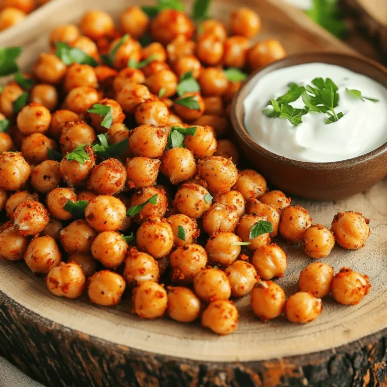 The spicy roasted chickpeas recipe is simple and fun. You can make it fast, and it’s packed with flavor. The chickpeas turn crispy and tasty, perfect for snacking. To make this snack, you need: - 1 can (15 oz) chickpeas, thoroughly rinsed and drained - 2 tablespoons extra virgin olive oil - 1 teaspoon smoked paprika - 1 teaspoon ground cumin - 1/2 teaspoon cayenne pepper - 1/2 teaspoon garlic powder - 1/2 teaspoon onion powder - Sea salt, to taste - Fresh parsley, finely chopped (for garnish) These ingredients create the perfect balance of spicy and savory. Feel free to mix it up! Here are some ideas to change flavors: - Add chili powder for more heat. - Use lemon zest for a citrus twist. - Try nutritional yeast for a cheesy taste. - Add herbs like rosemary or thyme for a fresh touch. Experimenting with flavors keeps your snacks exciting! To start, gather your chickpeas. I like to use one can of chickpeas, about 15 ounces. Rinse them under cold water to wash away the canning liquid. Drain them well. Next, spread the chickpeas on a clean kitchen towel. Pat them dry gently. This step is key for the crunch. Moisture will make them soft, not crispy. In a large mixing bowl, place the dry chickpeas. Drizzle in 2 tablespoons of extra virgin olive oil. This oil helps the spices stick. Next, add your spices: 1 teaspoon of smoked paprika for depth, 1 teaspoon of ground cumin for warmth, 1/2 teaspoon of cayenne for heat, 1/2 teaspoon of garlic powder for flavor, and 1/2 teaspoon of onion powder for sweetness. Sprinkle in sea salt to taste. Mix everything until each chickpea gets coated well. You want every bite to be full of flavor. Line a baking sheet with parchment paper for easy cleanup. Spread the seasoned chickpeas on the sheet in a single layer. This is important for even cooking. Place the baking sheet in a preheated oven set to 400°F (200°C). Roast the chickpeas for 25 to 30 minutes. Stir them halfway through to ensure they brown evenly. When they turn golden brown and crunchy, remove them from the oven. Let them cool slightly; they will crisp up even more. Taste and adjust seasoning if needed. Garnish with finely chopped parsley for a fresh touch. For the full recipe, check out the instructions above. To get your chickpeas super crunchy, start by drying them well. After rinsing, use a clean kitchen towel. Pat them dry gently to remove extra moisture. Moisture can make them soft instead of crunchy. Spread them out in a single layer on your baking sheet. This helps them roast evenly. Stir them halfway through cooking. This step ensures that every side gets that perfect golden crunch. Love heat? Add more cayenne pepper for a kick. Want it milder? Use less cayenne. You can even swap in sweet paprika if you prefer a lighter taste. Taste your spice mix before adding it to the chickpeas. This lets you adjust the flavors to match your mood. The goal is to find that perfect balance that suits your taste. Serve your spicy roasted chickpeas in a fun bowl or on a platter. Pair them with a creamy dip like yogurt or hummus. This makes for a perfect snack or appetizer. You can also toss them on a salad for extra crunch. These chickpeas add a great texture and flavor to many dishes. Enjoy your crunchy snack anytime! {{image_4}} You can change the flavor of your chickpeas easily. Try different spices based on your taste. For a zesty kick, use chili powder or lemon zest. If you love herbs, add dried oregano or thyme. For a sweet touch, mix in cinnamon or a bit of brown sugar. These options let you create a snack that suits your mood. While chickpeas are great, you can use other beans too. Try black beans or kidney beans for a new twist. Each type brings its own flavor and texture. Just remember to rinse and dry them well. Adjust the roasting time if needed, as different beans may cook faster or slower. Spicy roasted chickpeas are versatile and fun to serve. For game night, put them in a bowl for easy snacking. They also make a great topping for salads or soups. If you're hosting a party, serve them with dips like guacamole or salsa. This adds a crunch that everyone will love. You can find the full recipe to explore more ways to enjoy this delightful snack. To store leftover chickpeas, let them cool completely. Place them in an airtight container. You can keep them at room temperature for short periods. For longer storage, put them in the fridge. They will stay fresh for up to a week. If you notice any moisture, dry them again before storing. When reheating, I recommend using the oven. Preheat it to 350°F (175°C). Spread the chickpeas on a baking sheet. Heat them for about 10-15 minutes until warm and crispy. You can add a little olive oil for extra flavor. Avoid the microwave, as it can make them soggy. Roasted chickpeas have a shelf life of about one week in the fridge. If you want them to last longer, consider freezing them. Place cooled chickpeas in a freezer-safe bag. They can last for up to three months in the freezer. When ready to eat, you can roast them straight from frozen. They will be just as crunchy and flavorful. Remember, you can find the full recipe for spicy roasted chickpeas above. Roasted chickpeas can last up to one week when stored in an airtight container. Keep them in a cool, dry place to maintain their crunch. If they become stale, you can pop them back in the oven for a few minutes to revive that crispy texture. Yes, you can use an air fryer to make spicy roasted chickpeas. Preheat the air fryer to 400°F (200°C). Prepare your chickpeas as you would for the oven, then place them in the air fryer basket. Cook for about 15-20 minutes, shaking the basket halfway through for even cooking. This method gives you a quick and crunchy snack. Roasted chickpeas are a healthy snack option. They are high in protein and fiber, making them filling. They are also low in calories compared to many other snacks. When you use healthy oils and spices, you keep them nutritious. Enjoy them as a guilt-free snack that satisfies your crunch cravings. For more details, check the Full Recipe. In this blog post, I shared a detailed guide on making spicy roasted chickpeas. You learned about essential and optional ingredients to customize your flavor. The step-by-step instructions help you prepare, roast, and enjoy these crunchy snacks. Tips and variations offer ways to enhance your dish, while storage info ensures you can keep leftovers fresh. As you try these recipes, remember that adapting flavors and textures makes cooking fun. Explore your own taste and enjoy every bite!