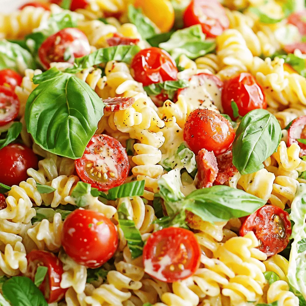 - Pasta and Salad Base - 8 ounces fusilli or rotini pasta - 4 slices of turkey bacon, cooked until crispy and chopped - 1 cup cherry tomatoes, halved - 1 cup Romaine lettuce, chopped into bite-sized pieces - Dressing Ingredients - 1/2 cup mayonnaise - 1 tablespoon Dijon mustard - 1 tablespoon apple cider vinegar - Salt and freshly cracked black pepper to taste - 1/4 teaspoon smoked paprika (optional) - Add-ins and Seasonings - 1/4 cup green onions, sliced thinly - Fresh basil leaves for garnish (optional) Gathering these ingredients makes the magic happen. The pasta serves as the base, while the turkey bacon adds crispiness. Cherry tomatoes bring sweetness, and Romaine lettuce adds crunch. The dressing combines rich flavors and tang. The green onions give a fresh bite. Optional smoked paprika adds a nice hint of smokiness. Fresh basil leaves finish off the salad nicely. You can find the full recipe above to guide you through each step. Enjoy putting this together for a colorful and tasty dish! How to Cook Fusilli or Rotini To start, fill a big pot with water. Add a good pinch of salt. Bring it to a rolling boil. Then, add your fusilli or rotini pasta. Cook it according to the package instructions. This usually takes about 8 to 10 minutes. Stir the pasta now and then to keep it from sticking. When the pasta is ready, drain it and rinse under cold water. This stops the cooking process and cools it down. Tips for Perfect Al Dente Pasta To get that perfect al dente texture, check the pasta a minute before the time is up. It should be firm yet cooked through. If you bite it and it feels too soft, it has cooked too long. Remember, this pasta will soak up the dressing later, so it should have a bit of bite to it. Cooking Crispy Turkey Bacon Next, let's cook the turkey bacon. Grab a medium skillet and heat it over medium heat. Add the chopped turkey bacon and stir it often. Cook for about 6 to 8 minutes until it gets crispy. Once it looks good, move the bacon to a plate with paper towels. This will help soak up extra grease. Steps to Make the Dressing Now, let’s whip up the dressing. In a small bowl, mix together the mayonnaise, Dijon mustard, apple cider vinegar, and a pinch of salt and pepper. If you want a smoky flavor, add the smoked paprika here. Whisk it all together until it’s nice and smooth. Taste your dressing and adjust the seasoning if needed. Mixing Ingredients Effectively Now it’s time to bring everything together. In a big mixing bowl, combine the cooled pasta, crispy turkey bacon, halved cherry tomatoes, chopped Romaine lettuce, and sliced green onions. Gently toss everything together. This way, every bite will have a bit of each ingredient. Importance of Chilling for Flavor Chilling the salad is key. Cover the bowl with plastic wrap or a lid. Place it in the fridge for at least 30 minutes. This time allows the flavors to blend and makes every bite taste amazing. Once chilled, the salad is ready to serve. Enjoy your Classic BLT Pasta Salad! For the full recipe, check out the details above. To make your Classic BLT Pasta Salad creamy, use enough dressing. The right mix of mayonnaise and Dijon mustard gives it a rich taste. If you want a lighter feel, add a bit more apple cider vinegar. This will brighten the flavors and keep it fresh. Balancing flavors is key. The salty turkey bacon pairs well with sweet cherry tomatoes. Add fresh Romaine lettuce for crunch. Remember to season with salt and freshly cracked black pepper to enhance all the tastes. Overcooking pasta is a common mistake. You want your fusilli or rotini al dente, which means firm to the bite. Cook it for about 8-10 minutes, then drain and rinse it quickly in cold water. Skipping the chilling time is another error. Letting the salad chill for at least 30 minutes allows flavors to blend. The salad will taste much better if you wait. For extra flavor, consider adding more seasonings. A pinch of smoked paprika gives a nice smokiness. Fresh herbs like basil add a pop of freshness. You can also mix in olives or avocado for a twist. When serving, think about presentation. Use a large bowl to show off the colorful salad. Garnish with extra green onions and basil leaves for a beautiful touch. For an added crunch, serve with toasted bread or crackers. Check out the Full Recipe to explore all the steps and ideas! {{image_4}} You can customize your Classic BLT Pasta Salad to fit your needs. If you have dietary restrictions, consider these substitutions: - Pasta: Use gluten-free pasta if you're sensitive to gluten. - Bacon: Swap turkey bacon for regular bacon or a plant-based option. - Dressing: Choose a dairy-free mayo for a vegan dressing. For vegetarian or vegan options, skip the bacon altogether. You can add roasted chickpeas for protein. They add a nice crunch and flavor. You can keep the rest of the ingredients the same. Seasonal ingredients can make your pasta salad even better. Here are some ideas: - Adding Fresh Vegetables: In summer, add cucumbers and bell peppers. In fall, consider adding roasted butternut squash or sweet potatoes. - Adapting for Different Seasons: In winter, you might try adding kale or spinach. These greens add nutrients and color. These variations keep your salad fresh and exciting. You can explore flavors based on what’s in season. You can find more ideas in the Full Recipe. To keep your Classic BLT Pasta Salad fresh, follow these steps: - Best Practices for Refrigeration: Store the salad in an airtight container. This helps keep it cool and prevents it from drying out. Make sure the container seals well to lock in the flavors. - Duration of Freshness: When stored properly, your pasta salad lasts for about 3 to 4 days in the fridge. After that, the ingredients may lose their taste and texture. - Is Reheating Necessary?: Typically, reheating is not necessary. This salad tastes best chilled. You can enjoy it cold right from the fridge. - How to Reheat Without Losing Quality: If you prefer it warm, gently reheat it in a pan over low heat. Stir often to avoid sticking. Add a splash of water or olive oil to keep it moist. Avoid using the microwave, as it can make the pasta mushy. Can I use regular bacon instead of turkey? Yes, you can use regular bacon. It will add a rich flavor. Just cook it until crispy, like the turkey bacon. The taste will be a bit different, but still tasty! How long can I keep this salad in the fridge? You can keep this salad in the fridge for about 3 days. Make sure it is well covered. This keeps it fresh and safe to eat. Can I make this pasta salad a day ahead? Absolutely! Making it a day ahead helps the flavors blend. Just store it in the fridge until you are ready to serve. This makes it very easy for gatherings. What can I serve with BLT Pasta Salad? This salad pairs well with grilled chicken, fresh bread, or fruit. It’s a great side dish for any meal. You can also enjoy it on its own as a light lunch. Can I use gluten-free pasta? Yes, gluten-free pasta works great in this recipe. Just be sure to follow the cooking time on the package. It should still taste delicious! What are other dressing options? You can try ranch dressing or a vinaigrette. Each will give a different twist to the flavor. Experiment and find what you like best. For the full recipe, check out the details! In this blog post, we covered all you need to know about making a classic BLT pasta salad. We explored the main ingredients, from pasta to dressing and add-ins. I shared step-by-step instructions for cooking and combining everything. We discussed tips for a great texture and taste, as well as common mistakes to avoid. Finally, we looked at ways to customize and store your salad. Enjoy your pasta salad adventure. It’s simple and fun to make!