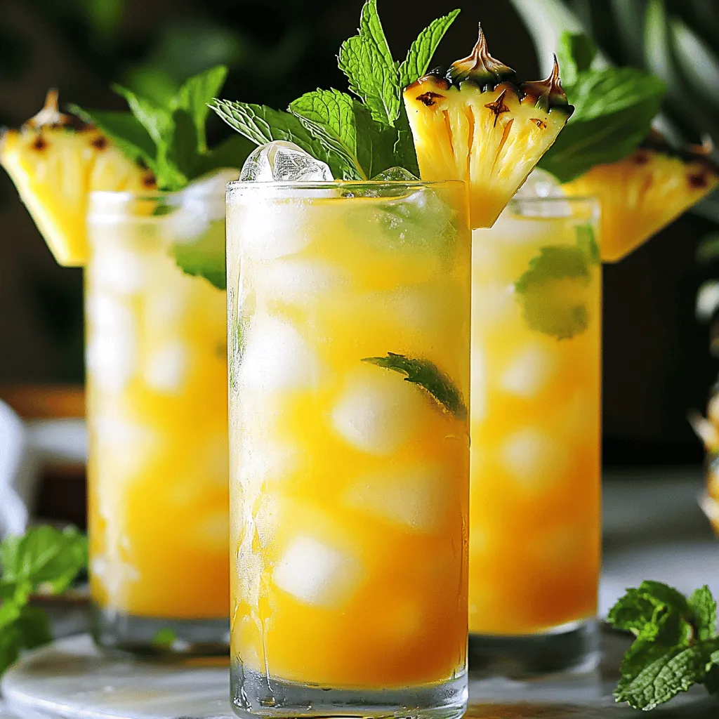 - 2 cups fresh pineapple chunks - 1 cup fresh mint leaves - 1 tablespoon honey or agave syrup - 1 cup coconut water - 2 tablespoons freshly squeezed lime juice - Sparkling water - Ice cubes - Additional mint leaves for garnish - Pineapple slices or lime wedges The ingredients for the Minty Pineapple Cooler are simple and fresh. You start with ripe pineapple. This gives your drink a sweet, tropical flavor. Fresh mint adds a cool touch. Honey or agave syrup sweetens the drink. You can adjust the sweetness to fit your taste. Coconut water adds hydration and a mild flavor. Fresh lime juice brings a zesty kick. This balance makes the cooler refreshing. Sparkling water finishes your drink with bubbles. It adds a fun fizz that makes sipping even better. For presentation, consider garnishes. Extra mint leaves look great on top. Pineapple slices or lime wedges can decorate the glass. These small touches make your drink pop visually. You’ll find the full recipe for this delightful drink in the recipe section above. The Minty Pineapple Cooler is perfect for hot summer days. It’s refreshing, tasty, and easy to make. Enjoy crafting this delightful drink to share with friends or family! - Combine 2 cups of fresh pineapple chunks, 1 cup of fresh mint leaves, 1 tablespoon of honey or agave, 1 cup of coconut water, and 2 tablespoons of lime juice in a blender. - Blend until smooth. If you want a pulp-free drink, strain the mixture through a fine mesh sieve. - Fill each glass halfway with ice cubes. This keeps the drink cold and refreshing. - Pour the blended mixture over the ice, filling each glass about two-thirds full. - Top off each glass with sparkling water. This gives the drink a refreshing fizz. - Gently stir the drink to mix the layers together. This helps blend the flavors without losing the bubbles. - For an extra touch, garnish with a sprig of fresh mint on top. This adds color and aroma. For more details, check the Full Recipe. Enjoy this cool drink on a hot summer day! You can change the sweetness of your Minty Pineapple Cooler easily. Start by adding less honey or agave syrup. Blend, taste, and adjust as needed. If you want to use natural sweeteners, try maple syrup or stevia. Both can add great flavor without too much sugar. For a more vibrant taste, add extra lime juice or mint leaves. A dash of lime zest will also brighten up your drink. If the drink feels too tart, add a bit more honey or agave syrup. Balance is key. You want sweet, tangy, and fresh all at once. Serve your cooler in tall, clear glasses for a stunning look. Clear glass shows off the beautiful colors. Add a slice of fresh pineapple or a lime wedge on the rim. This not only looks great but also gives a fruity aroma. Garnish with extra mint leaves for a pop of green. This makes your drink inviting and fun! For the full recipe, check out the instructions above. {{image_4}} You can make the Minty Pineapple Cooler even better by adding other fruits. Mango adds a tropical touch, while strawberries bring a sweet twist. To try seasonal fruits, think about peaches in summer or cranberries in fall. Each fruit adds its own flavor, making the drink more fun. Want to spice it up? You can easily turn the Minty Pineapple Cooler into a cocktail! Add rum or vodka to the mix for a refreshing adult drink. A splash of coconut rum pairs perfectly with the tropical flavor. Just be sure to taste as you go for the best balance. If you want a vegan option, skip the honey and use agave syrup. It works great and keeps everything plant-based. For those who like creamy drinks, try adding coconut cream or a splash of almond milk. This way, you can enjoy a rich flavor without dairy, perfect for strict vegans. For the full recipe, check out the Minty Pineapple Cooler section! To keep your Minty Pineapple Cooler fresh, store the blended mixture in a sealed container. Place it in the fridge. It will stay good for about two to three days. The mint flavor stays bright, but the drink may lose its fizz. To maintain freshness, avoid adding sparkling water until serving. If you add fizz too early, it will go flat. This drink tastes best when enjoyed fresh, but you can still enjoy it for a few days. You can freeze the mix for quick future use. Pour it into ice cube trays and freeze until solid. This way, you can have a cool treat whenever you want. Just pop out a few cubes when you're ready to enjoy. To re-create the drink after thawing, blend the frozen cubes with fresh sparkling water and a splash of lime juice. This gives you a fresh, icy Minty Pineapple Cooler in minutes. It’s a great option for hot days or surprise guests! Yes, you can use canned pineapple. Here are some pros and cons: - Pros: Canned pineapple is easy to find. It saves time on prep work. You can use it year-round. - Cons: Canned pineapple can be sweeter. It may lack the fresh taste that brightens the drink. Always check the label for added sugars. Fresh pineapple gives the best flavor and freshness. If you want to try canned, choose unsweetened, if possible. The Minty Pineapple Cooler is best enjoyed fresh, but it lasts about 1 day in the fridge. Here is how to keep it fresh: - Store in an airtight container. This helps prevent it from absorbing other flavors. - If you added sparkling water, it may lose its fizz quickly. Drink it within a few hours for the best taste. Yes, you can make it ahead, but keep a few tips in mind: - Blend the mixture without adding sparkling water. This will keep it fresh longer. - Store the blend in the fridge. Add ice and sparkling water just before serving to keep it bubbly. - You can make the mix up to 1 day ahead. This way, you save time for your summer gathering. For the full recipe, check the detailed instructions to create this refreshing drink! The Minty Pineapple Cooler is a refreshing drink that’s easy to make. We covered simple ingredients, step-by-step blending, and serving tips. You can adjust sweetness and add fruits to make it your own. For a fun twist, you can create an alcoholic version or vegan-friendly options. Remember, this drink stores well and can be frozen for later. Enjoy experimenting with flavors, and share your creations! The Minty Pineapple Cooler is a perfect treat for any occasion.