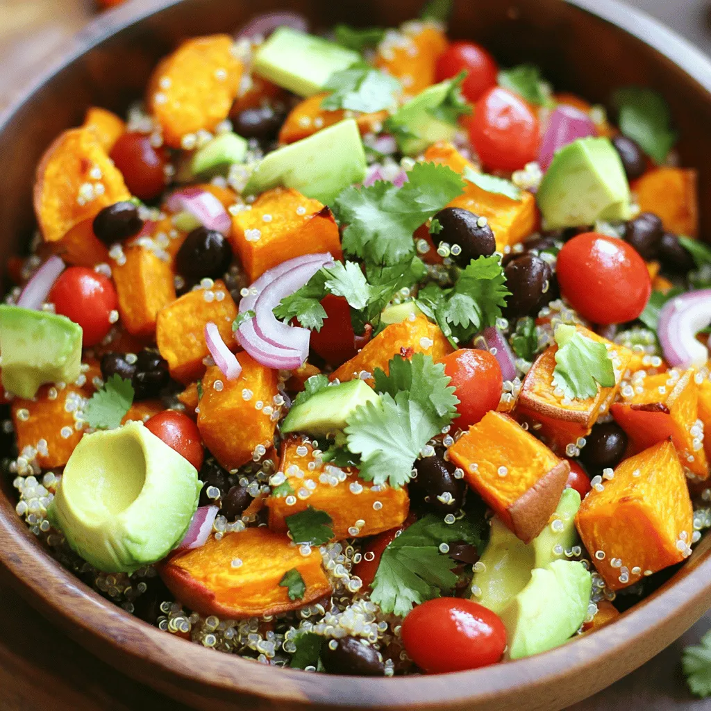 - 2 medium sweet potatoes, peeled and diced into bite-sized cubes - 1 cup quinoa, thoroughly rinsed under cold water - 2 cups vegetable broth (or water) for cooking quinoa - 1 cup cherry tomatoes, halved for freshness - 1/2 red onion, finely diced for a sweet crunch - 1 cup black beans, rinsed and drained for protein - 1 ripe avocado, diced for creaminess - 1/4 cup fresh cilantro, finely chopped for a burst of flavor - 3 tablespoons olive oil, divided for roasting and dressing - 2 tablespoons fresh lime juice for zesty notes - 1 teaspoon cumin powder for a warm spice - Salt and pepper to taste This dish shines with its vibrant ingredients. The sweet potatoes add natural sweetness. Quinoa brings a nutty flavor and great texture. Black beans pack protein, making this salad filling. Fresh tomatoes and avocado add color and creaminess. You can also customize it. Consider adding crumbled feta or sliced almonds for extra taste. For a spicy kick, toss in some jalapeños or hot sauce. Nutritionally, this salad is a powerhouse. Sweet potatoes are high in vitamins A and C. Quinoa is a complete protein, which is rare for plant foods. Black beans offer fiber, which is important for digestion. Overall, this salad is healthy, tasty, and satisfying. For the complete dish, follow the [Full Recipe]. To start, preheat your oven to 400°F (200°C). This heat is perfect for roasting. Next, rinse 1 cup of quinoa under cold water and set it aside. Rinsing removes a bitter coating called saponin. While you wait for the oven, you can chop your sweet potatoes. Peel and dice 2 medium sweet potatoes into bite-sized cubes. Now, on a large baking sheet, spread out the diced sweet potatoes evenly. Drizzle 2 tablespoons of olive oil over them. Sprinkle with salt, pepper, and 1 teaspoon of cumin powder. Toss everything well to coat the sweet potatoes. Roast them in the oven for 25-30 minutes. They should get tender and caramelized, giving a sweet flavor. While the sweet potatoes roast, cook the quinoa. In a medium saucepan, bring 2 cups of vegetable broth (or water) to a gentle boil. Add the rinsed quinoa once boiling. Reduce the heat to low, cover, and let it simmer for 15 minutes. After cooking, fluff the quinoa with a fork and let it cool. In a large mixing bowl, combine 1 cup of halved cherry tomatoes, 1/2 finely diced red onion, and 1 cup of rinsed black beans. Add 1 ripe diced avocado and 1/4 cup of chopped cilantro. This colorful mix brings fresh flavors to your salad. Once the sweet potatoes are cool, gently fold them into the bowl with the other ingredients. This helps them stay intact without mashing. For serving, arrange your salad in large bowls or on a platter. Aim for a colorful display. It’s best to serve the salad chilled or at room temperature. Just before serving, drizzle some extra lime juice on top. You can also sprinkle more chopped cilantro for a fresh touch. Enjoy this delightful salad that pairs well with any meal. For the complete recipe, check out the Full Recipe section. How to avoid overcooking quinoa: To avoid mushy quinoa, rinse it well before cooking. Use a ratio of 1 cup quinoa to 2 cups water or broth. Bring it to a boil, then reduce heat, cover, and simmer for 15 minutes. Remove from heat and let it sit for 5 minutes. Fluff it with a fork for perfect grains. Achieving the perfect roast on sweet potatoes: Cut sweet potatoes into even-sized cubes. This ensures they cook uniformly. Preheat your oven to 400°F (200°C). Toss the cubes with olive oil, salt, pepper, and cumin. Roast for 25-30 minutes until they are golden and tender. Keep an eye on them to avoid burning. Flavor enhancements with spices and herbs: Try adding garlic powder or smoked paprika to the sweet potatoes for extra flavor. Fresh herbs like thyme or rosemary can also add depth. For the salad, squeeze in fresh lime juice and add chopped cilantro. These will brighten the dish beautifully. Ensuring even distribution of flavors: When mixing the salad, add the roasted sweet potatoes last. This helps keep them intact. Gently fold them into the other ingredients. This way, every bite gets a bit of everything. Timing for dressing the salad: Dress the salad right before serving. This keeps the salad fresh and prevents wilting. Use a light hand with the dressing to avoid overpowering the flavors. How to prevent ingredients from getting soggy: Keep the dressing separate until serving. Store leftover ingredients in airtight containers. This way, you can enjoy the salad later without sogginess. {{image_4}} You can switch quinoa for other grains. Brown rice or farro work well. These grains add unique flavors and textures. You can also change beans or legumes. Try chickpeas or kidney beans for a twist. Seasonal veggies can bring fresh taste. Use roasted Brussels sprouts in fall or ripe zucchini in summer. Making your own dressing is easy and fun. Try mixing olive oil with lemon juice for a light taste. Add some honey for sweetness or garlic for a kick. Explore spicy options by using chili flakes or chipotle. For a tangy flavor, use balsamic vinegar. You can create vegan and gluten-free dressings too. Just avoid honey and use maple syrup instead. For more details, check the Full Recipe for Roasted Sweet Potato Quinoa Salad. To keep your Roasted Sweet Potato Quinoa Salad fresh, follow these steps: - Store the salad in an airtight container. - Place the container in the fridge right after serving. - This helps maintain flavor and texture. For maximum shelf life, use glass containers. They don’t absorb odors and are easy to clean. If you need to reheat it, do so gently. Use the microwave in short bursts. Stir it occasionally to evenly heat. Can you freeze Roasted Sweet Potato Quinoa Salad? Yes, you can! However, some ingredients may change in texture. To freeze, follow these steps: - Portion the salad into freezer-safe bags or containers. - Remove as much air as possible before sealing. - Label the bags with the date for easy tracking. To thaw, place the salad in the fridge overnight. This keeps it safe and tasty. You can also use the microwave. Just make sure to check it often to prevent overcooking. Enjoy your salad later with a fresh taste! How long does it take to make Roasted Sweet Potato Quinoa Salad? It takes about 50 minutes to make this salad. You spend 15 minutes prepping and 35 minutes cooking. Can I make this salad in advance? Yes, you can make this salad a day ahead. Just keep it in the fridge. Is the salad suitable for meal prep? Absolutely! This salad works great for meal prep. You can make it and pack it for lunches. Is this recipe gluten-free? Yes, this recipe is gluten-free. Quinoa is a safe grain for those avoiding gluten. Vegetarian and vegan suitability This salad is both vegetarian and vegan. It contains no animal products, making it suitable for all diets. Nutritional information per serving and health benefits Each serving has about 300 calories. This salad is high in fiber, vitamins, and healthy fats. Sweet potatoes provide beta-carotene and antioxidants. Quinoa adds protein, making it a balanced meal. This blog post covers the key ingredients, step-by-step instructions, and helpful tips for making Roasted Sweet Potato Quinoa Salad. You learned about ingredient choices and how to prepare and store the salad properly. My final thought is that this recipe is flexible. You can substitute ingredients based on your taste or what you have at home. With the right preparation, you’ll enjoy a fresh, tasty dish that is good for you. Enjoy your salad-making adventure!