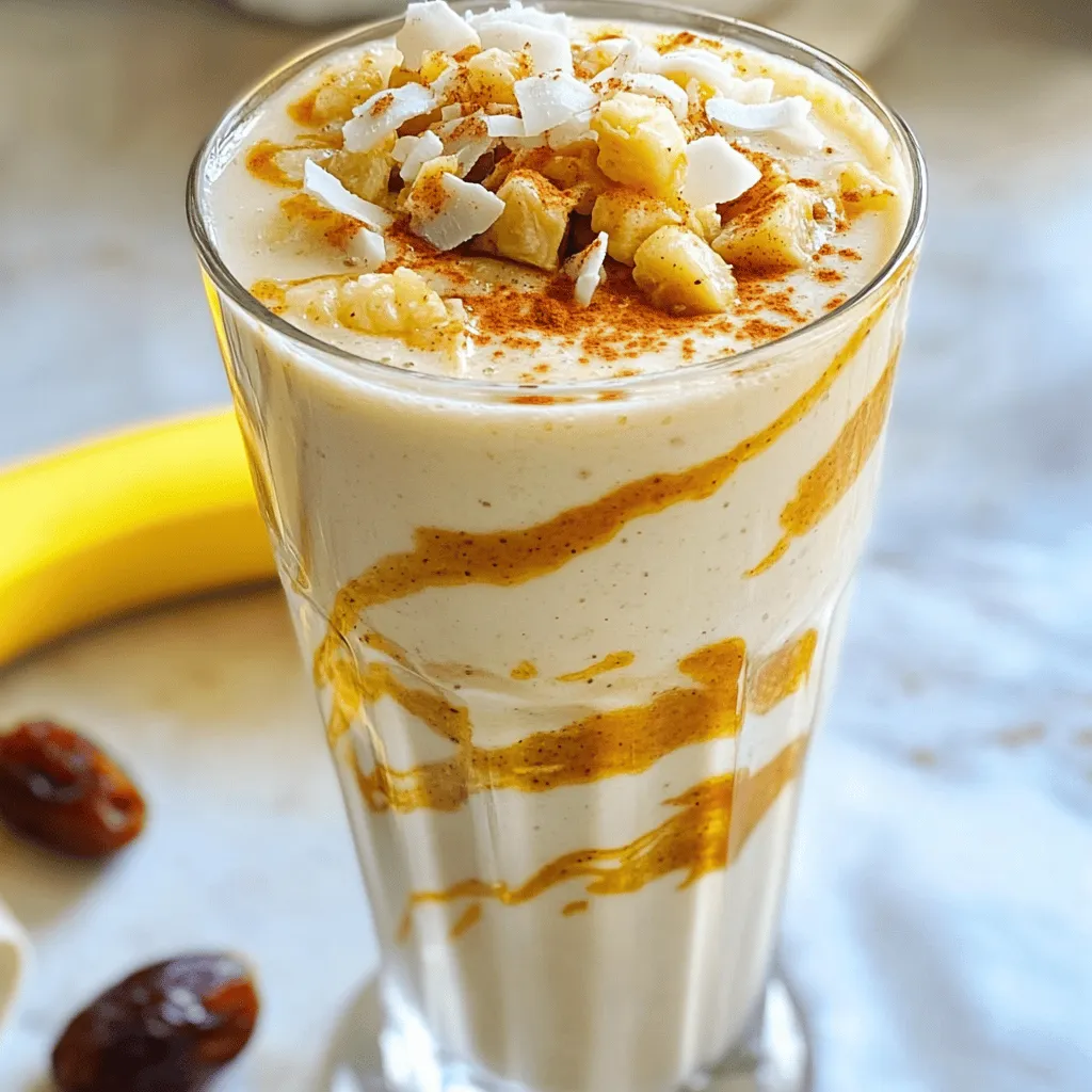 - 1 cup chilled coconut milk - 1/2 cup pitted and chopped Medjool dates - 1 ripe banana, peeled - 1 tablespoon almond butter - 1 teaspoon pure vanilla extract - 1/2 teaspoon ground cinnamon - Ice cubes for a refreshing chill - Fresh coconut flakes for garnish When I make my Coconut Date Shake, I love to start with the main ingredients. They form the base of this tasty drink. I use one cup of chilled coconut milk for that creamy texture. The coconut milk gives a rich and smooth feel. Next, I add half a cup of pitted and chopped Medjool dates. These dates add natural sweetness and a chewy texture. Lastly, I toss in one ripe banana, peeled. The banana adds a nice creaminess and extra flavor. To enhance the flavor, I include some almond butter. Just one tablespoon adds a nutty taste. I also add one teaspoon of pure vanilla extract. This ingredient boosts the sweetness without extra sugar. A dash of ground cinnamon, just half a teaspoon, gives a warm spice that blends well. If I want it extra refreshing, I might add ice cubes. They chill the shake and make it even more enjoyable on hot days. For a lovely finish, I sprinkle fresh coconut flakes on top. This adds a fun look and a bit of crunch. You can find the complete recipe in the Full Recipe section. Enjoy making your Coconut Date Shake! - Start by blending the main ingredients. - Combine 1 cup of chilled coconut milk, 1/2 cup of pitted and chopped Medjool dates, 1 ripe banana, 1 tablespoon of almond butter, 1 teaspoon of pure vanilla extract, and 1/2 teaspoon of ground cinnamon in a blender. - Blend on high speed until smooth and creamy. - If you want a thicker shake, add ice cubes and blend again until well mixed. - After blending, taste your shake. - If you want it sweeter, add more dates or a drizzle of honey. - Blend again to mix in the sweetness. - Carefully pour the shake into tall glasses. - Watch the creamy texture flow down the sides. - Top each glass with fresh coconut flakes for a tropical touch. Enjoy your Coconut Date Shake right away for the best flavor! This refreshing drink is perfect for any time of the day. For the full recipe, check out the Tropical Bliss Coconut Date Shake! To get a smooth blend, start with chilled coconut milk. It helps create a creamy shake. Make sure to blend the dates well. They should break down fully for a smooth drink. If you want a thicker shake, add a few ice cubes. Blend again until it’s well mixed. For a thinner shake, you can add more coconut milk. Just a little at a time until you reach your desired texture. Want to boost the flavor? Try adding a scoop of nut butter or a spoon of honey. You can also mix in some cocoa powder for a chocolatey twist. Blend it all well to combine those flavors. Using ripe bananas helps add natural sweetness, too. Don’t forget to taste as you go. Each ingredient can change the shake's taste. Make your shake fun to serve! Pour it into tall, clear glasses. This lets the beautiful layers show off. For garnishing, sprinkle fresh coconut flakes on top. You can even add a slice of banana or a sprig of mint for color. Use fun straws for a playful touch. Your shake will be both tasty and pretty! {{image_4}} Coconut milk and dates offer many health benefits. Coconut milk is rich in healthy fats. These fats help boost energy and keep you full. It also has vitamins and minerals that support your body. Dates are full of fiber, which aids digestion. They also provide natural sweetness without added sugar. If you want, you can try alternative milk options. Almond milk or oat milk can work well too. Each milk brings its own flavor and health perks. Choose what fits your taste and diet best. Adding different fruits can change your shake's taste. Try berries, mango, or even avocado. Each fruit gives a unique flavor and adds nutrients. You can also mix in spices for a twist. A dash of nutmeg or cardamom can elevate the flavor. Experiment with these options to find what you love most. You might create a new favorite! If you need vegan or nut-free options, this shake is easy to adapt. Just skip the almond butter or use sunflower seed butter instead. This keeps it nut-free and still tasty. For gluten-free options, this shake is already safe. All ingredients are gluten-free, so enjoy without worry. These adaptations make it easy for everyone to enjoy this drink. For short-term storage, keep your Coconut Date Shake in the fridge. Use a sealed jar or container to keep it fresh. It will taste best within one day. If you have extra shake, you can freeze it for later. Just pour it into ice cube trays or freezer-safe containers. This way, you can enjoy a chilled drink anytime. You usually don't need to reheat a shake. If you do, use a blender to mix it again. This helps keep the texture smooth. If your shake feels thick after storage, add a splash of coconut milk. Blend well to refresh it, and enjoy its creamy goodness again. In the fridge, your shake lasts about two days. Check for signs of spoilage like a sour smell or separation. If it smells off or looks strange, toss it out. Fresh ingredients help it taste its best, so always check before enjoying your Coconut Date Shake. Can I use dried dates instead of fresh? Yes, you can use dried dates. Dried dates may be sweeter than fresh. Just remember to soak them in warm water for about 10 minutes to soften. This makes them easier to blend. How can I make it lower in calories? To lower the calories, use low-fat coconut milk. You can also reduce the amount of banana or almond butter. Another option is to skip the coconut flakes on top. Can I add protein powder for an extra boost? Absolutely! Adding protein powder is a great idea. It will give your shake extra nutrition. Just mix in a scoop when you blend the other ingredients. How far in advance can I prepare the shake? You can make the shake a few hours ahead. However, it tastes best fresh. If you make it early, store it in the fridge. What is the best way to store leftovers? Store leftovers in an airtight container. Keep it in the fridge for up to two days. Shake or stir it well before drinking, as it may separate. Can I use different types of milk? Yes, you can use any milk you like! Almond milk, oat milk, or soy milk all work well. Each type will bring its own flavor. How can I adjust the recipe for different serving sizes? To adjust serving sizes, simply multiply or divide the ingredients. For one serving, use half of each ingredient. For more servings, double the amounts. This blog post covered how to make a tasty coconut date shake. You learned about key ingredients like coconut milk and Medjool dates, plus flavor enhancers like almond butter and cinnamon. Following step-by-step instructions ensures your shake is smooth and enjoyable. By trying variations and storage tips, you can customize your shake to fit your needs. Enjoy making this simple, healthy drink any time you want! Your kitchen creations can be both fun and delicious.
