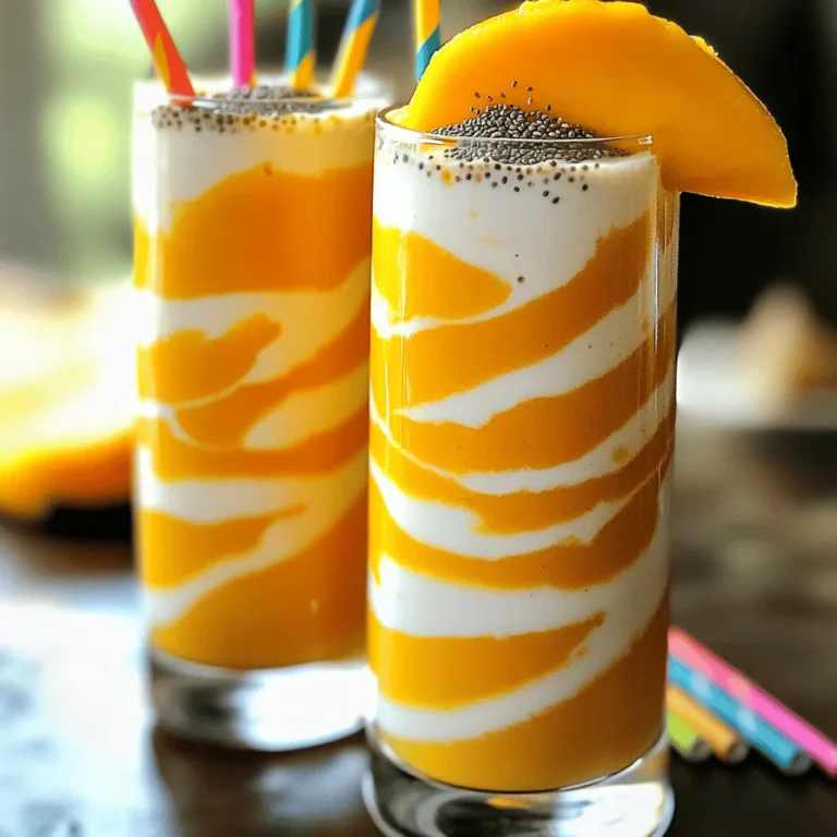 - 1 ripe mango, peeled and diced - 1 cup fresh pineapple chunks - 1 medium ripe banana, frozen - 1 cup coconut milk (or regular milk) - 1/2 cup Greek yogurt (optional) - 1 tablespoon honey or agave syrup - 1 tablespoon chia seeds (optional) - Ice cubes (optional) Gathering fresh ingredients is key for the best flavor. Use a ripe mango for sweetness. Fresh pineapple brings a bright, tangy taste. A frozen banana adds creaminess and helps chill the smoothie. Coconut milk gives a rich texture, but regular milk works too. Greek yogurt is optional, but it makes the smoothie extra creamy. Honey or agave syrup adds sweetness; you can adjust it to your liking. Chia seeds are optional, but they add nutrition. Ice cubes can make it thicker and cooler, perfect for a hot day. You can find the full recipe listed above. Start by dicing the ripe mango and fresh pineapple into small pieces. Use a sharp knife for clean cuts. The mango should be soft but not mushy. Pineapple pieces should be juicy and sweet. These fruits will provide a bright flavor to your smoothie. Next, freeze the banana. A frozen banana gives the smoothie a thick, creamy texture. Peel the banana and cut it into chunks. Place the chunks in a bag and freeze them for a few hours. Frozen bananas are key to a rich smoothie. Now, it's time to add the ingredients to the blender. First, put the diced mango and pineapple in. Then, add the frozen banana. Pour in one cup of coconut milk for creaminess. If you want, include Greek yogurt for extra smoothness. Next, drizzle in the honey or agave syrup. This sweetener helps balance the tartness of the fruits. Taste as you go and adjust the sweetness to your liking. If you want more nutrition, toss in one tablespoon of chia seeds. They can give a nice health boost! Blend the mixture on high speed until smooth. Remember to pause and scrape down the sides. This helps mix all the ingredients well. You want a creamy and vibrant color. After blending, taste your smoothie. If it's too thick, add a bit more coconut milk. If you like it thicker, throw in some ice cubes. Blend again until you reach your perfect texture. Pour the smoothie into tall glasses and enjoy your tropical drink. For more details, check the Full Recipe. To achieve the perfect thickness for your smoothie, ice cubes can be your best friend. Start with a few cubes and blend them in. If you want a creamier texture, adjust the amount of coconut milk. More milk will make it thinner, while less will keep it thick. To make your smoothie even tastier, you can add a splash of vanilla extract. This simple addition brings out the fruit's natural sweetness. You can also use flavored yogurt instead of plain Greek yogurt. This change can add a fun twist to your drink. Serving your smoothie in tall, clear glasses looks great. You can garnish each glass with a slice of fresh mango on the rim. A sprinkle of chia seeds on top adds a nice touch. For a cheerful look, consider adding a colorful straw. Your smoothie will not only taste good but look amazing too! {{image_4}} If you want a creamy mango pineapple smoothie without dairy, try these options. - Coconut milk works great. It adds a rich flavor and creamy texture. - You can also use almond or oat milk. These options keep it light and tasty. - For yogurt, choose non-dairy yogurt made from nuts or soy. It gives a nice creaminess without milk. Adding different fruits can change the taste and nutrition. - Spinach is an easy addition. It blends well and boosts health without altering the flavor. - You can mix in berries like strawberries or blueberries. They add a fun flavor and are packed with vitamins. - Other tropical fruits, like papaya or kiwi, can also make your smoothie unique. You can adjust the sweetness and nutrition of your smoothie easily. - Maple syrup is a great natural sweetener. It adds a rich flavor without processed sugar. - For extra protein, try adding protein powder. This can help keep you full longer and is great for post-workout recovery. - You can also sprinkle in some chia seeds. They boost fiber and omega-3s, making your drink even healthier. For the full recipe, check out the Tropical Sunset Mango Pineapple Smoothie . To store leftover mango pineapple smoothie, use an airtight container. Glass jars or plastic containers work well. Make sure to leave some space at the top since liquids expand when frozen. If you plan to freeze it, pour the smoothie into ice cube trays. This way, you can use small portions later. If your smoothie sits in the fridge, it may separate. To refresh it, simply shake the container or stir it well. You can also blend it again with some fresh fruit or a splash of coconut milk. The smoothie is best enjoyed within one to two days for optimal flavor. If frozen, consume within three months for the best taste and texture. To freeze mango and pineapple, start by cutting them into small chunks. This helps them freeze evenly. Place the chunks on a baking sheet in a single layer. This step prevents them from sticking together. Freeze for about two hours until solid. Then, transfer the chunks to a freezer bag. Remove as much air as possible before sealing. Label the bag with the date. This method keeps the fruits fresh for up to six months. Yes, you can swap in many fruits! Try berries like strawberries or blueberries for a new flavor. Bananas work well, too, adding creaminess and sweetness. If you like a tropical twist, add passion fruit or kiwi. You can mix and match as you like! Just remember to adjust the sweetener based on the fruits you pick. Each fruit brings its own taste, making your smoothie unique. To cut the sweetness, add more yogurt or milk. Greek yogurt gives a nice tang that balances flavors. Try adding a squeeze of lemon or lime juice. This will add acidity without extra sugar. You can also use unsweetened coconut milk for a creamy base. If you still find it too sweet, blend in some spinach or kale. These greens add nutrition and help tone down sweetness. This blog post guided you through making a tasty mango pineapple smoothie. We covered ingredients, preparation, and tips for the best results. You learned how to blend fruits, adjust flavors, and create your perfect drink. Don't forget to try different fruit combos or sweeteners. Enjoy your smoothie fresh or store it for later. With these steps, you can impress anyone with your smoothie skills. Start blending and have fun experimenting!