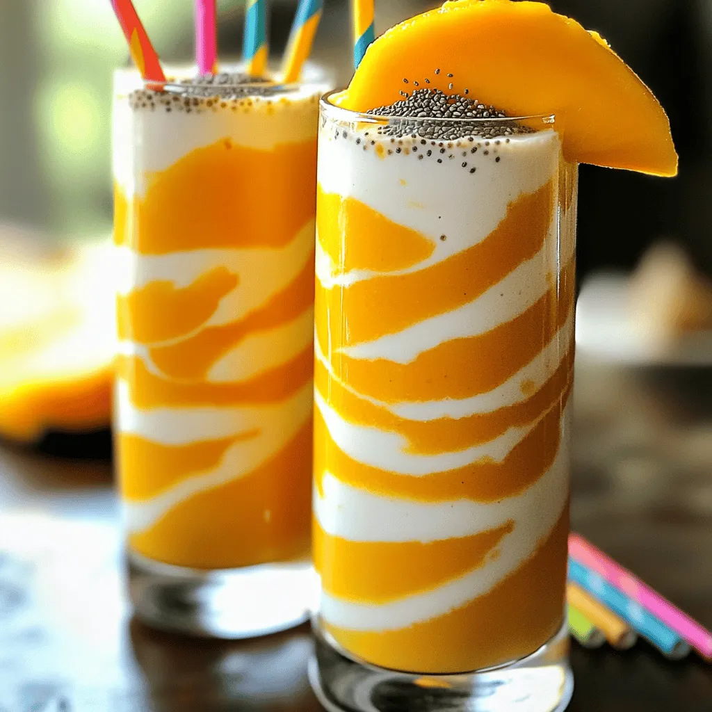 - 1 ripe mango, peeled and diced - 1 cup fresh pineapple chunks - 1 medium ripe banana, frozen - 1 cup coconut milk (or regular milk) - 1/2 cup Greek yogurt (optional) - 1 tablespoon honey or agave syrup - 1 tablespoon chia seeds (optional) - Ice cubes (optional) Gathering fresh ingredients is key for the best flavor. Use a ripe mango for sweetness. Fresh pineapple brings a bright, tangy taste. A frozen banana adds creaminess and helps chill the smoothie. Coconut milk gives a rich texture, but regular milk works too. Greek yogurt is optional, but it makes the smoothie extra creamy. Honey or agave syrup adds sweetness; you can adjust it to your liking. Chia seeds are optional, but they add nutrition. Ice cubes can make it thicker and cooler, perfect for a hot day. You can find the full recipe listed above. Start by dicing the ripe mango and fresh pineapple into small pieces. Use a sharp knife for clean cuts. The mango should be soft but not mushy. Pineapple pieces should be juicy and sweet. These fruits will provide a bright flavor to your smoothie. Next, freeze the banana. A frozen banana gives the smoothie a thick, creamy texture. Peel the banana and cut it into chunks. Place the chunks in a bag and freeze them for a few hours. Frozen bananas are key to a rich smoothie. Now, it's time to add the ingredients to the blender. First, put the diced mango and pineapple in. Then, add the frozen banana. Pour in one cup of coconut milk for creaminess. If you want, include Greek yogurt for extra smoothness. Next, drizzle in the honey or agave syrup. This sweetener helps balance the tartness of the fruits. Taste as you go and adjust the sweetness to your liking. If you want more nutrition, toss in one tablespoon of chia seeds. They can give a nice health boost! Blend the mixture on high speed until smooth. Remember to pause and scrape down the sides. This helps mix all the ingredients well. You want a creamy and vibrant color. After blending, taste your smoothie. If it's too thick, add a bit more coconut milk. If you like it thicker, throw in some ice cubes. Blend again until you reach your perfect texture. Pour the smoothie into tall glasses and enjoy your tropical drink. For more details, check the Full Recipe. To achieve the perfect thickness for your smoothie, ice cubes can be your best friend. Start with a few cubes and blend them in. If you want a creamier texture, adjust the amount of coconut milk. More milk will make it thinner, while less will keep it thick. To make your smoothie even tastier, you can add a splash of vanilla extract. This simple addition brings out the fruit's natural sweetness. You can also use flavored yogurt instead of plain Greek yogurt. This change can add a fun twist to your drink. Serving your smoothie in tall, clear glasses looks great. You can garnish each glass with a slice of fresh mango on the rim. A sprinkle of chia seeds on top adds a nice touch. For a cheerful look, consider adding a colorful straw. Your smoothie will not only taste good but look amazing too! {{image_4}} If you want a creamy mango pineapple smoothie without dairy, try these options. - Coconut milk works great. It adds a rich flavor and creamy texture. - You can also use almond or oat milk. These options keep it light and tasty. - For yogurt, choose non-dairy yogurt made from nuts or soy. It gives a nice creaminess without milk. Adding different fruits can change the taste and nutrition. - Spinach is an easy addition. It blends well and boosts health without altering the flavor. - You can mix in berries like strawberries or blueberries. They add a fun flavor and are packed with vitamins. - Other tropical fruits, like papaya or kiwi, can also make your smoothie unique. You can adjust the sweetness and nutrition of your smoothie easily. - Maple syrup is a great natural sweetener. It adds a rich flavor without processed sugar. - For extra protein, try adding protein powder. This can help keep you full longer and is great for post-workout recovery. - You can also sprinkle in some chia seeds. They boost fiber and omega-3s, making your drink even healthier. For the full recipe, check out the Tropical Sunset Mango Pineapple Smoothie . To store leftover mango pineapple smoothie, use an airtight container. Glass jars or plastic containers work well. Make sure to leave some space at the top since liquids expand when frozen. If you plan to freeze it, pour the smoothie into ice cube trays. This way, you can use small portions later. If your smoothie sits in the fridge, it may separate. To refresh it, simply shake the container or stir it well. You can also blend it again with some fresh fruit or a splash of coconut milk. The smoothie is best enjoyed within one to two days for optimal flavor. If frozen, consume within three months for the best taste and texture. To freeze mango and pineapple, start by cutting them into small chunks. This helps them freeze evenly. Place the chunks on a baking sheet in a single layer. This step prevents them from sticking together. Freeze for about two hours until solid. Then, transfer the chunks to a freezer bag. Remove as much air as possible before sealing. Label the bag with the date. This method keeps the fruits fresh for up to six months. Yes, you can swap in many fruits! Try berries like strawberries or blueberries for a new flavor. Bananas work well, too, adding creaminess and sweetness. If you like a tropical twist, add passion fruit or kiwi. You can mix and match as you like! Just remember to adjust the sweetener based on the fruits you pick. Each fruit brings its own taste, making your smoothie unique. To cut the sweetness, add more yogurt or milk. Greek yogurt gives a nice tang that balances flavors. Try adding a squeeze of lemon or lime juice. This will add acidity without extra sugar. You can also use unsweetened coconut milk for a creamy base. If you still find it too sweet, blend in some spinach or kale. These greens add nutrition and help tone down sweetness. This blog post guided you through making a tasty mango pineapple smoothie. We covered ingredients, preparation, and tips for the best results. You learned how to blend fruits, adjust flavors, and create your perfect drink. Don't forget to try different fruit combos or sweeteners. Enjoy your smoothie fresh or store it for later. With these steps, you can impress anyone with your smoothie skills. Start blending and have fun experimenting!