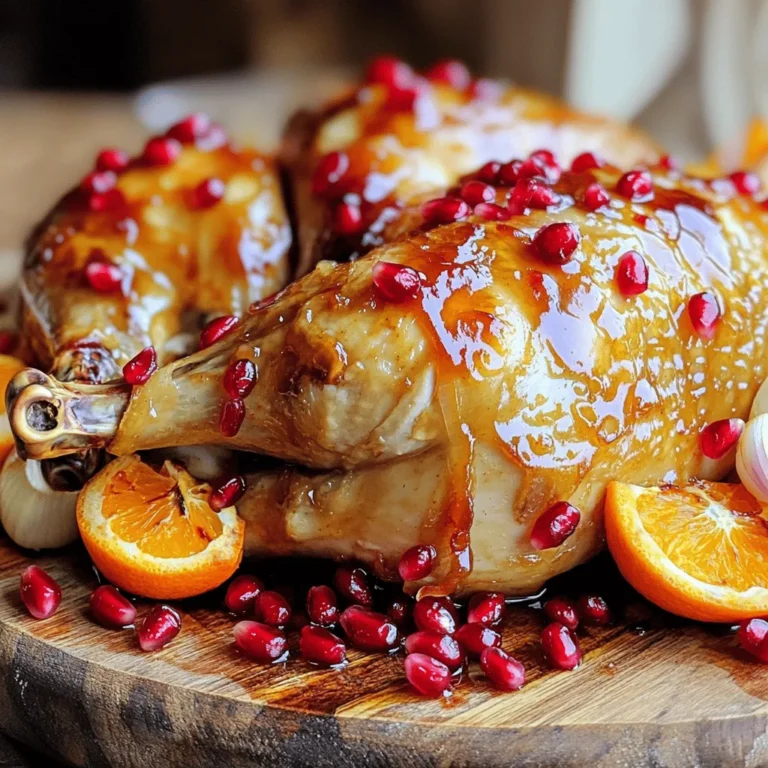 Gather these ingredients to create your pomegranate glazed roasted chicken: - 1 whole chicken (approximately 4-5 lbs) - 1 cup pomegranate juice - 1/3 cup honey - 2 tablespoons balsamic vinegar - 4 cloves garlic, finely minced - 1 tablespoon fresh rosemary, finely chopped - 1 tablespoon fresh thyme, finely chopped - Salt and pepper, to taste - 1 orange, cut into quarters - 1 onion, cut into quarters - 2 tablespoons olive oil - Fresh pomegranate seeds for garnish These ingredients blend together to create a rich flavor. The pomegranate juice gives a sweet and tart taste. Honey adds a nice sticky sweetness. Balsamic vinegar brings depth with its tang. Garlic, rosemary, and thyme add wonderful herbal notes. Don’t forget to season your chicken well with salt and pepper. Stuffing the chicken with orange and onion enhances flavor while it roasts. This mix of ingredients makes a dish that is both beautiful and delicious. For the complete experience, check out the Full Recipe to guide you through the cooking process. - Preheat your oven to 425°F (220°C). This high heat ensures crispy skin. - In a bowl, whisk together the pomegranate juice, honey, balsamic vinegar, minced garlic, chopped rosemary, and chopped thyme. This mixture becomes your glaze. - Rinse the chicken under cold water, then pat it dry with paper towels. Drying is key for crispy skin. - Drizzle 2 tablespoons of olive oil over the chicken. Rub it over the skin to coat evenly. This helps the skin roast beautifully. - Generously season the chicken inside and out with salt and pepper. This step enhances the flavor greatly. - Stuff the cavity of the chicken with the quartered orange and onion. This adds great flavor while it cooks. - Brush the chicken with the prepared pomegranate glaze, saving some for later. Ensure you coat every part for full flavor. - Place the chicken in the oven and roast for about 1 hour and 15 minutes. The chicken is done when it reaches an internal temperature of 165°F (75°C). - Halfway through cooking, baste the chicken with the reserved glaze. This adds even more flavor and keeps it moist. - Once done, take the chicken out of the oven. Let it rest for 10-15 minutes. This resting time helps the juices stay in the meat. - Before serving, sprinkle fresh pomegranate seeds over the chicken. They add a lovely crunch and color. For the complete recipe, check out [Full Recipe]. To get that perfect crispy skin, start by drying the chicken. Use paper towels to pat it dry inside and out. This step removes moisture, which helps the skin crisp up when it roasts. Keep your oven at a high temperature—425°F (220°C) is ideal. This heat ensures the skin becomes golden and crunchy. Seasoning your chicken well makes all the difference. Use salt and pepper generously. This helps enhance the chicken's natural flavors. For a beautiful glaze, apply the pomegranate mixture all over the chicken. Make sure you save some glaze for basting later. Basting halfway through cooking keeps the skin juicy and flavorful. When serving, place the roasted chicken on a large, attractive platter. Drizzle any leftover glaze on top for added shine and flavor. For sides, colorful roasted vegetables or a light salad work well. These pair nicely with the sweet and tangy pomegranate glaze, making your meal look and taste amazing. {{image_4}} You can change the citrus for a fun twist. Try lemon or lime juice instead of pomegranate juice. This adds a zesty flavor to the dish. You can also mix in some grapefruit juice for a bit of sweetness. Swapping herbs can also change the taste. Use fresh sage or dill instead of rosemary and thyme. These herbs give the chicken a new and exciting flavor profile. You can even use dried herbs if you don’t have fresh ones. Just use less, as dried herbs are stronger. If you want tender chicken, try a slow cooker. This method keeps the chicken juicy and full of flavor. Simply follow the glaze recipe and coat the chicken. Then, place it in the slow cooker on low for 6 to 8 hours. Grilling is another great option. It adds a smoky flavor that pairs well with the glaze. Preheat your grill to medium heat. Brush the chicken with the glaze and place it on the grill. Cook for about 1 hour, turning often to avoid burning. You can adjust this recipe based on the season. In fall, add roasted root vegetables to the dish. In summer, serve it with a fresh salad or grilled corn. Use seasonal fruits in the glaze, like apples or peaches, for added sweetness. For holidays, make it festive by adding spices like cinnamon or nutmeg. These spices bring warmth and comfort. You can also decorate the table with pomegranate seeds and herbs for a beautiful presentation. For the Full Recipe, check the main article for details. After enjoying your pomegranate glazed roasted chicken, store leftovers properly. Place them in an airtight container. Refrigerate the chicken within two hours of cooking. It stays fresh for up to four days. If you want to keep it longer, freeze it. Wrap the chicken tightly in plastic wrap and then in aluminum foil. This method helps prevent freezer burn. Frozen chicken can last up to three months. When you reheat the chicken, keep it moist. Use the oven for the best results. Preheat it to 350°F (175°C). Place the chicken in a baking dish with a splash of chicken broth. Cover it with foil to trap moisture. Heat for about 20-30 minutes, or until it's warmed through. You can also use a microwave on low power. Serve the reheated chicken with sides like roasted veggies or a fresh salad for balance. To tell if your roasted chicken has gone bad, check for a sour smell or slimy texture. If you notice any off-putting signs, it’s best to discard it. To maintain its flavor and texture, store the chicken in the fridge with the skin on. The skin helps keep the meat juicy. For added freshness, consider using the leftovers in salads or wraps within a few days. You can find the full recipe above and enjoy the deliciousness! Pomegranate glazed roasted chicken needs about 1 hour and 15 minutes in the oven. You should also plan for 15 minutes of prep time. So, the total time is around 1 hour and 30 minutes. This time allows the chicken to cook fully and turn golden brown. Yes, you can use skinless chicken parts. However, the cooking time will change. Skinless pieces may cook faster than a whole chicken. Check the internal temperature after 30 minutes. Make sure it reaches 165°F (75°C) for safety. You can pair this chicken with many sides. Here are some great options: - Roasted vegetables, like carrots and Brussels sprouts - A light salad with mixed greens - Creamy mashed potatoes - Quinoa or rice for a hearty side These sides will balance the sweet and tangy flavors of the chicken. To store leftovers, let the chicken cool completely first. Then, place it in an airtight container. You can keep it in the fridge for up to 3 days. If you want to save it longer, freeze it. Wrap it tightly in plastic wrap and then foil. It will stay fresh for up to 3 months. This blog post showed how to make Pomegranate Glazed Roasted Chicken step by step. You learned about the key ingredients and how to prepare, roast, and serve a flavorful dish. With tips on achieving crispy skin and creative variations, you have many ways to enjoy this recipe. Remember, proper storage is key for leftovers. Now get cooking and impress your family with this tasty meal!