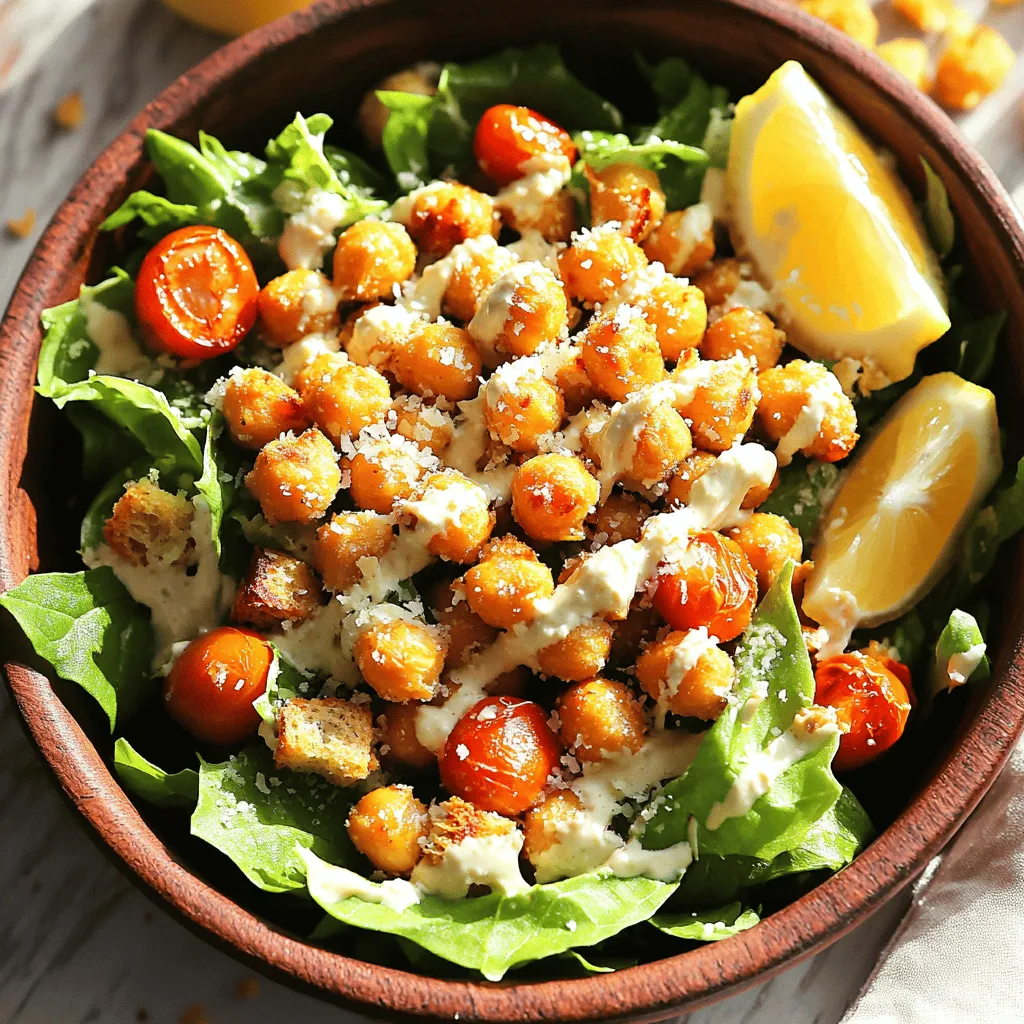 - 1 can (15 oz) chickpeas, thoroughly drained and rinsed - 2 tablespoons extra virgin olive oil - 1 teaspoon garlic powder - 1 teaspoon smoked paprika - Freshly cracked salt and pepper to taste - 4 cups fresh romaine lettuce, roughly chopped - ¼ cup finely grated Parmesan cheese (substitute with nutritional yeast for a vegan option) - ½ cup cherry tomatoes, halved - ¼ cup Caesar dressing (can be store-bought or homemade) - Croutons (store-bought or homemade) for garnish - Fresh lemon wedges for serving Gather these ingredients before you start. Each element brings unique flavors and textures. The chickpeas add protein and crunch. The olive oil helps them roast perfectly. Garlic powder and smoked paprika give a savory touch. Fresh romaine lettuce offers a crisp base. The Parmesan cheese adds richness, while cherry tomatoes brighten the dish. The Caesar dressing ties it all together. Croutons give extra crunch, and lemon wedges add a zesty finish. For a full recipe, check the section on preparation steps. 1. Preheat the oven to 425°F (220°C). This step warms up the oven for roasting the chickpeas. 2. Prepare the chickpeas and season them. Take one can of chickpeas, drain and rinse them well. Spread the chickpeas on a baking sheet in a single layer. 3. Drizzle two tablespoons of extra virgin olive oil over the chickpeas. 4. Sprinkle one teaspoon of garlic powder and one teaspoon of smoked paprika on top. Add freshly cracked salt and pepper to taste. 5. Toss the chickpeas gently to coat them evenly with the oil and spices. 1. Place the baking sheet in the preheated oven. 2. Roast the chickpeas for 20 to 25 minutes. They should turn golden brown and crispy. 3. Shake the pan halfway through roasting. This helps them crisp evenly. 1. While the chickpeas roast, grab a large salad bowl. 2. Combine four cups of chopped romaine lettuce, ¼ cup of grated Parmesan cheese (or nutritional yeast for a vegan option), and ½ cup of halved cherry tomatoes in the bowl. 3. Toss the salad ingredients gently to mix them well. 4. Drizzle ¼ cup of your favorite Caesar dressing over the salad. 5. Toss the mixture with tongs or salad servers. Make sure the greens are evenly coated. 6. Once the chickpeas are done roasting, let them cool for a few minutes. 7. Add the crispy chickpeas and croutons to the salad. Toss very lightly. 8. Serve the salad in individual bowls. Don't forget to add lemon wedges on the side for a burst of flavor. For the full recipe, check out the details above. Enjoy your healthy and tasty meal! To make crispy chickpeas, roast them at 425°F (220°C). This high heat helps them crisp up nicely. Roast for 20-25 minutes until they are golden brown. Halfway through cooking, shake the pan. This step keeps them from burning and helps them cook evenly. To avoid soft chickpeas, dry them well after rinsing. Any moisture will make them soggy. Use a paper towel to pat them dry before roasting. The drier they are, the better they will crisp. You can use store-bought or homemade Caesar dressing. Homemade dressing often tastes fresher and lets you control the ingredients. If you prefer something quick, many brands offer tasty options. For a vegan alternative, try tahini or a cashew-based dressing. These options offer creaminess without dairy. Nutritional yeast can also give a cheesy flavor to your salad. This salad works well with many toppings. Add grilled chicken for protein or avocado for creaminess. You can also toss in crunchy nuts or seeds for extra texture. For a twist, consider adding fruits like apples or pears. Fresh herbs like parsley or basil can brighten up the dish. Serve with lemon wedges for an extra zesty kick. Check the [Full Recipe] to see how to put it all together! {{image_4}} To make a vegan version, swap the cheese for nutritional yeast. Nutritional yeast gives a cheesy taste without dairy. Use a plant-based Caesar dressing instead of traditional dressing. This keeps your salad creamy and delicious while being fully vegan. Want more protein? You can add grilled chicken or shrimp. Tofu is a great option for a plant-based choice. Simply cook it how you like, then toss it into the salad. This addition makes the salad filling and adds extra flavor. You can also change the salad with seasonal veggies or fruits. In summer, add fresh corn or peaches for sweetness. In fall, try roasted squash or apples for a warm touch. Seasonal ingredients keep the salad fresh and exciting all year. For the full recipe, check it out! To keep your crispy chickpea Caesar salad fresh, store it in the fridge. Use an airtight container. Make sure to separate the crispy chickpeas from the lettuce. This way, the chickpeas stay crunchy. If you mix everything, the salad may get soggy. Your salad will taste best if eaten within two days. If you have leftover chickpeas, you can reheat them. Place them on a baking sheet. Heat them in the oven at 350°F (175°C) for about 10 minutes. This will help them regain their crunch. Avoid using the microwave, as it can make them soft. The salad's components last different amounts of time. Here’s a quick guide: - Chickpeas: Up to 4 days when stored properly. - Romaine lettuce: Best within 3 days for freshness. - Parmesan cheese: Lasts about a week in the fridge. - Caesar dressing: Check the label, but it can last 1-2 weeks after opening. - Cherry tomatoes: Best eaten within 3-5 days for optimal flavor. For the full recipe, check out the Crispy Chickpea Caesar Salad details. Enjoy your cooking! To make chickpeas crispy, start with dried chickpeas or canned ones. If using canned, drain and rinse them well. Pat them dry with a towel. This step is key. The less moisture, the better they will crisp up. Toss them in olive oil and spices like garlic powder and smoked paprika. Spread them on a baking sheet. Roast them in a preheated oven at 425°F (220°C) for about 20-25 minutes. Shake the pan halfway through to ensure even roasting. The goal is a golden brown color and a crunchy texture. Yes, you can make the salad ahead of time. However, keep the crispy chickpeas separate until you are ready to serve. This helps them stay crunchy. You can prepare the salad base, including romaine, cheese, and tomatoes, and store it in the fridge. Add the dressing just before serving to keep everything fresh. This way, your salad will taste great and look good. If you don’t have Caesar dressing, there are many options. You can use a simple vinaigrette made of olive oil, lemon juice, salt, and pepper. For a creamy option, try a yogurt-based dressing. You can also make your own Caesar dressing at home by blending garlic, lemon juice, Dijon mustard, and olive oil. To keep it vegan, use tahini or cashew cream as a base. This recipe yields about 4 servings. Each serving is a hearty portion. If you want to serve more people, you can easily double the ingredients. Just make sure you have enough space in your oven to roast all the chickpeas at once. Crispy Chickpea Caesar Salad is packed with nutrients. Each serving contains around 350 calories. You gain protein from chickpeas and cheese. It has about 15 grams of protein per serving. The salad is also rich in fiber, which is great for digestion. Plus, you'll get healthy fats from olive oil and a variety of vitamins from the fresh veggies. For more detailed nutrition info, check out the full recipe. This post detailed how to make a Crispy Chickpea Caesar Salad. You learned about the key ingredients, preparation steps, and tips for achieving the perfect texture. We discussed variations, storage advice, and answered common questions. I hope you feel inspired to make this salad! It’s a tasty and healthy choice for any meal. Enjoy the crunch of roasted chickpeas mixed with fresh veggies and tasty dressing. You can always customize it to fit your taste.