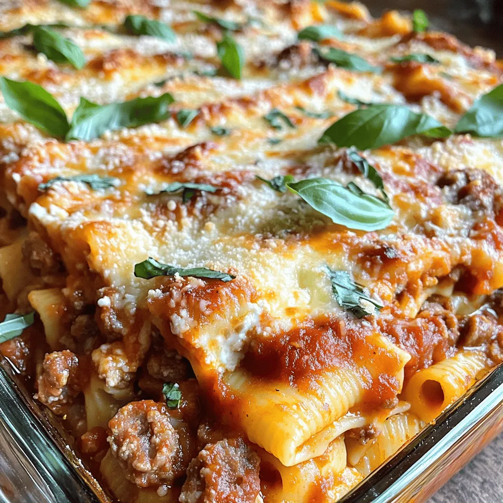 For a hearty baked ziti with sausage, gather these key ingredients: - 12 oz ziti pasta - 1 lb Italian sausage (choose mild or spicy for your preferred heat) - 1 medium onion, finely chopped - 3 cloves garlic, minced - 1 can (28 oz) crushed tomatoes - 2 cups ricotta cheese - 2 cups shredded mozzarella cheese (divided) - 1/2 cup grated Parmesan cheese - 2 tablespoons fresh basil, chopped (or 2 teaspoons dried basil) - 1 teaspoon Italian seasoning - Salt and black pepper to taste - Olive oil for sautéing These ingredients create a rich, flavorful dish. The sausage adds depth, while the cheeses make it creamy and comforting. To make your baked ziti even better, consider these garnishes and sides: - Fresh basil for topping - Extra Parmesan cheese for serving - Garlic bread for a crunchy side - A simple salad for freshness These options can elevate your meal. Fresh herbs and bread provide different textures and flavors. If you need to make changes, here are some good swaps: - Use rigatoni or penne if you can’t find ziti. - Swap Italian sausage for turkey sausage or ground beef. - Ricotta can be replaced with cottage cheese for a lighter option. - Use canned diced tomatoes instead of crushed for a chunkier sauce. These substitutions keep the dish tasty while catering to your needs. Experiment to find what works best for you! Start by boiling water in a large pot. Add salt to the water. Once it's boiling, add 12 oz of ziti pasta. Cook the pasta until it's al dente, as per the package instructions. This usually takes about 8-10 minutes. When done, drain the pasta and set it aside. In a large skillet, heat a good drizzle of olive oil over medium heat. Add 1 medium onion, finely chopped, and sauté it for 4-5 minutes until it's soft. Next, add 3 cloves of minced garlic and cook for another minute. Remove the casing from 1 lb of Italian sausage and add it to the skillet. Break it up with a spatula and cook for about 8-10 minutes until browned. If there’s extra fat, drain it. Once brown, pour in 1 can of crushed tomatoes and add 2 tablespoons of fresh basil, chopped. Sprinkle in 1 teaspoon of Italian seasoning, salt, and black pepper. Let this simmer on low for 5-10 minutes. In a large bowl, mix the cooked ziti, 2 cups of ricotta cheese, and half of 2 cups of shredded mozzarella cheese. Gently fold in the sausage and sauce mix. Transfer this mixture to a greased 9x13 inch baking dish. Spread it evenly. Top it with the rest of the mozzarella cheese and sprinkle 1/2 cup of grated Parmesan cheese on top. Bake it in a preheated oven at 375°F for 25-30 minutes. Look for bubbling cheese with a golden top. After baking, let it cool for 5-10 minutes before slicing. Enjoy your zesty baked ziti with sausage! For more details, check the Full Recipe. To make your baked ziti shine, follow these tips: - Use al dente pasta: This helps the pasta hold its shape. - Brown the sausage well: This adds great flavor. - Mix cheeses: Blend ricotta and mozzarella for creaminess. - Don’t skip the herbs: Fresh basil and Italian seasoning boost taste. - Layer cheese: Add cheese both in the mix and on top for a golden crust. Avoid these common pitfalls: - Overcooking the pasta: This leads to mushy ziti. - Using low-quality sausage: Good sausage makes a big difference. - Skipping the simmer: Letting the sauce simmer deepens flavors. - Not greasing the dish: This can make serving difficult. - Ignoring resting time: Letting it sit helps with serving. For a complete meal, try these ideas: - Serve with garlic bread: It pairs well with ziti. - Add a fresh salad: A crisp salad balances the dish. - Top with more cheese: Extra cheese makes it even better. - Garnish with basil: Fresh herbs add color and flavor. - Offer red pepper flakes: For those who love some heat. For the full recipe and details, check out the [Full Recipe]. {{image_4}} If you want a meat-free version, you can swap the sausage for veggies. Use mushrooms, bell peppers, or zucchini. You can also add spinach or kale for a nutrient boost. This makes the dish colorful and tasty. A mix of fresh herbs like basil and parsley can add great flavor too. Choosing between spicy and mild sausage can change the dish's vibe. Mild sausage gives a classic taste, while spicy sausage adds a nice kick. If you like heat, try a hot Italian sausage. You can also mix both types for a balanced flavor. Just remember to adjust the seasoning in your sauce based on your choice. You can add more depth to your baked ziti with simple extras. Consider adding some olives for a salty twist. Roasted red peppers give a sweet and smoky flavor. A splash of red wine in the sauce can enhance the taste too. Don't forget to sprinkle some fresh herbs on top before serving for color and flavor. For the full recipe, check the section above! To keep your baked ziti fresh, let it cool first. Then, place it in an airtight container. You can store it in the fridge for up to 4 days. If you want to save it longer, freezing is a great option! When you're ready to enjoy leftovers, preheat your oven to 350°F (175°C). Place the ziti in an oven-safe dish. Cover it with foil to keep it moist. Heat for about 20-25 minutes or until it's warmed through. You can also use the microwave. Just heat in short bursts, checking often to avoid drying it out. To freeze baked ziti, let it cool completely. Cut it into portions for easy serving. Wrap each piece tightly in plastic wrap, then place them in a freezer bag. Label the bag with the date. You can freeze it for up to 3 months. When you're ready to eat, thaw it in the fridge overnight before reheating. This method keeps the flavors intact! For a full recipe, check out the details above. Baking ziti usually takes about 25 to 30 minutes. You want the cheese to bubble and turn golden brown. This gives the dish a nice texture and flavor. Always check the ziti after 25 minutes to avoid overcooking. Yes, you can make baked ziti ahead of time. Prepare the dish and cover it well. Store it in the fridge for up to two days. You can also freeze it for up to three months. Just remember to bake it longer if it's cold from the fridge or frozen. Baked ziti pairs well with many sides. Here are some great options: - Garlic bread - Caesar salad - Steamed vegetables - A light green salad These sides will balance the rich flavors of the ziti and add some freshness to your meal. Yes, you can use different pasta shapes. Penne, rigatoni, or even shells work well. Just make sure the pasta can hold the sauce and cheese. Each shape gives a unique bite to your dish. You can enjoy leftover baked ziti in many ways. Reheat it in the oven or microwave. You can also use it as a filling for stuffed peppers or mix it into a pasta salad. The options are endless, and it tastes great even the next day! Absolutely! Adding veggies boosts nutrition and flavor. Consider spinach, mushrooms, or zucchini. Just sauté them with the sausage to soften them before mixing them into the ziti. It’s a great way to sneak in some extra veggies! Check for bubbling cheese and a golden top. You can also insert a knife into the center. If it comes out hot, your ziti is done! Let it sit for a few minutes before serving. This helps it firm up for easier slicing. You can find the full recipe above to guide you through the entire process of making this delicious dish! Baked ziti with sausage is a joy to make and eat. We discussed key ingredients, step-by-step instructions, helpful tips, and tasty variations. Remember, using fresh ingredients leads to better flavor. Don't be afraid to try new spices or garnishes to make it your own. Storing leftovers properly ensures you can enjoy this dish later. With these tips, you can create a perfect baked ziti every time. Happy cooking!
