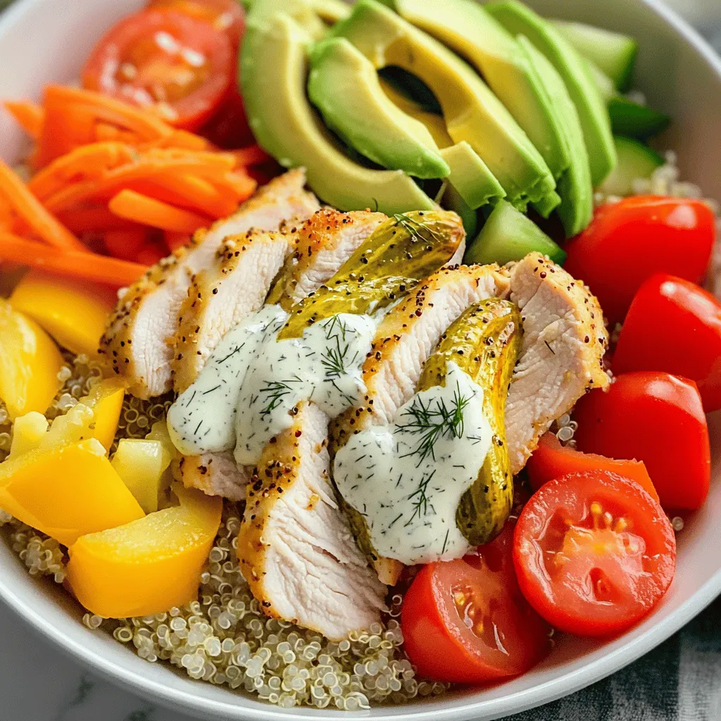 For the star of this dish, you need a few key items: - 2 large chicken breasts - 1 cup dill pickles, finely chopped - 1/2 cup plain Greek yogurt - 2 tablespoons ranch seasoning mix - 1 teaspoon garlic powder - 1 tablespoon olive oil - Salt and pepper to taste These ingredients create a juicy and flavorful chicken. The dill pickles add a nice tang, while the ranch mix gives it that classic taste you love. Power bowls need vibrant veggies for color and nutrition. Here are my favorites: - 1 cup quinoa, thoroughly rinsed - 2 cups vegetable broth (or water) - 1 bell pepper (your choice of color), diced - 1 cup cherry tomatoes, halved - 1 cup shredded carrots - 1 ripe avocado, thinly sliced These vegetables provide a mix of textures and flavors. You can swap them out based on what you like or have on hand. To finish your power bowls, add some extra flair: - Fresh dill for garnish (optional) For a creamy touch, drizzle some ranch dressing over the top. You can also thin the Greek yogurt with a bit of water to make a dressing. This will give your bowl a nice finish and make it even more delicious. You can find the full recipe for this dish in the earlier sections. Enjoy making your Pickle Ranch Chicken and Veggie Power Bowls! Start by making the marinade. In a medium bowl, mix the finely chopped dill pickles, Greek yogurt, ranch seasoning mix, and garlic powder together. Add a pinch of salt and pepper to taste. Next, place the chicken breasts in the bowl, making sure they get coated well with the marinade. Cover the bowl with plastic wrap. Let it sit in the fridge for at least 30 minutes. For more flavor, marinate it for up to 2 hours. While the chicken marinates, it’s time to cook the quinoa. In a medium saucepan, bring the vegetable broth or water to a boil. Once it’s boiling, stir in the rinsed quinoa. Lower the heat, cover the pot, and let it simmer for about 15 minutes. The quinoa should be fluffy and absorb all the liquid when it’s done. Keep it covered to stay warm while you finish the chicken. Preheat your oven to 375°F (190°C). Line a baking sheet with parchment paper. Take the marinated chicken from the fridge and lay it on the baking sheet. Drizzle a bit of olive oil over the chicken to keep it moist while it bakes. Bake it for 25 to 30 minutes. The chicken is done when its internal temperature reaches 165°F (74°C). Once done, take it out and let it rest for a few minutes before slicing it into strips. Now, you’re ready to assemble your delicious Pickle Ranch Chicken and Veggie Power Bowls. The full recipe guides you through the next steps! To make the best marinade, mix pickles, Greek yogurt, ranch seasoning, and garlic powder. This combo gives the chicken great flavor. Use fresh dill pickles for the best taste. I always recommend marinating the chicken for at least 30 minutes. For even more flavor, try marinating it for up to 2 hours. Remember to coat the chicken well. This helps the flavors stick. For fluffy quinoa, rinse it well before cooking. This step removes any bitter taste. Use a ratio of 1 cup quinoa to 2 cups vegetable broth or water. Bring the broth to a boil first. Then, add the rinsed quinoa and reduce the heat. Cover it and let it simmer for about 15 minutes. When done, fluff it with a fork for the perfect texture. Baking chicken can be simple with the right steps. Preheat your oven to 375°F (190°C) before you start. Line your baking sheet with parchment paper for easy cleanup. Drizzle olive oil on the chicken to keep it moist. Bake for 25-30 minutes until it reaches 165°F (74°C). Let the chicken rest for a few minutes before slicing. This helps keep it juicy. Follow these tips for a delicious meal every time! {{image_4}} You can switch out chicken for other proteins. Try using shrimp, tofu, or turkey. These options add unique flavors and textures. Shrimp cooks quickly and adds a nice taste. Tofu provides a great plant-based choice. Turkey is lean and easy to season. Feel free to mix up the veggies in your power bowls. You can use broccoli, zucchini, or spinach. Each veggie brings its own taste and nutrition. Broccoli adds crunch, while zucchini gives a mild flavor. Spinach is packed with vitamins and adds a lovely color. For a vegan or vegetarian version, skip the chicken and use chickpeas. Chickpeas are rich in protein and pair well with the dill pickles. You can also use lentils or tempeh as great substitutes. These options still provide a filling meal without meat. In my experience, these variations not only keep meals exciting but also cater to different diets. You can explore these choices in the Full Recipe for more ideas! Store leftover power bowls in airtight containers. This keeps them fresh and safe to eat. You can keep them in the fridge for up to three days. Make sure to separate the chicken from the veggies if you want to keep them crisper. You can freeze your power bowls for later use. First, let the food cool completely. Then, place the bowls in freezer-safe containers. They can last up to three months in the freezer. Remember to label each container with the date. To reheat, take the bowls out of the fridge or freezer. If frozen, let them thaw overnight in the fridge. For reheating, you can use a microwave or an oven. If using a microwave, heat in short bursts, stirring in between. If using an oven, preheat to 350°F (175°C) and cover the bowl with foil to keep it moist. Enjoy your tasty meal! For the full recipe, check out the details above. If you don’t have Greek yogurt, try sour cream. It gives a similar tang. You can also use plain yogurt, but it may be thinner. For a dairy-free option, use a plant-based yogurt. Coconut yogurt works well too. Yes, you can prepare this recipe ahead. Marinate the chicken and cook the quinoa the day before. Store the chicken in the fridge. You can also chop the veggies ahead. Just keep everything in separate containers until you are ready to serve. To make fewer servings, cut the ingredient amounts in half. Use one chicken breast instead of two. Adjust the veggie amounts based on your taste. The cooking times will stay the same. Serve the power bowls in colorful bowls to make them appealing. Layer the quinoa first, then add the sliced chicken. Top it with the veggies and avocado. Drizzle leftover ranch dressing on top for flavor. Garnish with fresh dill for a nice touch. Enjoy! For the full recipe, check out the complete guide above. In this blog post, I shared how to make Pickle Ranch Chicken and veggie power bowls. You learned about the main ingredients, step-by-step cooking, and tips for success. I also explored tasty variations and how to store leftovers. Remember, this dish is fun and flexible, so feel free to make it your own. Whether you enjoy meat or prefer a vegetarian option, these bowls are quick and easy. Make this recipe your go-to for a healthy meal!