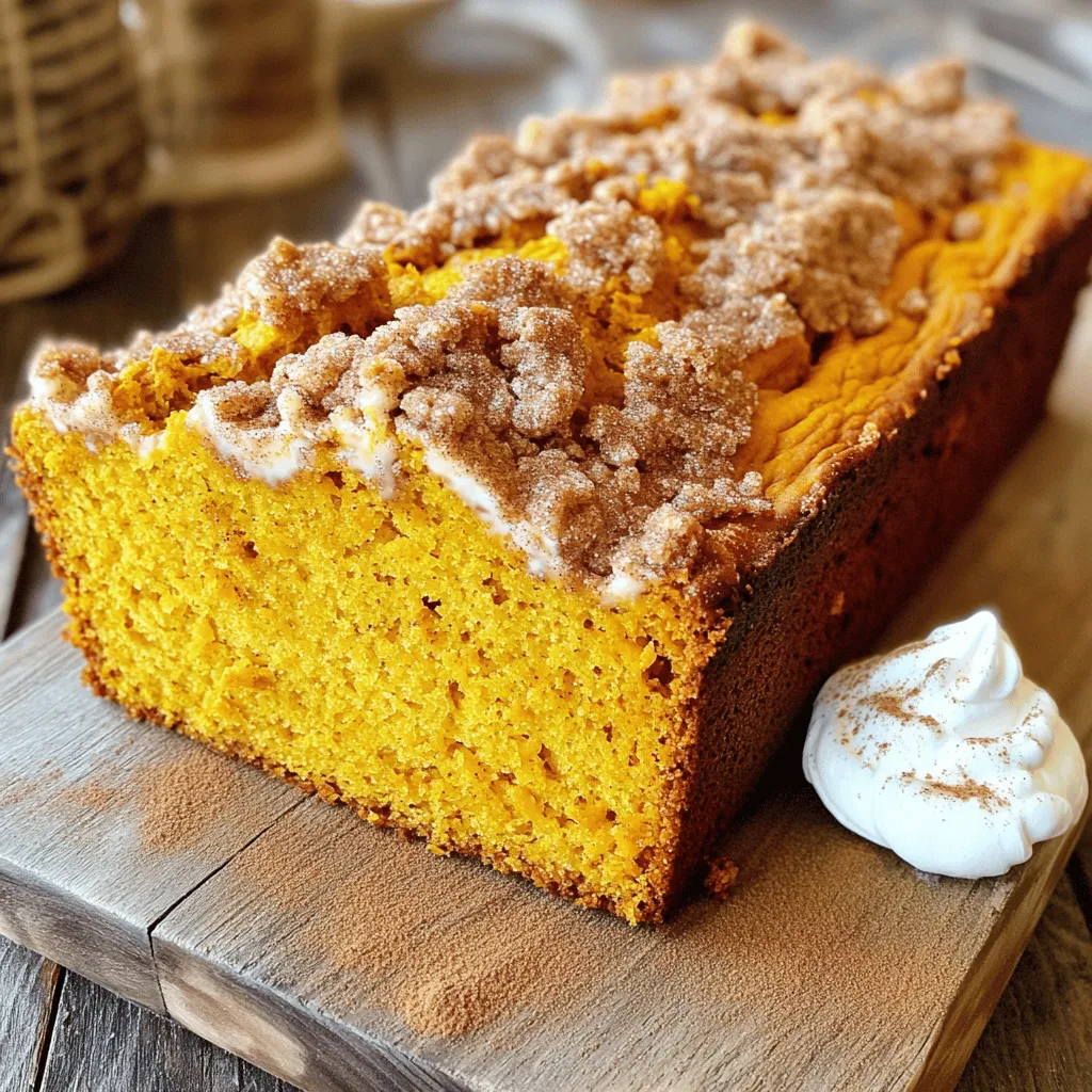 To make pumpkin streusel bread, you need a few key ingredients. Here is the list: - 1 ½ cups all-purpose flour - 1 teaspoon baking powder - 1 teaspoon baking soda - ½ teaspoon salt - 1 teaspoon ground cinnamon - ½ teaspoon ground nutmeg - ½ teaspoon ground ginger - 1 cup pure pumpkin puree - ¾ cup granulated sugar - ½ cup packed brown sugar - ½ cup vegetable oil - 2 large eggs - 1 teaspoon vanilla extract These ingredients combine to create a soft, sweet bread with a rich pumpkin flavor. The spices give warmth and depth. The sugars add sweetness, while the pumpkin brings moisture. You can customize your bread with optional add-ins. Chopped nuts add great texture and flavor. Here are some suggestions: - ½ cup chopped walnuts - ½ cup chopped pecans Adding nuts gives your bread a delightful crunch. You may skip them if you prefer a smoother loaf. A delicious streusel topping makes the bread even better. Here is what you need for the topping: - ½ cup all-purpose flour - ¼ cup packed brown sugar - 1 teaspoon ground cinnamon - 4 tablespoons cold butter, cubed - ½ cup rolled oats This topping adds a sweet, crumbly layer on top. The oats create a nice texture. Together, they turn your pumpkin bread into a special treat. For the full recipe, check the earlier section. First, preheat your oven to 350°F (175°C). While that warms up, grab a 9x5 inch loaf pan. Grease it well or line it with parchment paper. This step helps the bread come out easily after baking. In a medium bowl, whisk together these dry ingredients: - 1 ½ cups all-purpose flour - 1 teaspoon baking powder - 1 teaspoon baking soda - ½ teaspoon salt - 1 teaspoon ground cinnamon - ½ teaspoon ground nutmeg - ½ teaspoon ground ginger Mix until everything is combined well. This will help the bread rise nicely. In a large bowl, mix the wet ingredients: - 1 cup pure pumpkin puree - ¾ cup granulated sugar - ½ cup packed brown sugar - ½ cup vegetable oil - 2 large eggs - 1 teaspoon vanilla extract Blend these ingredients until smooth. Then, slowly add the dry mixture to the wet one. Stir gently until just combined. Avoid overmixing for a tender loaf. If you want, fold in ½ cup chopped walnuts or pecans for some crunch. In another bowl, prepare the streusel topping. Combine: - ½ cup all-purpose flour - ¼ cup packed brown sugar - 1 teaspoon ground cinnamon Add 4 tablespoons of cold, cubed butter. Use your fingers or a pastry cutter to mix until it looks crumbly. Finally, stir in ½ cup rolled oats for extra texture and flavor. Pour the pumpkin batter into your prepared loaf pan. Spread the streusel topping evenly across the batter. This creates a delightful crunch on top. Bake in the oven for 55-65 minutes. Check if it’s done by inserting a toothpick into the center. It should come out clean. If the top browns too fast, cover it with aluminum foil for the last 15 minutes. After baking, let the loaf cool in the pan for about 10 minutes. Then, transfer it to a wire rack to cool fully. Once cool, slice the bread into generous pieces. Enjoy the warm flavors and the lovely texture! For the full recipe, refer to the section above. To get that perfect texture in your pumpkin streusel bread, follow these tips: - Use Room Temperature Ingredients: Make sure your eggs and pumpkin puree are at room temperature. This helps them blend better. - Don’t Overmix: When combining wet and dry ingredients, mix just until combined. Overmixing can make the bread dense. - Check Your Flour: Spoon the flour into your measuring cup instead of scooping. This prevents packing and keeps the bread light. To keep your pumpkin streusel bread fresh: - Cool Completely: Always let the bread cool fully before storing it. This prevents moisture buildup. - Wrap It Up: Use plastic wrap or aluminum foil to wrap the loaf tightly. This helps keep it moist. - Store in a Cool Place: Keep it at room temperature for up to three days. For longer storage, place it in the fridge. Serving your pumpkin streusel bread can be fun and creative: - Slice Generously: Cut thick slices for a hearty treat. - Add Toppings: Serve with whipped cream or cream cheese spread. A sprinkle of cinnamon on top adds a nice touch. - Pair with Beverages: This bread goes great with coffee or hot apple cider. Enjoy the cozy flavors together! For the complete recipe, check out the Full Recipe. {{image_4}} You can make this bread gluten-free by using a gluten-free flour blend. Choose a blend that includes xanthan gum for better texture. Replace the all-purpose flour with 1 ½ cups of the gluten-free mix. The rest of the ingredients stay the same. This way, you can enjoy a gluten-free version without losing flavor. Want to change up the spice? Consider adding unique flavors like allspice or cardamom. You can swap in ½ teaspoon of allspice or cardamom for the nutmeg. This will give your bread a warm, cozy feel. You can also increase the cinnamon for extra warmth. A simple twist makes the bread even more exciting! If you prefer a nut-free loaf, just leave out the walnuts or pecans. You can add seeds instead, like pumpkin or sunflower seeds. This keeps the crunch while making it safe for those with nut allergies. The seeds add a nice bite and a bit of protein, too. With these variations, your pumpkin streusel bread can fit many tastes! For the complete recipe, check the Full Recipe section. To keep your pumpkin streusel bread fresh, wrap it tightly in plastic wrap or aluminum foil. You can also place it in an airtight container. Store it at room temperature for up to three days. If you want to keep it longer, consider freezing it. You can freeze the bread for later enjoyment. First, let the loaf cool completely. Then, wrap it well in plastic wrap and aluminum foil. Place it in a freezer bag and label it with the date. It can stay frozen for up to three months. When you want to eat it, just thaw it in the fridge overnight. To enjoy your pumpkin streusel bread warm, preheat your oven to 350°F (175°C). Remove the wrapping and place the bread on a baking sheet. Heat it for about 10-15 minutes. You can also slice the bread and toast it in a toaster for a quick warm-up. Enjoy it fresh and delicious! You can replace eggs with applesauce or mashed bananas. Use 1/4 cup of either for each egg. This swap adds moisture and sweetness to the bread. If you want a firmer loaf, use flaxseed meal mixed with water. Mix 1 tablespoon of flaxseed meal with 2.5 tablespoons of water. Let it sit for a few minutes until it thickens. Yes, you can use fresh pumpkin. Start by roasting a pumpkin until soft. Scoop out the flesh and puree it in a blender. This fresh puree gives a rich flavor. Just be sure to drain any excess water for the best texture. Fresh pumpkin may be slightly less sweet, so consider adding a bit more sugar to taste. Use a spoon to fluff up the flour in the bag. Then, scoop it into a measuring cup without packing it down. Level the top with a knife for an accurate measure. This method prevents you from adding too much flour. Too much flour can make the bread dense and dry. Use more pumpkin puree. You can also add yogurt or sour cream. These ingredients add moisture and keep the bread soft. If you want a richer taste, try adding a little more oil. Just be careful not to overmix the batter, as this can dry it out. Pumpkin bread lasts about 3 to 5 days at room temperature. Keep it in an airtight container to keep it fresh. If you want to store it longer, freeze it. Wrap slices tightly in plastic wrap. Then, place them in a freezer bag. It can last up to 3 months in the freezer. Enjoy your pumpkin streusel bread loaf at its best! For the full recipe, check the details above. In this guide, we covered key ingredients for pumpkin bread, including optional add-ins and toppings. We detailed each step for preparation and baking, so you can achieve the best texture. We also shared helpful tips and variations, ensuring you can customize your bread to suit your taste. Remember, storing leftovers properly keeps your bread fresh. Enjoy your delicious pumpkin bread, and feel free to experiment with different flavors and ingredients. Your baking adventure has just begun!