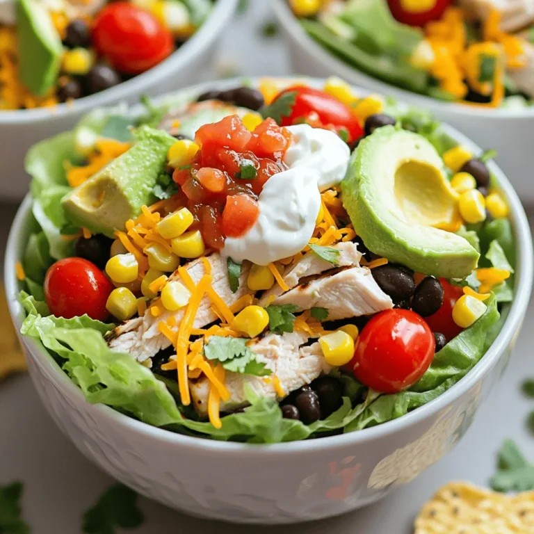 To make savory chicken taco salad bowls, you need fresh and tasty ingredients. Here’s what you’ll need for this meal: - 2 boneless, skinless chicken breasts - Marinade: - 1 tablespoon olive oil - 1 teaspoon chili powder - 1 teaspoon ground cumin - 1 teaspoon garlic powder - 1 teaspoon onion powder - Salt and freshly ground black pepper, to taste - Salad ingredients: - 4 cups romaine lettuce, chopped into bite-sized pieces - 1 cup cherry tomatoes, halved - 1 cup black beans, rinsed and drained - 1 cup corn (fresh, frozen, or canned) - 1 ripe avocado, diced - ½ cup shredded cheese (cheddar, Monterey Jack, or a Mexican blend) - ½ cup salsa (your favorite kind) - ¼ cup sour cream or Greek yogurt - Fresh cilantro, chopped (for garnish) - Tortilla chips (for added crunch) These ingredients create a colorful and flavorful dish. Each one adds a unique taste and makes your meal look great. I love using fresh produce because it makes my food more vibrant and tasty. You can find the full recipe [here]. Start by making a tasty marinade. In a medium bowl, whisk together the following ingredients: - 1 tablespoon olive oil - 1 teaspoon chili powder - 1 teaspoon ground cumin - 1 teaspoon garlic powder - 1 teaspoon onion powder - Salt and freshly ground black pepper, to taste Next, coat each chicken breast with the marinade. Make sure each piece gets a good coating. Let the chicken rest for about 15 minutes. This time helps the flavors soak in. Now it’s time to cook! Preheat your grill or grill pan over medium-high heat until it’s nice and hot. Place the marinated chicken breasts on the grill. Cook them for about 6-7 minutes on each side. You want the chicken to reach an internal temperature of 165°F (75°C). Once the chicken is done, transfer it to a cutting board. Let it cool slightly before slicing it into bite-sized pieces. In a large serving bowl or individual bowls, create your salad base. Start with chopped romaine lettuce. This will give you a crunchy foundation for your meal. Now, layer the toppings. Add halved cherry tomatoes, rinsed black beans, and corn on top of the lettuce. Next, sprinkle on diced avocado and the grilled chicken pieces. This colorful mix adds great flavor and looks beautiful. For the dressing, drizzle salsa generously over the salad. If you like it creamy, add dollops of sour cream or Greek yogurt. Lastly, sprinkle shredded cheese over everything and top with crushed tortilla chips. The chips add a nice crunch. Finish with a sprinkle of fresh cilantro for color and flavor. Serve your salad right away to keep everything crisp. Enjoy your fresh and flavorful Chicken Taco Salad Bowls! To make your chicken flavorful, marinate it well. I suggest mixing olive oil, chili powder, ground cumin, garlic powder, onion powder, salt, and black pepper. Coat the chicken breasts completely. Let them sit for 15 minutes. This allows the spices to soak in and enhance the taste. You can cook the chicken in two main ways: grilling or pan-searing. Grilling gives a smoky flavor and nice grill marks. Heat your grill to medium-high and cook each side for 6-7 minutes. Ensure the chicken reaches an internal temperature of 165°F (75°C). If you choose pan-searing, heat some oil in a skillet and cook the chicken for the same time. Both methods yield juicy, tender chicken for your salad. For the best taco salad, layer your ingredients in the right order. Start with a base of chopped romaine lettuce. This gives a nice crunch. Then, add the chicken, black beans, corn, cherry tomatoes, and avocado. Each layer brings its own flavor and texture. You can prepare this salad ahead of time. Just keep the ingredients separate until you are ready to eat. This way, the lettuce stays crisp. When you are ready to serve, drizzle salsa and add sour cream or Greek yogurt. Toss in some crushed tortilla chips for crunch. This makes a quick, fresh meal that is full of flavor. For the complete list of ingredients and steps, check the Full Recipe. {{image_4}} You can easily change up the proteins in your chicken taco salad bowls. Instead of chicken, try tofu for a plant-based option. Ground beef or shrimp also work great. Each protein brings its own flavor and texture. Cheese choices can make your salad special. You might use cheddar, Monterey Jack, or a Mexican blend. If you want more kick, consider pepper jack cheese. For a creamier touch, swap sour cream for ranch or a zesty avocado dressing. You can make your chicken taco salad bowls gluten-free with simple swaps. Use corn tortillas instead of regular ones. For a vegetarian option, skip the chicken and load up on beans and veggies. If you are watching carbs, go for lettuce wraps instead of tortilla chips. You can also skip the corn and beans to lower the carbs. These small changes make it easy to fit any diet while keeping the flavors bold and fun. For the full recipe, check out the details above! To keep your chicken taco salad bowls fresh, store them in airtight containers. This helps prevent moisture loss and keeps flavors intact. You can use glass or plastic containers with tight-fitting lids. Make sure to separate the crunchy toppings, like tortilla chips, from the salad. This way, they stay crisp until you are ready to eat. When reheating your chicken, the best method is to use the microwave. Heat it on a low setting to avoid drying it out. If you have leftover salad, only reheat the chicken and keep the salad cold. This keeps the lettuce crunchy and fresh. If you want to warm the salad a bit, do it gently in a skillet on low heat. Avoid overcooking to preserve the texture of the veggies. For more details, check the Full Recipe. Yes, you can use pre-cooked chicken. Rotisserie chicken works great. Simply shred or chop it. You can also use leftover chicken from another meal. Just warm it up before adding it to the salad. If you want a change from lettuce, try using spinach or kale. Both add great taste and nutrition. You can also use cabbage for a crunchy base. If you're feeling adventurous, try quinoa or rice for a different texture. To add heat, you can include jalapeños. Fresh or pickled jalapeños both work well. Hot sauce is another easy option. Just drizzle it on top. You can also mix in some cayenne pepper or chili flakes while cooking the chicken. This will elevate the spice level to your liking. This blog post covers yummy chicken taco salad. You learned about the main ingredients, cooking steps, and tips. You can customize this dish to fit your taste and dietary needs. Proper storage keeps your leftovers fresh, and we answered common questions, too. Enjoy making this dish, and feel free to get creative with it. Your taco salad can be as simple or fancy as you want, so dive in and have fun!