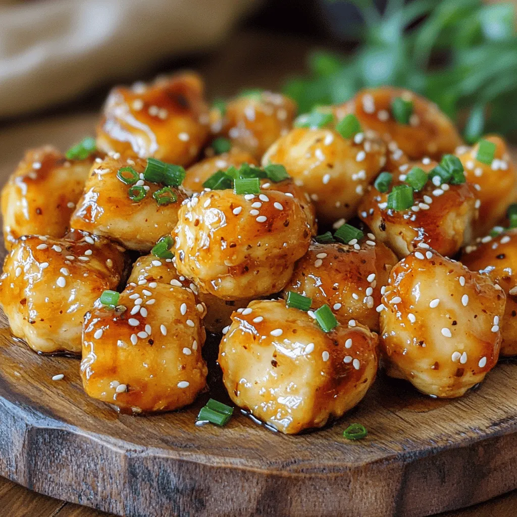 Here are the ingredients you need to make honey garlic chicken bites: - 1 lb boneless chicken breasts (cut into bite-sized pieces) - 1/2 cup honey - 1/4 cup low sodium soy sauce - 4 cloves garlic (minced) - 1 teaspoon freshly grated ginger - 1 tablespoon rice vinegar - 2 tablespoons cornstarch - 1 tablespoon olive oil - 1/2 teaspoon black pepper - Sesame seeds (for garnish) - 2 green onions (finely chopped for garnish) Each ingredient plays a key role in this dish. The chicken is the main star, and honey adds sweetness. The soy sauce gives it a nice savory kick. Garlic and ginger bring depth of flavor. Rice vinegar adds a touch of acidity, balancing all the tastes. Cornstarch helps the chicken get crispy. Olive oil keeps it moist while cooking. Finally, sesame seeds and green onions make for a beautiful finish. For the full recipe, follow the steps provided in the instructions. Happy cooking! First, grab a medium mixing bowl. Combine the following ingredients: - 1/2 cup honey - 1/4 cup low sodium soy sauce - 4 cloves garlic, minced - 1 teaspoon freshly grated ginger - 1 tablespoon rice vinegar - 1/2 teaspoon black pepper Whisk these together until the mix is smooth. Set aside 1/4 cup of this marinade for later. Now, take your bite-sized chicken pieces and put them in the bowl with the remaining marinade. Make sure each piece is covered in the mixture. Cover the bowl with plastic wrap or a lid. Place the bowl in the fridge for at least 30 minutes. For more flavor, you can let it sit for up to 2 hours. Once the chicken is marinated, take it out of the fridge. Let it drain a bit to remove extra liquid. Sprinkle 2 tablespoons of cornstarch over the chicken pieces. Toss them until each piece is evenly coated. This will help make a nice crust when cooked. Next, heat 1 tablespoon of olive oil in a large skillet over medium-high heat. When the oil is hot, add the chicken pieces in a single layer. You may have to cook them in batches. Cook the chicken for about 4-5 minutes. Stir occasionally to help it brown evenly. Once golden, reduce the heat to low. Carefully add the reserved marinade to the skillet. Stir well to coat each piece of chicken. Let the sauce simmer for 2-3 minutes. This will thicken the sauce and give it a lovely glaze. Turn off the heat after simmering. Let the skillet sit for a minute. This helps the sauce stick to the chicken. Serve the honey garlic chicken bites warm. Garnish with sesame seeds and chopped green onions for a pretty finish. For the full details on this dish, be sure to check the Full Recipe. - Marinate for at least 30 minutes to enhance taste. - Use low sodium soy sauce for better control of saltiness. Marinating your chicken is key. It lets the flavors soak in. Don't rush this step! A good marinate makes your bites juicy and tasty. If you have time, let the chicken sit in the fridge for up to 2 hours. Using low sodium soy sauce helps control saltiness. It keeps the dish balanced without being too salty. This allows the honey and garlic flavors to shine through. - Ensure chicken is in a single layer while sautéing. - Flip pieces halfway for even browning. When cooking, make sure the chicken is in a single layer. This helps it cook evenly. If you crowd the pan, the chicken will steam instead of brown. Flipping the chicken halfway through ensures it browns well on both sides. This adds to the flavor and makes each bite delicious. - Serve on a wooden board or in small bowls with rice/vegetables. For a fun presentation, use a wooden board. Arrange the chicken bites on it with toothpicks. This makes for easy picking. You can also use small bowls. Serve the chicken with rice or veggies. This adds color and makes a complete meal. For more detailed cooking steps, check the Full Recipe. {{image_4}} If you love heat, try adding red pepper flakes or a splash of sriracha. This will give your honey garlic chicken bites an exciting kick. Start with a pinch of red pepper flakes and adjust to your taste. You can also mix sriracha into the marinade for a spicy twist. The heat enhances the sweet and savory flavors. It's a simple way to change up the dish and make it uniquely yours. For a tasty vegetarian option, swap the chicken for firm tofu. Cut the tofu into bite-sized pieces just like the chicken. Marinate it in the same honey garlic mix. This will infuse the tofu with flavor. Then, follow the same cooking steps as you would for the chicken. You will still get that sweet and garlic taste, but with a plant-based twist. It’s a wonderful way to enjoy this dish while keeping it meat-free. To add some variety, serve your honey garlic chicken bites with different sauces. Teriyaki sauce is a great choice for a sweet and tangy flavor. You can also make a homemade sweet chili sauce for a nice kick. Just drizzle the sauce over the chicken bites before serving. This will elevate the dish and impress your guests. Try mixing and matching sauces to find your favorite pairing! For the complete recipe, check out the Full Recipe. Store your honey garlic chicken bites in an airtight container. They will stay fresh for up to 3 days in the fridge. This helps keep the flavors intact and the chicken tender. To keep it even fresher, don’t let it sit out for long. When you want to enjoy your leftovers, reheat them on the stovetop or in the microwave. If using the stovetop, warm them over medium heat. Stir gently until they are heated through. In the microwave, heat in short bursts. Check often to avoid overcooking. You can freeze cooked chicken bites for later meals. Place them in a freezer-safe container. They will keep well for up to 2 months. When you are ready to eat, thaw them in the fridge overnight. Then, reheat as mentioned above. This way, you can enjoy a quick meal anytime! If you want to see how to make these tasty bites, check out the Full Recipe. To make honey garlic chicken bites fast, prep your ingredients first. Cut the chicken into small pieces. Marinate it while you heat the skillet. Use a non-stick pan for easy cleanup. Cook the chicken in batches for even browning. If you're in a hurry, skip marinating. Just coat the chicken in the sauce while cooking. This method saves time but still gives great flavor. Yes, you can use frozen chicken. Just ensure it’s fully thawed before cooking. Thaw it overnight in the fridge or use the microwave method. Avoid cooking it straight from frozen, as this can lead to uneven cooking. Once thawed, follow the same steps as you would with fresh chicken. Honey garlic chicken bites pair well with several sides. You can serve them with steamed rice or fluffy jasmine rice. Broccoli or green beans add nice color and crunch. For a fresh touch, try a simple salad with mixed greens. These sides balance the sweet and savory taste of the chicken. This recipe for honey garlic chicken bites is quick and tasty. You learned how to marinate and cook chicken the right way. Don’t forget to try variations like spicy chicken or tofu bites. Follow the tips for the best flavor and presentation. Store leftovers smartly, and you'll enjoy these bites for days. Try this recipe and make it your own. You won’t regret diving into this delicious dish.