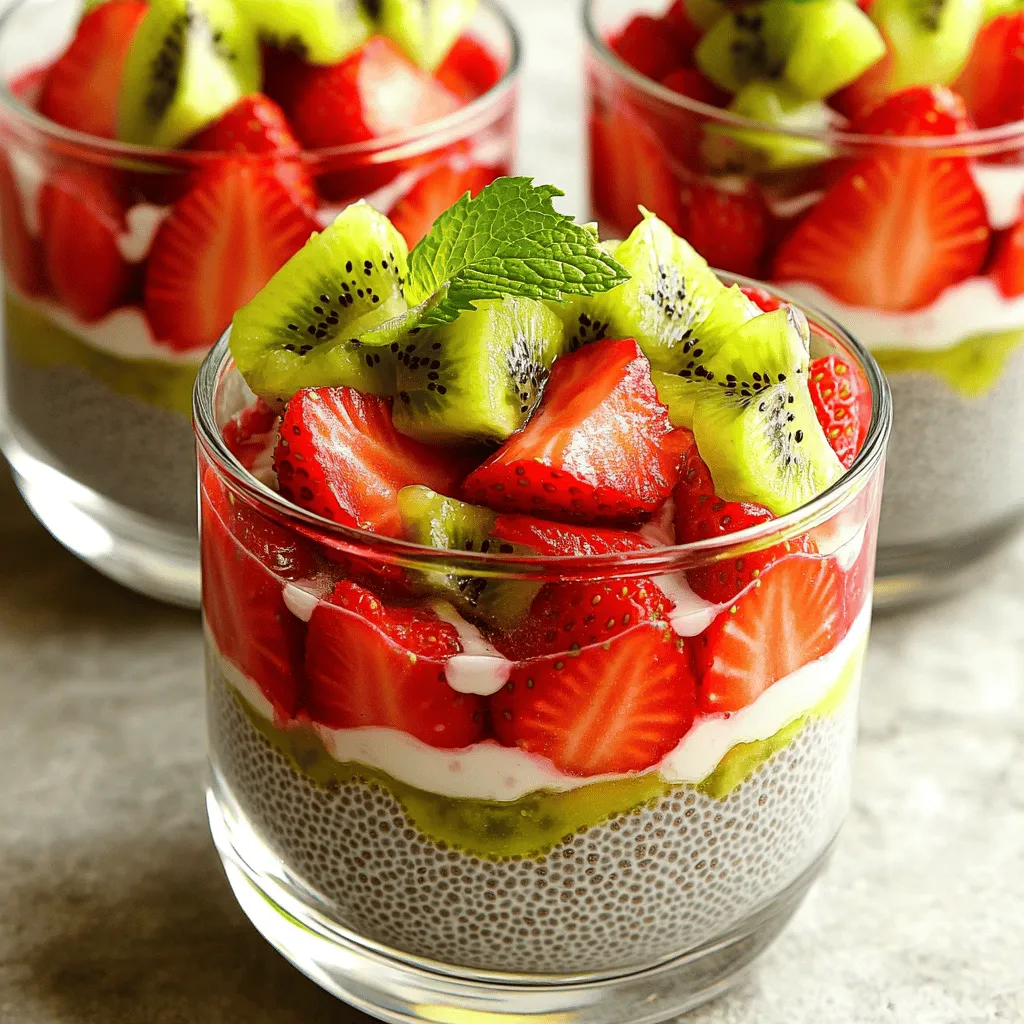 - 1/2 cup chia seeds - 2 cups almond milk (or any plant-based milk of your choice) - 1 tablespoon maple syrup (or honey for a non-vegan option) - 1 teaspoon pure vanilla extract - 1 cup fresh strawberries, hulled and sliced - 2 ripe kiwis, peeled and diced Chia seeds are the stars of this recipe. They soak up the almond milk and create a creamy texture. Almond milk is a great choice, but feel free to use any plant-based milk you like, such as oat or coconut milk. For sweetness, I use maple syrup, but honey works too if you prefer. The vanilla extract adds a lovely aroma, making every bite special. Fresh strawberries and kiwis bring bright flavors and a pop of color. The strawberries add sweetness, while kiwis give a tangy twist. This mix of fruits keeps the dish fresh and vibrant. - Fresh mint leaves - Additional toppings ideas While the pudding is fantastic on its own, garnishing can elevate it even more. Fresh mint leaves add a nice touch and a refreshing smell. You can also get creative with toppings. Try adding granola for crunch or shredded coconut for a tropical vibe. A sprinkle of nuts can also add texture and health benefits. For the full recipe, check out the complete instructions. To start, we need to mix the chia seeds with the liquids. In a medium bowl, combine: - 1/2 cup chia seeds - 2 cups almond milk (or any plant-based milk of your choice) - 1 tablespoon maple syrup (or honey for a non-vegan option) - 1 teaspoon pure vanilla extract Use a whisk to blend everything well. This step helps spread the chia seeds evenly. You want to see no clumps. Now, let's talk about resting time. After mixing, cover the bowl tightly. Place it in the fridge for at least 4 hours, or overnight if you can. This time is key. The chia seeds will soak up the liquid and turn creamy. Next, we chill the pudding. The suggested time is at least 4 hours. This helps achieve the best texture. If you can wait overnight, it’s even better. While chilling, you can cover the bowl with plastic wrap or a lid. This keeps the pudding fresh and prevents any smells from the fridge. When the chia pudding is ready, it's time to layer and serve. Grab some serving glasses or small bowls. Start with a spoonful of chia pudding at the bottom. Then, add a layer of fresh strawberries. Follow it with more chia pudding, and then sprinkle the diced kiwi on top. Repeat until your glass is full. To make it look fancy, gently swirl the layers with a spoon. This creates a beautiful marbled effect. If you want to add a touch of color, garnish with fresh mint leaves. They add a nice aroma and taste. For the complete method, check the Full Recipe. To get a smooth chia pudding, you must blend well. Start by whisking the chia seeds with almond milk. This step keeps the seeds from clumping together. If you notice clumps, use a fork to break them up. You can adjust the liquid to get the right thickness. If your pudding is too thick, add a little more almond milk. If it’s too runny, add more chia seeds and let it sit longer. Remember, the seeds absorb liquid and swell up, so you want to find that balance. Strawberry kiwi chia pudding works great for breakfast or dessert. Pair it with granola, yogurt, or fresh fruit for a tasty meal. It makes a fun snack for kids too! This pudding is perfect for summer picnics or brunch gatherings. The colorful layers make it a showstopper. Serve it in clear cups for a beautiful display. You can even make it ahead and store it in the fridge. For the full recipe, check out the details above. {{image_4}} When making strawberry kiwi chia pudding, you can swap fruits for a new twist. Try using mango, blueberries, or raspberries. Each fruit adds its own flavor and color. You can mix and match to find your favorite combo. Seasonal fruits work great too. In summer, use peaches or apricots. In fall, think about apples or pears. This way, your pudding stays fresh and exciting all year. You can enhance the flavor of your pudding with spices or extracts. A pinch of cinnamon or nutmeg gives warmth. Adding a drop of almond or coconut extract can create a unique taste. If you want to sweeten your pudding, consider alternatives like agave syrup or stevia. These options can help you control the sweetness based on your taste. Experimenting with flavors makes each batch special. For the complete experience, check out the Full Recipe. To keep your strawberry kiwi chia pudding fresh, use airtight containers. Glass jars work well because they do not absorb odors. Make sure the lids fit tightly to avoid spills. Store the pudding in the refrigerator. It must stay cool to prevent spoilage. I recommend keeping it in the fridge for easy access. When stored properly, your pudding stays good for about five days. It tastes best within the first three days. Watch for signs of spoilage. If you see any mold or the pudding smells off, throw it away. A change in texture can also indicate spoilage. Keep an eye on it to enjoy your delicious treat! For the full recipe, check out the [Full Recipe]. Can I use other types of milk? Yes, you can use other types of milk. Any plant-based milk works great. Try coconut, soy, or oat milk. They all add different flavors and textures. Just make sure to choose unsweetened options if you want to control the sweetness. How do I make it vegan? To make this recipe vegan, use maple syrup instead of honey. This simple switch keeps it plant-based. You can also use any non-dairy milk, like almond or coconut milk. Both options are creamy and delicious. Calories and macros per serving Each serving has about 200 calories. It also has 8 grams of protein and 12 grams of healthy fats. The chia seeds are the star of the show, providing fiber and good fats. Health benefits of chia seeds Chia seeds are tiny but mighty! They are packed with fiber, protein, and omega-3 fats. These nutrients help keep you full and support heart health. They also have antioxidants, which help your body fight free radicals. What to do if it's too runny? If your pudding is too runny, add more chia seeds. One tablespoon at a time should help thicken it. Let it rest for another 30 minutes to set. Solutions for clumping issues If you see clumps, don’t worry! Just stir it well after chilling. If that doesn’t work, use a blender. Blend it on low for a few seconds. This will break up the clumps, making your pudding smooth. You can find the full recipe for Strawberry Kiwi Chia Pudding in the earlier sections of this article. Enjoy your fresh and creamy delight! This blog post covered making chia pudding from start to finish. We explored key ingredients like chia seeds and almond milk, followed by easy step-by-step instructions. You learned tips for perfect consistency and serving ideas for any occasion. Variations let you get creative, whether with fruits or flavors. Lastly, we discussed storage tips to keep your pudding fresh. Remember, this tasty treat is both fun to make and good for you. Enjoy experimenting and sharing your creations!