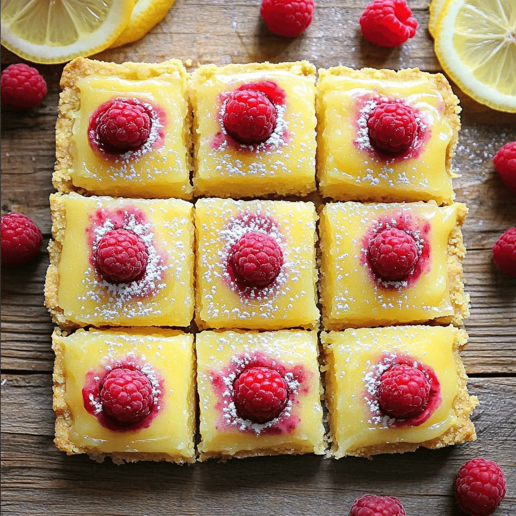 To make delicious Raspberry Lemonade Bars, gather these key ingredients: - 1 cup all-purpose flour - 1/4 cup powdered sugar - 1/2 cup unsalted butter, softened at room temperature - 1/4 teaspoon salt - 2 large eggs, at room temperature - 1 cup granulated sugar - 1/4 cup fresh lemon juice - Zest of 1 lemon, finely grated - 1 cup fresh raspberries - 1 tablespoon cornstarch - Additional powdered sugar for dusting These ingredients create a perfect balance of sweet and tart flavors. The fresh raspberries bring a bright taste, while the lemon juice adds a zesty kick. The buttery crust offers a nice contrast to the tangy filling. I recommend using fresh raspberries for the best flavor. If you can’t find fresh ones, frozen raspberries work too. Just make sure to thaw and drain them well before using. The zest of the lemon enhances the flavor. It adds a fragrant touch that pairs well with the other ingredients. You can find zest by grating the lemon’s outer peel. This combination of ingredients makes these bars a true delight. You’ll love how easy they are to prepare. For the full recipe, check the details above. Enjoy making your Raspberry Lemonade Bars! - Preheat the oven to 350°F. - In a bowl, mix together the flour, powdered sugar, butter, and salt. - Use a fork to blend until you see coarse crumbs. - Press this mixture into the bottom of an 8x8 inch baking dish. - Bake the crust for about 15 minutes, until lightly golden. - In a large bowl, whisk together eggs and sugar until smooth. - Add fresh lemon juice and zest, mixing well to combine. - In a small bowl, toss raspberries with cornstarch. - Gently fold the raspberries into the lemon filling without mashing them. - Pour the lemon and raspberry mixture over the cooled crust. - Use a spatula to smooth the filling evenly. - Bake for 20-25 minutes, until the filling is set but jiggles slightly. - Let the bars cool completely in the dish, about 30 minutes. - Once cool, lift the dessert out using the parchment paper. - Cut into neat squares for serving. - Dust with powdered sugar just before serving for a sweet touch. For the complete recipe, check out the [Full Recipe]. To get a great crust, use cold butter. Cut it into small pieces. Mix it with flour and sugar until it looks like sand. This gives a nice crumbly texture. Press it firmly into the baking dish. This helps it hold together after baking. To stop your berries from sinking, coat them in cornstarch. This creates a small barrier around the raspberries. When you fold them into the lemon filling, they will stay suspended. Gently mix them in. Be careful not to crush them. Serve the bars on a pretty plate. Add fresh raspberries and lemon slices for color. You can also sprinkle extra powdered sugar on top. This makes them look even more inviting. Pair your bars with a refreshing drink like lemonade or iced tea. They go well with light salads too. For a fun twist, serve them with whipped cream or vanilla ice cream. This adds a nice creamy touch to the tangy bars. For the complete recipe, check out the Full Recipe link. {{image_4}} You can play with flavors in your raspberry lemonade bars. Adding other fruits can give a new twist. Blueberries or strawberries work well with the lemon and raspberry mix. They add color and taste. You can also adjust the sweetness. If you like it sweeter, add more sugar. For more tartness, use extra lemon juice. This way, you can make the bars just how you like them. If you follow a gluten-free diet, you can swap the flour. Use almond flour or a gluten-free blend instead. This keeps the bars light and yummy. For vegan options, replace the eggs with flaxseed meal. Mix 1 tablespoon of flaxseed with 2.5 tablespoons of water and let it sit. This will help bind the bars. You can also use coconut oil in place of butter. These changes make the bars fit different diets. Check out the Full Recipe for more ideas! To keep your raspberry lemonade bars fresh, store them in the fridge. Use an airtight container to prevent them from drying out. If you have extra bars, you can freeze them. Wrap each bar in plastic wrap, then place them in a freezer bag. This keeps them safe for later. These bars stay fresh for about 5 days in the fridge. If you freeze them, they can last up to 3 months. Check for signs of spoilage like an off smell or mold. If you see either, it’s best to discard them. Enjoy your delicious raspberry lemonade bars while they are at their best! Yes, you can use frozen raspberries. Just thaw and drain them first. This step helps keep the filling from getting too watery. They will still taste great! The bars are done when the filling is set and slightly firm. A slight jiggle in the center is okay. It usually takes about 20-25 minutes in the oven. Yes, you can make them ahead of time. They stay fresh in the fridge for up to three days. Just cover them well to keep them moist. You can use coconut sugar or honey as substitutes. Keep in mind that honey will make the filling more moist. Adjust the amounts to taste, as these sweeteners vary in sweetness. For the full recipe, check out the details above. This blog post covered how to make delicious raspberry lemonade bars using simple ingredients. We explored each step, from preparing the crust to baking and cooling. I shared tips on perfecting texture and serving suggestions to impress your guests. Remember, you can mix in different fruits or adjust sweetness for your taste. These bars will delight everyone. With proper storage, you can enjoy them for days. Now, roll up your sleeves and start baking your tasty treat!