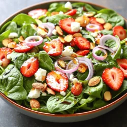 - Spinach - Strawberries - Red Onion For this salad, fresh produce is key. I use 4 cups of baby spinach. Make sure to wash and dry it well. Next, I slice 1 cup of ripe strawberries. Their sweetness really shines in this dish. Finally, I add 1/4 cup of finely sliced red onion. This gives a nice bite and balances the sweetness. - Feta Cheese - Sliced Almonds I love adding 1/4 cup of crumbled feta cheese. It adds creaminess and saltiness. For crunch, I include 1/2 cup of sliced almonds. Toast them lightly for a richer flavor. They bring a lovely texture to the salad. - Balsamic Vinaigrette - Honey - Seasoning For the dressing, I use 1/4 cup of balsamic vinaigrette. It adds tanginess to the salad. A tablespoon of honey sweetens it up nicely. I season with salt and cracked pepper to taste. This dressing ties all the flavors together perfectly. You can find the full recipe at [Full Recipe]. - Washing and drying spinach Start by rinsing the fresh baby spinach. Use cool water to clean it well. After washing, use a salad spinner or a clean towel to dry it. This step is key to keep your salad crisp. - Slicing strawberries Take ripe strawberries and hull them first. This means you remove the green tops. Then, slice them thinly. Aim for even slices to make the salad look nice. - Mixing ingredients in a bowl Place the dried spinach in a large bowl. Add the sliced strawberries on top. Then, sprinkle the sliced almonds, crumbled feta, and red onion evenly over the salad. Each ingredient adds color and crunch. - Drizzling dressing and tossing In a small bowl, whisk together balsamic vinaigrette and honey. Once mixed well, drizzle the dressing over the salad. Use salad tongs to gently toss everything together. Make sure not to crush the strawberries while mixing. - Ideal serving vessels I recommend using clear glass bowls. This way, you can show off the beautiful colors of the salad. The layers will catch the eye of anyone at your table. - Garnish ideas for presentation For a nice touch, add a few whole strawberries on top. You can also consider adding a sprinkle of extra feta or a few almonds. This will enhance the look and make it even more appealing. Choosing ripe strawberries is key. Look for berries that are bright red and firm. Avoid any with green or white patches. These indicate they are not fully ripe. The best spinach varieties for this salad are baby spinach. It has a tender texture and a mild taste. Always choose leaves that are vibrant and free of any browning. To avoid bruising strawberries, handle them gently. After slicing, add them last to the bowl. Toss the salad softly to keep the fruit intact. For an even coating of dressing, drizzle it slowly. This helps each bite get the right amount of flavor. Use salad tongs for gentle mixing. Serve the salad right after mixing. This keeps the greens crisp and fresh. If you need to prep in advance, wash and dry the spinach earlier. Keep the strawberries and dressing separate until serving. This way, your salad stays fresh and tasty. For the best experience, enjoy your Strawberry Spinach Salad as soon as possible. For the full recipe, check out the detailed instructions above. {{image_4}} You can make your Strawberry Spinach Salad even better by adding protein. Here are two great options: - Grilled chicken: Slice up some grilled chicken breast and add it on top. This makes the salad more filling and gives you a juicy flavor. - Chickpeas: If you want a plant-based option, add chickpeas. They are high in protein and add a nice texture. Cheese can change the taste of your salad. Here are two types to try: - Goat cheese: This cheese has a creamy texture and tangy taste. Crumble it over your salad for a rich flavor. - Parmesan: Shave some Parmesan cheese on top for a salty kick. It pairs well with strawberries and spinach. You can boost the flavor of your salad with some easy changes: - Adding herbs: Fresh herbs like basil or mint can brighten up the dish. Just chop a few leaves and sprinkle them in. - Alternate dressings: Try different dressings for variety. A honey mustard or citrus vinaigrette can give a new twist. These variations help you customize the Strawberry Spinach Salad to fit your taste. For all the details, check the Full Recipe. To keep your Strawberry Spinach Salad fresh, store it in the fridge. Use an airtight container. This helps keep moisture out and keeps your salad crisp. If you have leftovers, separate the dressing from the salad. The dressing can make the greens soggy if mixed too soon. Freezing this salad is not recommended. The textures of spinach and strawberries change when frozen. Instead, plan to enjoy it fresh. To maintain freshness, use your salad within two days. Keep it covered in the fridge to slow down wilting. You do not need to reheat this salad. If the greens wilt, you can revive them. Rinse the spinach in cold water and gently dry it. This helps to restore some of its crunch. You can also add fresh spinach to refresh the salad. Just mix it in before serving. For the full recipe of this delicious dish, check out the [Full Recipe]. Yes, you can make this salad ahead. To keep it fresh, store each part separately. Place the spinach in one bowl. Keep the sliced strawberries and other toppings in separate containers. Mix everything right before serving. This way, the spinach stays crisp, and the strawberries remain juicy. If you want to switch out feta, try goat cheese. It has a creamy texture and tangy flavor. You can also use ricotta for a milder taste. For a dairy-free option, try crumbled tofu or nutritional yeast. Each choice brings a unique taste to the salad. To boost your dressing's flavor, add fresh herbs like basil or mint. A squeeze of lemon juice brightens the taste, too. You can mix in a dash of mustard for a kick. Experiment with spices like garlic powder or crushed red pepper for extra zest. This blog post covered how to make a delicious Strawberry Spinach Salad. We explored fresh ingredients, dressing options, and simple steps for preparation and serving. Quality matters, so use ripe produce. You can mix things up with proteins and cheese. Proper storage keeps your salad fresh longer. Remember, make it your own with herbs or alternative dressings. Enjoy this tasty salad today and share it with your loved ones!