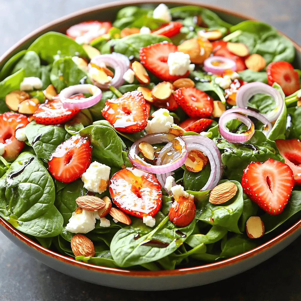- Spinach - Strawberries - Red Onion For this salad, fresh produce is key. I use 4 cups of baby spinach. Make sure to wash and dry it well. Next, I slice 1 cup of ripe strawberries. Their sweetness really shines in this dish. Finally, I add 1/4 cup of finely sliced red onion. This gives a nice bite and balances the sweetness. - Feta Cheese - Sliced Almonds I love adding 1/4 cup of crumbled feta cheese. It adds creaminess and saltiness. For crunch, I include 1/2 cup of sliced almonds. Toast them lightly for a richer flavor. They bring a lovely texture to the salad. - Balsamic Vinaigrette - Honey - Seasoning For the dressing, I use 1/4 cup of balsamic vinaigrette. It adds tanginess to the salad. A tablespoon of honey sweetens it up nicely. I season with salt and cracked pepper to taste. This dressing ties all the flavors together perfectly. You can find the full recipe at [Full Recipe]. - Washing and drying spinach Start by rinsing the fresh baby spinach. Use cool water to clean it well. After washing, use a salad spinner or a clean towel to dry it. This step is key to keep your salad crisp. - Slicing strawberries Take ripe strawberries and hull them first. This means you remove the green tops. Then, slice them thinly. Aim for even slices to make the salad look nice. - Mixing ingredients in a bowl Place the dried spinach in a large bowl. Add the sliced strawberries on top. Then, sprinkle the sliced almonds, crumbled feta, and red onion evenly over the salad. Each ingredient adds color and crunch. - Drizzling dressing and tossing In a small bowl, whisk together balsamic vinaigrette and honey. Once mixed well, drizzle the dressing over the salad. Use salad tongs to gently toss everything together. Make sure not to crush the strawberries while mixing. - Ideal serving vessels I recommend using clear glass bowls. This way, you can show off the beautiful colors of the salad. The layers will catch the eye of anyone at your table. - Garnish ideas for presentation For a nice touch, add a few whole strawberries on top. You can also consider adding a sprinkle of extra feta or a few almonds. This will enhance the look and make it even more appealing. Choosing ripe strawberries is key. Look for berries that are bright red and firm. Avoid any with green or white patches. These indicate they are not fully ripe. The best spinach varieties for this salad are baby spinach. It has a tender texture and a mild taste. Always choose leaves that are vibrant and free of any browning. To avoid bruising strawberries, handle them gently. After slicing, add them last to the bowl. Toss the salad softly to keep the fruit intact. For an even coating of dressing, drizzle it slowly. This helps each bite get the right amount of flavor. Use salad tongs for gentle mixing. Serve the salad right after mixing. This keeps the greens crisp and fresh. If you need to prep in advance, wash and dry the spinach earlier. Keep the strawberries and dressing separate until serving. This way, your salad stays fresh and tasty. For the best experience, enjoy your Strawberry Spinach Salad as soon as possible. For the full recipe, check out the detailed instructions above. {{image_4}} You can make your Strawberry Spinach Salad even better by adding protein. Here are two great options: - Grilled chicken: Slice up some grilled chicken breast and add it on top. This makes the salad more filling and gives you a juicy flavor. - Chickpeas: If you want a plant-based option, add chickpeas. They are high in protein and add a nice texture. Cheese can change the taste of your salad. Here are two types to try: - Goat cheese: This cheese has a creamy texture and tangy taste. Crumble it over your salad for a rich flavor. - Parmesan: Shave some Parmesan cheese on top for a salty kick. It pairs well with strawberries and spinach. You can boost the flavor of your salad with some easy changes: - Adding herbs: Fresh herbs like basil or mint can brighten up the dish. Just chop a few leaves and sprinkle them in. - Alternate dressings: Try different dressings for variety. A honey mustard or citrus vinaigrette can give a new twist. These variations help you customize the Strawberry Spinach Salad to fit your taste. For all the details, check the Full Recipe. To keep your Strawberry Spinach Salad fresh, store it in the fridge. Use an airtight container. This helps keep moisture out and keeps your salad crisp. If you have leftovers, separate the dressing from the salad. The dressing can make the greens soggy if mixed too soon. Freezing this salad is not recommended. The textures of spinach and strawberries change when frozen. Instead, plan to enjoy it fresh. To maintain freshness, use your salad within two days. Keep it covered in the fridge to slow down wilting. You do not need to reheat this salad. If the greens wilt, you can revive them. Rinse the spinach in cold water and gently dry it. This helps to restore some of its crunch. You can also add fresh spinach to refresh the salad. Just mix it in before serving. For the full recipe of this delicious dish, check out the [Full Recipe]. Yes, you can make this salad ahead. To keep it fresh, store each part separately. Place the spinach in one bowl. Keep the sliced strawberries and other toppings in separate containers. Mix everything right before serving. This way, the spinach stays crisp, and the strawberries remain juicy. If you want to switch out feta, try goat cheese. It has a creamy texture and tangy flavor. You can also use ricotta for a milder taste. For a dairy-free option, try crumbled tofu or nutritional yeast. Each choice brings a unique taste to the salad. To boost your dressing's flavor, add fresh herbs like basil or mint. A squeeze of lemon juice brightens the taste, too. You can mix in a dash of mustard for a kick. Experiment with spices like garlic powder or crushed red pepper for extra zest. This blog post covered how to make a delicious Strawberry Spinach Salad. We explored fresh ingredients, dressing options, and simple steps for preparation and serving. Quality matters, so use ripe produce. You can mix things up with proteins and cheese. Proper storage keeps your salad fresh longer. Remember, make it your own with herbs or alternative dressings. Enjoy this tasty salad today and share it with your loved ones!