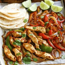 To make delicious sheet pan chicken fajitas, you'll need: - 1.5 lbs boneless, skinless chicken breasts, cut into strips - 1 red bell pepper, thinly sliced - 1 green bell pepper, thinly sliced - 1 yellow onion, thinly sliced - 3 tablespoons olive oil - 3 tablespoons fajita seasoning (store-bought or homemade) - Salt and pepper to taste - 8 small flour or corn tortillas - Fresh cilantro, roughly chopped (for garnish) - Lime wedges (for serving) These ingredients create a colorful and tasty dish. The chicken and veggies cook together, making each bite flavorful. You can use store-bought fajita seasoning or make your own. A simple blend includes: - 1 teaspoon chili powder - 1 teaspoon cumin - 1 teaspoon paprika - 1/2 teaspoon garlic powder - 1/2 teaspoon onion powder - Salt and pepper to taste Mix these spices together for a fresh taste. Adjust them to your liking for a spicy kick or a milder flavor. Toppings make your fajitas even better. Here are a few options: - Sliced avocado - Fresh salsa - Creamy sour cream - Shredded cheese - Diced tomatoes Adding garnishes like chopped cilantro and lime wedges enhances the dish. Each person can customize their fajitas, making them fun and interactive. Enjoy your meal with friends and family! For the full recipe, check out the section above. Start by preheating your oven to 400°F (200°C). This step is key for even cooking. In a large bowl, combine the sliced chicken, red and green bell peppers, and yellow onion. Add the olive oil and fajita seasoning. Mix well until every piece is coated. This ensures each bite bursts with flavor. Spread the chicken and veggie mix on a big baking sheet lined with parchment paper. Make sure to spread it evenly for good cooking. Bake for 20 to 25 minutes. Halfway through, stir the mix to help it brown nicely. Check that the chicken is no longer pink inside and the veggies are tender. While the chicken and veggies cook, warm up your tortillas. Heat a skillet on medium heat. Place each tortilla in the skillet for about 30 seconds on each side. This makes them soft and easy to fold. You can find the full recipe [here](#). To cook chicken just right, cut it into even strips. This helps it cook quickly and evenly. Use a meat thermometer to check for doneness. The chicken should reach 165°F (75°C) in the center. This ensures it is safe to eat. After cooking, let the chicken rest for a few minutes. This keeps it juicy and tender. Marinating chicken can add great flavor. You can use store-bought marinades or make your own. A simple mix of olive oil, lime juice, and spices works well. Let the chicken marinate for at least 30 minutes. For best results, marinate it overnight. This allows the flavors to soak in deeply. To roast chicken and veggies evenly, spread them out on the baking sheet. Avoid overcrowding, as this traps steam. Stir the mixture halfway through cooking. This ensures all sides get nice and crispy. Use parchment paper to prevent sticking and make cleanup easy. Follow these tips for a perfect sheet pan meal every time! {{image_4}} If you want a tasty vegetarian option, try using tofu or beans instead of chicken. For tofu, press it to remove extra water. Cut it into strips and marinate it in fajita seasoning. You can also use black beans or pinto beans for a filling meal. Just warm them up on the sheet pan with the veggies. This option is full of flavor and still very satisfying. You can switch out chicken for other proteins, too. Shrimp or steak makes a great choice. If you go for shrimp, cook it for a shorter time since it cooks fast. For steak, slice it thinly and marinate it just like the chicken. Both options bring new tastes and textures to the meal. Sheet pan chicken fajitas are perfect for many occasions. For a casual family dinner, set the table with all the toppings. Let everyone build their own fajitas. For a party, serve fajitas on a large platter. Include colorful veggies and fresh herbs to make it look great. This dish also works well for meal prep. Cook a big batch and enjoy it for lunch throughout the week. You can find the full recipe above for more ideas! After you enjoy your fajitas, let the leftovers cool. Place the chicken and veggies in an airtight container. Store them in the fridge for up to three days. Keep the tortillas in a separate bag. This helps them stay fresh and soft. To reheat, you can use the microwave or oven. For the microwave, place the chicken and veggies on a plate. Heat for 1-2 minutes until warm. If using the oven, preheat it to 350°F (175°C). Spread the leftovers on a baking sheet and heat for about 10 minutes. This method keeps them crispy. You can also freeze the chicken and veggies for later. Use a freezer-safe container or bag. Make sure to remove as much air as possible. They will stay good for about three months. When ready to cook, thaw in the fridge overnight. Reheat as mentioned above. Enjoy your tasty fajitas again! For the full recipe, check out the details above. Yes, you can prepare the chicken and veggies a day before. Just cut the chicken and slice the peppers and onions. Store them in an airtight container in the fridge. When you are ready to cook, mix them with the olive oil and seasoning. This saves time and makes dinner easy! You can add many tasty items! Here are some ideas: - Sliced avocado - Jalapeños for heat - Black beans for protein - Corn for sweetness - Fresh salsa for a kick These extras make your fajitas even more fun and delicious. To change the spice, you can: - Use mild fajita seasoning instead of spicy. - Add less seasoning if you want it mild. - Include fresh jalapeños for heat. - Serve with spicy salsa on the side. This way, everyone can enjoy their meal just the way they like it. This article covered how to make sheet pan chicken fajitas. We discussed main ingredients, seasoning options, and toppings. I shared easy steps for cooking chicken and veggies, with tips for perfect results. You can try different proteins and even prepare vegetarian options. In closing, these fajitas are tasty and simple, perfect for any meal. Enjoy customizing them with your favorite flavors!