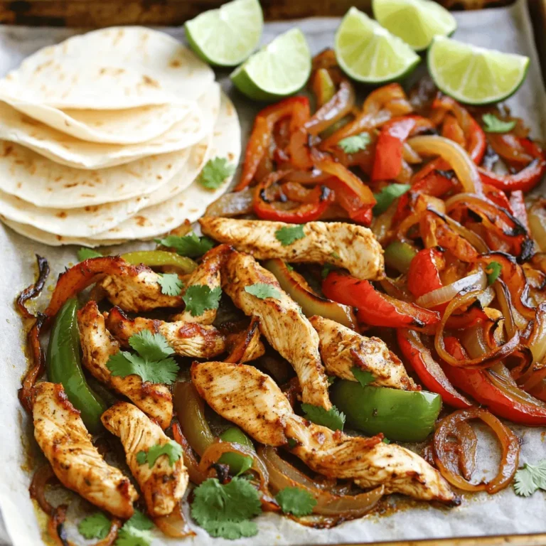 To make delicious sheet pan chicken fajitas, you'll need: - 1.5 lbs boneless, skinless chicken breasts, cut into strips - 1 red bell pepper, thinly sliced - 1 green bell pepper, thinly sliced - 1 yellow onion, thinly sliced - 3 tablespoons olive oil - 3 tablespoons fajita seasoning (store-bought or homemade) - Salt and pepper to taste - 8 small flour or corn tortillas - Fresh cilantro, roughly chopped (for garnish) - Lime wedges (for serving) These ingredients create a colorful and tasty dish. The chicken and veggies cook together, making each bite flavorful. You can use store-bought fajita seasoning or make your own. A simple blend includes: - 1 teaspoon chili powder - 1 teaspoon cumin - 1 teaspoon paprika - 1/2 teaspoon garlic powder - 1/2 teaspoon onion powder - Salt and pepper to taste Mix these spices together for a fresh taste. Adjust them to your liking for a spicy kick or a milder flavor. Toppings make your fajitas even better. Here are a few options: - Sliced avocado - Fresh salsa - Creamy sour cream - Shredded cheese - Diced tomatoes Adding garnishes like chopped cilantro and lime wedges enhances the dish. Each person can customize their fajitas, making them fun and interactive. Enjoy your meal with friends and family! For the full recipe, check out the section above. Start by preheating your oven to 400°F (200°C). This step is key for even cooking. In a large bowl, combine the sliced chicken, red and green bell peppers, and yellow onion. Add the olive oil and fajita seasoning. Mix well until every piece is coated. This ensures each bite bursts with flavor. Spread the chicken and veggie mix on a big baking sheet lined with parchment paper. Make sure to spread it evenly for good cooking. Bake for 20 to 25 minutes. Halfway through, stir the mix to help it brown nicely. Check that the chicken is no longer pink inside and the veggies are tender. While the chicken and veggies cook, warm up your tortillas. Heat a skillet on medium heat. Place each tortilla in the skillet for about 30 seconds on each side. This makes them soft and easy to fold. You can find the full recipe [here](#). To cook chicken just right, cut it into even strips. This helps it cook quickly and evenly. Use a meat thermometer to check for doneness. The chicken should reach 165°F (75°C) in the center. This ensures it is safe to eat. After cooking, let the chicken rest for a few minutes. This keeps it juicy and tender. Marinating chicken can add great flavor. You can use store-bought marinades or make your own. A simple mix of olive oil, lime juice, and spices works well. Let the chicken marinate for at least 30 minutes. For best results, marinate it overnight. This allows the flavors to soak in deeply. To roast chicken and veggies evenly, spread them out on the baking sheet. Avoid overcrowding, as this traps steam. Stir the mixture halfway through cooking. This ensures all sides get nice and crispy. Use parchment paper to prevent sticking and make cleanup easy. Follow these tips for a perfect sheet pan meal every time! {{image_4}} If you want a tasty vegetarian option, try using tofu or beans instead of chicken. For tofu, press it to remove extra water. Cut it into strips and marinate it in fajita seasoning. You can also use black beans or pinto beans for a filling meal. Just warm them up on the sheet pan with the veggies. This option is full of flavor and still very satisfying. You can switch out chicken for other proteins, too. Shrimp or steak makes a great choice. If you go for shrimp, cook it for a shorter time since it cooks fast. For steak, slice it thinly and marinate it just like the chicken. Both options bring new tastes and textures to the meal. Sheet pan chicken fajitas are perfect for many occasions. For a casual family dinner, set the table with all the toppings. Let everyone build their own fajitas. For a party, serve fajitas on a large platter. Include colorful veggies and fresh herbs to make it look great. This dish also works well for meal prep. Cook a big batch and enjoy it for lunch throughout the week. You can find the full recipe above for more ideas! After you enjoy your fajitas, let the leftovers cool. Place the chicken and veggies in an airtight container. Store them in the fridge for up to three days. Keep the tortillas in a separate bag. This helps them stay fresh and soft. To reheat, you can use the microwave or oven. For the microwave, place the chicken and veggies on a plate. Heat for 1-2 minutes until warm. If using the oven, preheat it to 350°F (175°C). Spread the leftovers on a baking sheet and heat for about 10 minutes. This method keeps them crispy. You can also freeze the chicken and veggies for later. Use a freezer-safe container or bag. Make sure to remove as much air as possible. They will stay good for about three months. When ready to cook, thaw in the fridge overnight. Reheat as mentioned above. Enjoy your tasty fajitas again! For the full recipe, check out the details above. Yes, you can prepare the chicken and veggies a day before. Just cut the chicken and slice the peppers and onions. Store them in an airtight container in the fridge. When you are ready to cook, mix them with the olive oil and seasoning. This saves time and makes dinner easy! You can add many tasty items! Here are some ideas: - Sliced avocado - Jalapeños for heat - Black beans for protein - Corn for sweetness - Fresh salsa for a kick These extras make your fajitas even more fun and delicious. To change the spice, you can: - Use mild fajita seasoning instead of spicy. - Add less seasoning if you want it mild. - Include fresh jalapeños for heat. - Serve with spicy salsa on the side. This way, everyone can enjoy their meal just the way they like it. This article covered how to make sheet pan chicken fajitas. We discussed main ingredients, seasoning options, and toppings. I shared easy steps for cooking chicken and veggies, with tips for perfect results. You can try different proteins and even prepare vegetarian options. In closing, these fajitas are tasty and simple, perfect for any meal. Enjoy customizing them with your favorite flavors!