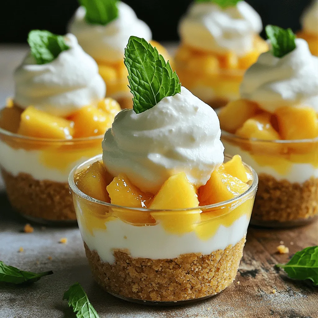 - 2 cups fresh peaches, peeled and diced - 1 tablespoon fresh lemon juice Fresh peaches are key for this recipe. They add sweetness and bright flavor. I prefer ripe, juicy peaches for the best taste. The lemon juice keeps them fresh and adds a nice zing. - 1 packet (8 oz) cream cheese, softened - 1 cup whipped cream or whipped topping - 1/4 cup powdered sugar - 1 teaspoon pure vanilla extract The creamy filling is what makes these cups special. Start with softened cream cheese for easy mixing. Whipped cream gives it a light texture. The powdered sugar makes it sweet, while vanilla adds depth. - 1 cup graham cracker crumbs - 1/4 cup unsalted butter, melted The graham cracker base adds crunch. Melted butter helps bind the crumbs together. This layer gives structure to the cups and a nice contrast to the creaminess. - Fresh mint leaves for garnish A sprig of mint on top adds color and freshness. It makes the cups look pretty and inviting. Plus, it gives a nice aroma when you take a bite. For the full recipe, check out the details to create your No-Bake Peach Pie Cups. Start by tossing your diced peaches in a bowl with lemon juice. This step keeps the peaches fresh and adds a nice zing. Let them marinate for about ten minutes. This enhances their sweet flavor and makes them even tastier in the cups. In another bowl, beat the softened cream cheese until it’s light and fluffy. This should take about two to three minutes. Next, mix in the powdered sugar and vanilla extract. Keep mixing until it’s smooth. Now, fold in the whipped cream or topping gently. This creates a rich, creamy filling that pairs perfectly with the peaches. In a small bowl, combine the graham cracker crumbs with melted butter. Stir until all crumbs are coated. This gives you that sandy texture, making the base crunchy and delicious. Grab your small cups or glasses. Start by adding a spoonful of the graham cracker mixture to the bottom of each cup. Then, spoon in a layer of the cream cheese mixture. After that, add a layer of the marinated peaches. Make sure to spread them evenly for great flavor in every bite. Repeat this layering process. Finish each cup with a dollop of the cream cheese mixture and a few extra peach pieces to make it look pretty. Once your cups are assembled, cover them with plastic wrap. Place them in the fridge for at least one hour. This chilling time helps all the flavors meld together, making each bite even better. To make your no-bake peach pie cups shine, try these tips. First, garnish each cup with a fresh mint leaf. This adds a pop of color and a hint of freshness. Next, sprinkle some extra graham cracker crumbs on top. This gives your dessert a nice crunch and enhances its look. Want to add a little twist? Consider mixing in a pinch of cinnamon. It brings warmth and depth to the flavors. You can also switch out fresh peaches for other seasonal fruits. Berries, nectarines, or even apples can create delightful variations. Choosing the right peaches is key. Use firm peaches to create sturdier layers. This helps keep the cups from falling apart. Also, be careful when mixing the whipped cream. Avoid over-mixing to keep the light and airy texture. This makes each bite feel fresh and fluffy. {{image_4}} You can switch up the fruit in your no-bake peach pie cups. Use fresh berries like strawberries or blueberries for a burst of color and flavor. Bananas also work well, adding a creamy texture. If you want to go tropical, try mango or pineapple. These fruits bring a fun and fresh taste to the cups. If you're looking for dairy-free choices, you can easily swap out the cream cheese. Use a dairy-free cream cheese alternative. This will keep the creamy texture without the dairy. For a twist, use coconut whipped cream. It adds a light coconut flavor that pairs well with peaches. For a gluten-free version, choose gluten-free graham crackers for the base. You can also make a crust from almond flour or nuts. This gives a unique flavor and texture. Both options work great and still taste delicious. These variations let you enjoy no-bake peach pie cups in different ways. Feel free to mix and match based on your taste and dietary needs. For the full recipe, check the earlier sections! You should store your No-Bake Peach Pie Cups in an airtight container. They will stay fresh for up to 2 days. However, be aware that the consistency may vary after chilling. The cream may become a bit denser, so enjoy them soon after making! Freezing is not a good option for these cups. The texture changes when thawed, making them less appealing. For the best taste and texture, I recommend enjoying them fresh after preparation. Trust me; they taste best when made and served right away! Typically, No-Bake Peach Pie Cups last for up to 2 days when stored in an airtight container. This keeps them fresh and tasty. Make sure to seal the container well. You want to keep that creamy filling and juicy peaches at their best. Yes, you can use frozen peaches for this recipe. Just thaw them first and drain any extra liquid. This helps keep the cups from getting soggy. Using frozen peaches can save time and still give you great flavor. If you want to switch things up, try crushed cookies or oats for a different base flavor. Chocolate cookies can add a nice twist. Oats give a heartier texture. Experiment with what you have on hand! Yes, you can prepare No-Bake Peach Pie Cups a day in advance for convenience. This makes them perfect for parties or gatherings. Just layer and refrigerate them overnight. The flavors will meld beautifully, making for a delicious dessert. For the full recipe, check out the detailed instructions above! In this blog post, we explored how to make delicious no-bake peach pie cups. We covered fresh ingredients, from peaches to creamy filling, and outlined easy step-by-step instructions. I shared helpful tips for serving and ways to adapt the recipe. These pie cups are simple, fun, and allow for creativity. Enjoy making them with friends or family. Your dessert will shine on any table. Try these cups and savor every tasty bite!