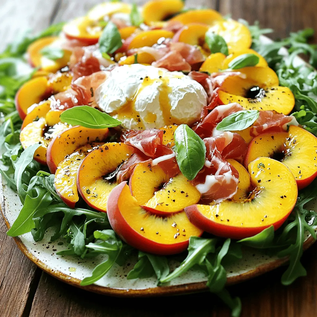 - 2 ripe peaches, sliced - 200g burrata cheese - 100g fresh arugula - Optional: ¼ cup prosciutto - 2 tablespoons honey - 1 tablespoon balsamic glaze - 1 tablespoon extra-virgin olive oil - Fresh basil leaves - Salt and freshly cracked pepper When making a Peach Burrata Salad, you want the best ingredients. Start with ripe peaches. They should feel soft but not mushy. Slice them into wedges for a nice look. Next, get burrata cheese. This soft cheese adds creaminess to your salad. Use about 200 grams and tear it into pieces. For the greens, fresh arugula works best. It has a peppery flavor that pairs well with sweet peaches. You can add prosciutto if you like. It brings a salty touch. Just a quarter cup will do. For the dressing, mix honey, balsamic glaze, and olive oil. The honey adds sweetness and the balsamic gives a tangy kick. Use two tablespoons of honey, one tablespoon of balsamic glaze, and one tablespoon of olive oil. Finally, don’t forget the garnishes. Fresh basil leaves add a nice touch. Sprinkle salt and cracked pepper to enhance flavors. For the full recipe, check the detailed steps to create this delightful dish. - Wash and slice peaches. - Tear burrata cheese into chunks. Start by washing the peaches. This step removes any dirt. After that, slice the peaches into thin wedges. Keeping the slices even makes the salad look nice. Next, take the burrata cheese. Gently tear it into bite-sized pieces. This gives a creamy texture to the salad. - Create a bed of arugula. - Arrange peaches and burrata on arugula. - Layer with prosciutto (if using). Now, grab a large platter. Create a bed of fresh arugula on it. The arugula adds a peppery punch. Next, artfully arrange the peach slices over the arugula. Spread them evenly for a colorful display. Then, add the torn burrata pieces on top. They should nestle among the arugula and peaches. If you want, layer thin slices of prosciutto over everything. This adds a salty contrast that enhances the flavors. - Whisk together dressing ingredients. - Drizzle dressing over the salad. Now it's time to make the dressing. In a small bowl, whisk together honey, balsamic glaze, and olive oil. Mix until it’s smooth and well blended. Drizzle this dressing over the salad. Make sure to coat the peaches and burrata well. Lastly, sprinkle a little salt and cracked pepper over the top. Garnish with fresh basil leaves for color. For the full recipe, check out the details above. Enjoy every bite of this fresh and flavorful peach burrata salad! For a stunning salad display, use a large, shallow platter. This allows everyone to see the bright colors of the peaches, burrata, and arugula. You can also layer the ingredients. Start with arugula, then add peaches and burrata. Finally, drizzle extra balsamic glaze on top for a beautiful finish. This adds flavor and a shiny look. To select ripe peaches, look for a slight give when you press them gently. Ripe peaches should have a sweet smell and vibrant color. Avoid any with bruises or soft spots. When handling burrata, be gentle. Tear it into chunks rather than cutting it with a knife. This keeps the creamy center intact and makes for a better texture. Consider adding nuts like pistachios or walnuts for crunch. They pair well with the creamy burrata and juicy peaches. You can also spice it up with fresh herbs like mint or thyme. These add brightness and depth to the salad. For an extra kick, try a sprinkle of red pepper flakes. This gives a nice contrast to the sweet peaches. {{image_4}} You can change up the fruits in your salad. Try figs or berries for a twist. These fruits add sweet and tart flavors. They also look beautiful on your plate. For cheese, you can swap burrata with mozzarella or feta. Both have different textures and tastes. Mozzarella is creamy, while feta is crumbly and tangy. If you want a vegan salad, skip the cheese. Instead, use avocado or a nut-based cheese. Both options add creaminess and healthy fats. For those who need gluten-free meals, this salad is naturally gluten-free. Just make sure any dressing is also gluten-free. To add some spice, sprinkle chili flakes over the salad. This can give your dish an exciting kick. If you want more acidity, consider adding citrus segments like oranges or grapefruits. They balance the sweetness of the peaches nicely. Adding these elements makes the salad fun and flavorful. Explore these variations to find your perfect mix! You can keep the Peach Burrata Salad for up to two days in the fridge. Store it in an airtight container to keep it fresh. If you have leftover dressing, keep it separate for longer shelf life. You can prepare the salad components in advance. Slice the peaches and tear the burrata cheese the day before. Store each item in its container. Assemble the salad right before you serve. This keeps the arugula crisp and the burrata creamy. Freezing the salad is not a good idea. It affects the texture of the burrata and peaches. If you need to store it, revive flavors by adding fresh herbs and a drizzle of dressing before serving. This brightens up the salad and makes it taste fresh again. To slice peaches evenly, start by washing them under cool water. Then, cut around the peach’s pit. Twist the two halves to separate them. Remove the pit with a knife. Next, create thin wedges by slicing each peach half into even sections. This keeps the shape nice and pretty for the salad. You can prepare some parts of the salad in advance. Slice the peaches and store them in a bowl with a bit of lemon juice. This keeps them fresh and bright. You can also tear the burrata and wash the arugula ahead. Just wait to assemble the salad until you are ready to serve. This keeps everything crisp and tasty. Burrata is rich in calcium and protein, which help build strong bones and muscles. Peaches are low in calories and high in vitamins A and C. They also have fiber, which is good for digestion. Together, they make a tasty and healthy pair that supports your overall well-being. To make this salad vegetarian, simply leave out the prosciutto. You can add extra nuts or seeds for crunch. Try using walnuts or pistachios for a nice texture. You can also mix in some other veggies, like cucumber or bell pepper, to add more flavor and color. Enjoy the fresh taste without meat! This Peach Burrata Salad combines fresh ingredients for a tasty dish. You learned about the main components, step-by-step assembly, and how to make it look great. Flavors can vary with seasonal swaps and dietary changes. Remember to store leftovers properly for the best taste. Enjoy this salad at any gathering or just for yourself. I hope you try it and see how easy it is to make something special!