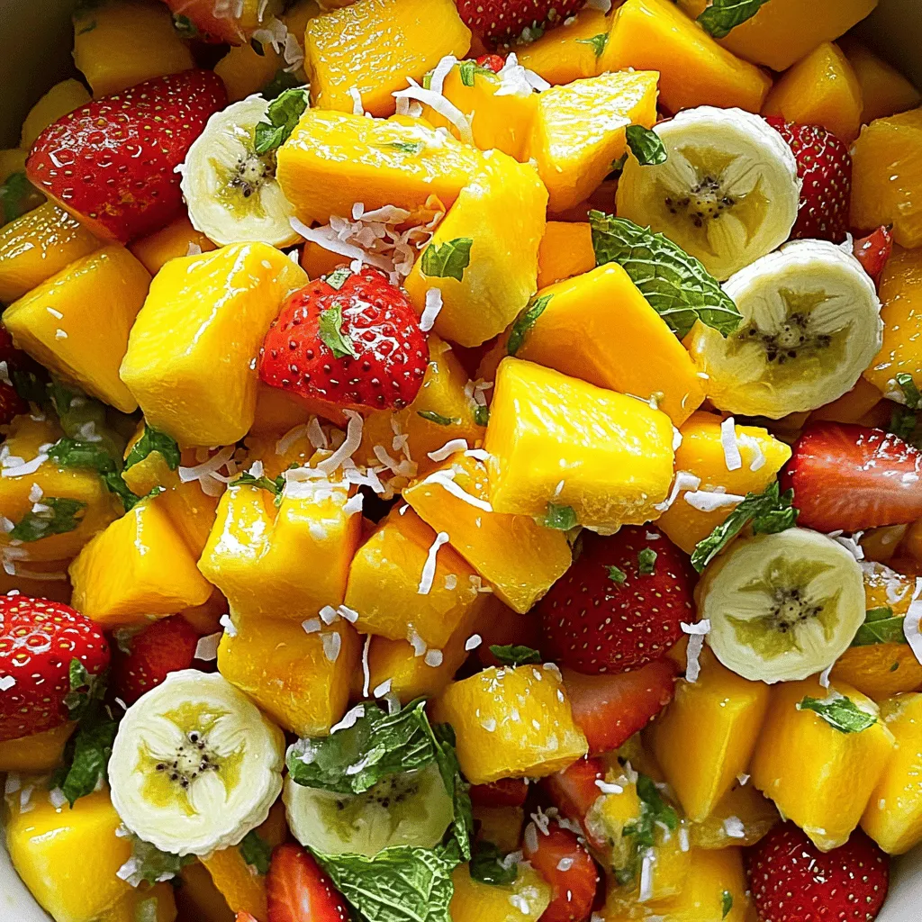 - Ripe pineapple (1, peeled and diced) - Ripe mangoes (2, diced) - Medium papaya (1, cubed) - Fresh strawberries (1 cup, hulled and halved) - Large banana (1, sliced) - Shredded coconut (1/2 cup, sweetened or unsweetened) - Fresh lime juice (juice of 1 lime) - Honey or agave syrup (2 tablespoons, optional) - Fresh mint leaves (for garnish) I love using fresh fruits for my Tropical Fruit Salad. The ripe pineapple adds a sweet and tangy flavor. Mangoes bring a rich, juicy taste. Papaya has a soft texture and mild sweetness that balances the mix. Fresh strawberries add a pop of color and a burst of freshness. Bananas lend a creamy texture and natural sweetness. For extra flair, I often sprinkle shredded coconut on top. You can choose sweetened or unsweetened, depending on your taste. A splash of fresh lime juice brightens up the dish. You can add honey or agave syrup for extra sweetness if needed. Finally, garnishing with fresh mint leaves gives a lovely aroma and a nice touch of color. Using these ingredients, you create a vibrant and refreshing treat. This salad not only looks beautiful but also tastes amazing. You can serve it at parties or enjoy it as a healthy snack. For the full recipe, check out the Tropical Paradise Fruit Salad. Start with the pineapple. Cut off the top and bottom. Stand the pineapple upright. Slice the skin off in strips. Remove any eyes you see. Then, cut the fruit into bite-sized cubes. Next, grab the mangoes. Use a sharp knife to slice down the sides of the pit. Then, cut each half into cubes. Use a spoon to scoop out the fruit. For the papaya, cut it in half lengthwise. Use a spoon to scoop out the seeds. Then, peel the skin off and cut it into cubes. Now, it's time for the strawberries. Hold the berry and use a small knife to cut off the green top. Cut each berry in half. This makes them easier to eat. Finally, take the banana. Slice it into rounds. Aim for about half an inch thick. This gives a nice texture to the salad. In a small bowl, squeeze the juice from one lime. This should give you about two tablespoons. Add honey or agave syrup to the lime juice. Use a whisk to mix it all together until smooth. You can taste the dressing. If you want it sweeter, add more honey or agave. This dressing brings a bright flavor to the fruit. In a large bowl, gently toss all the prepared fruits together. Be careful not to mash them. Drizzle the lime dressing over the fruit. Use a large spoon to mix everything. Ensure each piece of fruit gets a coat of dressing. Cover the bowl with plastic wrap. Place it in the refrigerator for about 30 minutes. This chill time allows the flavors to blend nicely. When you're ready to serve, give the salad a gentle toss. Garnish with fresh mint leaves for a pop of color. This makes your fruit salad look as good as it tastes. For a fun touch, serve it in a clear bowl to show off the colorful fruits. You can sprinkle some extra coconut on top for added flair. Enjoy your Tropical Paradise Fruit Salad! For the full recipe, check out the detailed instructions above. For a tasty fruit salad, I suggest mixing sweet and tart fruits. Use ripe pineapple, mangoes, and strawberries. These fruits balance well together. Add a touch of papaya for creaminess. To enhance the look, cut fruits into even pieces. This makes the salad beautiful and appealing. When cutting a banana, slice it just before serving. Bananas brown quickly. To slow down browning, coat the slices with lime juice. This keeps them fresh and bright. You can switch up the dressing for your fruit salad. Coconut milk adds a tropical twist. It’s creamy and pairs well with fruit. If you want more zing, sprinkle a little chili powder. This brings a unique flavor that surprises your taste buds. For a light sweetness, mix honey with lime juice. This simple dressing enhances the fruit's natural taste. Try these options to see what you love the most! For the full recipe, check [Full Recipe]. {{image_4}} You can make your tropical fruit salad even better by adding extra ingredients. Nuts and seeds add a nice crunch. Try almonds, walnuts, or sunflower seeds for a fun twist. They also boost the nutrition of your salad. You can also add more tropical fruits. Kiwi and passion fruit work great in this mix. Kiwi brings a lovely green color and a tart flavor, while passion fruit adds a sweet and tangy taste. These fruits help to make the salad look colorful and delicious. If you're looking for vegan options, this salad is already perfect! All the fruits are plant-based. For gluten-free diets, you can enjoy this salad worry-free. If you want to lower the sugar, you can use stevia or monk fruit. These natural sweeteners keep the taste sweet without added sugar. Just adjust the amount based on your taste. With these variations, your tropical fruit salad will be enjoyable for everyone! You can find the full recipe [here](#). To keep your leftover fruit salad fresh, store it in the fridge. Use an airtight container to seal in the flavors. Glass or plastic containers work well. Make sure to cover the salad tightly to prevent it from drying out. If you have extra mint leaves, add them just before serving for a fresh touch. Your tropical fruit salad can stay fresh in the refrigerator for about three days. After that, the fruits may start to lose their taste and texture. Look for signs like browning, mushiness, or an unpleasant smell. If you notice any of these, it's time to toss the salad. Always trust your senses when it comes to food safety. For the full recipe, check out the Tropical Paradise Fruit Salad 🥭 section. What fruits can I use in Tropical Fruit Salad? You can use many fruits in your salad. I love ripe pineapple, mangoes, papaya, strawberries, and bananas. These fruits mix well together. You can also add kiwi, oranges, or even berries. Each fruit adds its own flavor. How do I make Tropical Fruit Salad ahead of time? To prepare it early, cut the fruit and store it in the fridge. Keep the dressing separate. Mix the fruit and dressing just before serving. This keeps the fruit fresh and tasty. You can store it for up to a day. Can I substitute the sweetener in this recipe? Yes, you can swap the sweetener. Honey or agave syrup works great. If you want a low-sugar option, use stevia or maple syrup. Adjust the amount to meet your taste. What type of dishes pair well with Tropical Fruit Salad? Tropical fruit salad pairs nicely with grilled meats or fish. It also complements a spicy dish. You can serve it at barbecues or picnics. It adds a fresh touch to any meal. How to serve it as a breakfast or dessert option? Serve it over yogurt for breakfast. You can also add granola for crunch. As a dessert, try it with whipped cream or coconut milk. This salad makes a lovely, light treat any time of day. Don't forget to check the Full Recipe for more details! This article covers all you need to know for a tasty tropical fruit salad. You learned which fresh fruits to use and how to prepare them. I shared tips for a great dressing and unique variations for your salad. Proper storage tips help keep your salad fresh longer. Now, you can impress everyone with a colorful, delicious dish. Enjoy creating your own version, and make it your own!