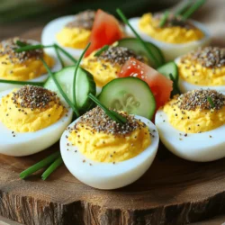 - 6 large eggs - 2 tablespoons mayonnaise - 1 teaspoon Dijon mustard - 1 teaspoon apple cider vinegar - Salt and pepper to taste - 2 tablespoons finely chopped chives - 2 tablespoons finely chopped red onion - 1 tablespoon Everything Bagel seasoning - Optional: cucumber or tomato slices for garnish You can swap mayonnaise for Greek yogurt for a lighter twist. Use yellow mustard if you don’t have Dijon. Apple cider vinegar can be replaced with lemon juice for a zesty kick. For a milder taste, try green onions instead of red onion. If you can't find Everything Bagel seasoning, make your own with sesame seeds, poppy seeds, garlic powder, and onion powder. Fresh eggs are key for great deviled eggs. Look for eggs with clean, uncracked shells. Check the sell-by date on the carton. If you can, buy local eggs or those labeled organic. You can also do the water test: place an egg in a bowl of water. Fresh eggs sink. If it floats, it's best to toss it. Fresh eggs will give you better flavor and texture in your Everything Bagel Deviled Eggs. To make perfect hard-boiled eggs, start by boiling water in a pot. Add the eggs gently. Cook them for about 10-12 minutes. This time gives you a firm yolk. After cooking, cool the eggs quickly to make peeling easy. Place them in an ice bath for 5-10 minutes. This stops the cooking and cools them down fast. Once the eggs cool, tap them on a hard surface to crack the shell. Peel the eggs under running water for ease. Cut each egg in half, lengthwise. Gently remove the yolks and place them in a bowl. Add mayonnaise, Dijon mustard, apple cider vinegar, salt, and pepper. Mash and mix until smooth. Stir in chopped chives, red onion, and half of the Everything Bagel seasoning for flavor. Now, it’s time to fill the egg whites! Use a spoon or a piping bag to put the yolk mixture into each egg white half. Make them look nice and full. After filling, sprinkle the rest of the Everything Bagel seasoning on top. This adds extra taste and visual appeal. If you want, garnish with cucumber or tomato slices for freshness. Enjoy your Everything Bagel Deviled Eggs! For the complete recipe, check out [Full Recipe]. To make these eggs shine, I suggest using homemade mayo. It tastes fresh and creamy. Store-bought mayo can work, but it may lack depth. If you have time, whip up a quick batch. Just blend egg yolks, oil, and a dash of lemon juice. This will add a special touch. Make your deviled eggs stand out! Arrange them on a colorful plate. Add fresh veggies around them for a pop of color. You can sprinkle extra Everything Bagel seasoning on top for flair. Use chopped chives to add a nice green touch. Garnishing with cucumber or tomato slices can give a fresh bite. Avoid overcooking your eggs. This can lead to a green ring around the yolk. Chill the eggs in ice water right after boiling. This makes peeling easier and helps keep them tender. Don’t rush mixing the filling. A smooth texture is key for a great taste. Lastly, be careful with seasoning. Taste as you go to ensure the right flavor balance. {{image_4}} You can easily change the taste of your Everything Bagel Deviled Eggs. Add spices like smoked paprika or cayenne for a kick. Fresh herbs, like dill or parsley, can brighten the flavor. Experiment with different mustards too. Each change can make your dish special. For a vegetarian version, skip the eggs and try chickpeas instead. Mash canned chickpeas with the same mix of mayo and spices. For a vegan option, use vegan mayo and chickpeas. This keeps the creamy texture while making it plant-based. Everyone can enjoy this dish. Pair your deviled eggs with fresh veggies like carrots or celery. They taste great with a light salad too. Enjoy them with drinks like sparkling water or a light beer. These pairings make your dish even more fun. You can find the Full Recipe to try these ideas! To keep your Everything Bagel Deviled Eggs fresh, store them in the fridge. Place them in an airtight container. This helps prevent them from drying out or absorbing other smells. Try to eat them within two days for the best taste. If you have extra filling, store it separately. This way, you can keep the egg whites intact until you're ready to serve. Can you freeze deviled eggs? I don't recommend it. Freezing changes the texture of the eggs. The filling can become watery and grainy after thawing. If you must freeze, try to freeze only the egg yolk mixture. When you are ready to use it, thaw it in the fridge overnight and mix it again before filling the egg whites. Deviled eggs last about 2 to 3 days in the fridge. After that, they may lose flavor and freshness. Always check for any off smell or changes in color before eating. For the best taste, enjoy them within the first couple of days. Everything Bagel seasoning is a mix of flavors. It has sesame seeds, poppy seeds, dried garlic, dried onion, and salt. This blend gives your dish a savory and crunchy taste. You can find it at stores or make your own. Just mix those ingredients in a bowl. It adds great depth to deviled eggs! You can make deviled eggs up to two days ahead of time. Just store them in the fridge. Keep them covered with plastic wrap or in an airtight container. This helps keep them fresh. However, it's best to fill them right before serving. This keeps the egg whites from getting soggy. Yes, you can use other mustards! Yellow mustard gives a milder taste. Spicy brown mustard adds a kick. Honey mustard can make it sweeter. Choose what you like best. Each type of mustard brings its own flavor. Experiment and find your favorite mix! Everything Bagel Deviled Eggs offer a fun twist on a classic snack. You learned how to choose fresh eggs, boil them, and mix a tasty filling. Simple tips helped you avoid common mistakes and enhance flavor. You can explore variations to suit your taste or needs. Remember, these eggs chill well and make great leftovers. Whether for a party or a snack, they impress every time. Enjoy your new skills and share this delicious recipe!