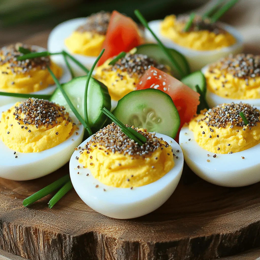 - 6 large eggs - 2 tablespoons mayonnaise - 1 teaspoon Dijon mustard - 1 teaspoon apple cider vinegar - Salt and pepper to taste - 2 tablespoons finely chopped chives - 2 tablespoons finely chopped red onion - 1 tablespoon Everything Bagel seasoning - Optional: cucumber or tomato slices for garnish You can swap mayonnaise for Greek yogurt for a lighter twist. Use yellow mustard if you don’t have Dijon. Apple cider vinegar can be replaced with lemon juice for a zesty kick. For a milder taste, try green onions instead of red onion. If you can't find Everything Bagel seasoning, make your own with sesame seeds, poppy seeds, garlic powder, and onion powder. Fresh eggs are key for great deviled eggs. Look for eggs with clean, uncracked shells. Check the sell-by date on the carton. If you can, buy local eggs or those labeled organic. You can also do the water test: place an egg in a bowl of water. Fresh eggs sink. If it floats, it's best to toss it. Fresh eggs will give you better flavor and texture in your Everything Bagel Deviled Eggs. To make perfect hard-boiled eggs, start by boiling water in a pot. Add the eggs gently. Cook them for about 10-12 minutes. This time gives you a firm yolk. After cooking, cool the eggs quickly to make peeling easy. Place them in an ice bath for 5-10 minutes. This stops the cooking and cools them down fast. Once the eggs cool, tap them on a hard surface to crack the shell. Peel the eggs under running water for ease. Cut each egg in half, lengthwise. Gently remove the yolks and place them in a bowl. Add mayonnaise, Dijon mustard, apple cider vinegar, salt, and pepper. Mash and mix until smooth. Stir in chopped chives, red onion, and half of the Everything Bagel seasoning for flavor. Now, it’s time to fill the egg whites! Use a spoon or a piping bag to put the yolk mixture into each egg white half. Make them look nice and full. After filling, sprinkle the rest of the Everything Bagel seasoning on top. This adds extra taste and visual appeal. If you want, garnish with cucumber or tomato slices for freshness. Enjoy your Everything Bagel Deviled Eggs! For the complete recipe, check out [Full Recipe]. To make these eggs shine, I suggest using homemade mayo. It tastes fresh and creamy. Store-bought mayo can work, but it may lack depth. If you have time, whip up a quick batch. Just blend egg yolks, oil, and a dash of lemon juice. This will add a special touch. Make your deviled eggs stand out! Arrange them on a colorful plate. Add fresh veggies around them for a pop of color. You can sprinkle extra Everything Bagel seasoning on top for flair. Use chopped chives to add a nice green touch. Garnishing with cucumber or tomato slices can give a fresh bite. Avoid overcooking your eggs. This can lead to a green ring around the yolk. Chill the eggs in ice water right after boiling. This makes peeling easier and helps keep them tender. Don’t rush mixing the filling. A smooth texture is key for a great taste. Lastly, be careful with seasoning. Taste as you go to ensure the right flavor balance. {{image_4}} You can easily change the taste of your Everything Bagel Deviled Eggs. Add spices like smoked paprika or cayenne for a kick. Fresh herbs, like dill or parsley, can brighten the flavor. Experiment with different mustards too. Each change can make your dish special. For a vegetarian version, skip the eggs and try chickpeas instead. Mash canned chickpeas with the same mix of mayo and spices. For a vegan option, use vegan mayo and chickpeas. This keeps the creamy texture while making it plant-based. Everyone can enjoy this dish. Pair your deviled eggs with fresh veggies like carrots or celery. They taste great with a light salad too. Enjoy them with drinks like sparkling water or a light beer. These pairings make your dish even more fun. You can find the Full Recipe to try these ideas! To keep your Everything Bagel Deviled Eggs fresh, store them in the fridge. Place them in an airtight container. This helps prevent them from drying out or absorbing other smells. Try to eat them within two days for the best taste. If you have extra filling, store it separately. This way, you can keep the egg whites intact until you're ready to serve. Can you freeze deviled eggs? I don't recommend it. Freezing changes the texture of the eggs. The filling can become watery and grainy after thawing. If you must freeze, try to freeze only the egg yolk mixture. When you are ready to use it, thaw it in the fridge overnight and mix it again before filling the egg whites. Deviled eggs last about 2 to 3 days in the fridge. After that, they may lose flavor and freshness. Always check for any off smell or changes in color before eating. For the best taste, enjoy them within the first couple of days. Everything Bagel seasoning is a mix of flavors. It has sesame seeds, poppy seeds, dried garlic, dried onion, and salt. This blend gives your dish a savory and crunchy taste. You can find it at stores or make your own. Just mix those ingredients in a bowl. It adds great depth to deviled eggs! You can make deviled eggs up to two days ahead of time. Just store them in the fridge. Keep them covered with plastic wrap or in an airtight container. This helps keep them fresh. However, it's best to fill them right before serving. This keeps the egg whites from getting soggy. Yes, you can use other mustards! Yellow mustard gives a milder taste. Spicy brown mustard adds a kick. Honey mustard can make it sweeter. Choose what you like best. Each type of mustard brings its own flavor. Experiment and find your favorite mix! Everything Bagel Deviled Eggs offer a fun twist on a classic snack. You learned how to choose fresh eggs, boil them, and mix a tasty filling. Simple tips helped you avoid common mistakes and enhance flavor. You can explore variations to suit your taste or needs. Remember, these eggs chill well and make great leftovers. Whether for a party or a snack, they impress every time. Enjoy your new skills and share this delicious recipe!