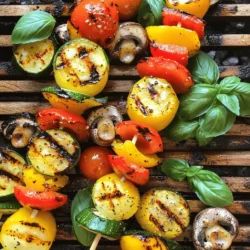 - Overview of main vegetables needed For tasty skewers, you'll need: - 1 medium zucchini, cut into thick rounds - 1 red bell pepper, diced into 1-inch squares - 1 yellow bell pepper, diced into 1-inch squares - 1 medium red onion, cut into quarters - 8 ripe cherry tomatoes - 1 cup fresh mushrooms, cleaned and stemmed - Seasonings and marinades To bring out the flavor: - 3 tablespoons extra-virgin olive oil - 2 teaspoons garlic powder - 1 teaspoon smoked paprika - 1 teaspoon dried oregano - Salt and freshly ground black pepper, to taste - Optional garnishes For a fresh touch: - Fresh basil leaves, for garnish These ingredients make a colorful and healthy dish. You can mix and match veggies based on your taste. Feel free to add in eggplant or asparagus for more variety. Using seasonal vegetables also enhances flavor and freshness. For the best taste, use high-quality olive oil and fresh herbs. Don't forget to check out the Full Recipe for detailed cooking steps! How to prepare the vegetables Start by washing all the vegetables. Cut the zucchini into thick rounds. Dice the red and yellow bell peppers into 1-inch squares. Quarter the red onion. Keep the cherry tomatoes whole. Clean and stem the mushrooms. Mixing the marinade In a small bowl, combine three tablespoons of extra-virgin olive oil with two teaspoons of garlic powder, one teaspoon of smoked paprika, and one teaspoon of dried oregano. Add a pinch of salt and pepper. Whisk until well mixed. Threading veggies onto skewers Take your skewers and carefully thread the veggies. Alternate colors for a pretty look. Start with a mushroom, then a bell pepper, followed by zucchini, onion, and a cherry tomato. Repeat until the skewer is full. Preheating the grill Now, preheat your grill to medium-high heat. This helps cook the veggies evenly. Wait until the grill is hot before adding your skewers. Cooking time and temperature Place the skewers on the grill. Cook for about 10-15 minutes. Turn them every few minutes to get nice grill marks. Checking for doneness You know they are done when the veggies are tender and slightly charred. You can poke them with a fork to check. Serving the skewers beautifully Once grilled, remove the skewers and let them rest for one minute. Serve them on a beautiful platter. Recommended placement and garnishing Drizzle some balsamic glaze on the side. Add fresh basil leaves on top for color and flavor. These small touches make your dish look appetizing. For the full recipe, check out the Grilled Veggie Skewers Delight! To get perfect grill marks, heat your grill well. Make sure it's hot before adding the skewers. This helps the veggies sear quickly. Keep them on one side for a bit before flipping. Avoid common mistakes like overcrowding the grill. If you fit too many skewers on, they won't cook evenly. Also, watch for flare-ups. Flare-ups can burn your veggies. If they happen, move the skewers to a cooler part of the grill. This helps manage heat better. To boost flavor, try adding spices like cumin or chili powder. You can also use fresh herbs like thyme or rosemary. When choosing oils, extra-virgin olive oil is great for grilling. It adds a rich taste and helps veggies cook well. Pair your skewers with dips like hummus or tzatziki. These creamy dips add a nice contrast to the grilled taste. You can also serve them with a drizzle of balsamic glaze. This adds a sweet touch that really shines. For the full recipe, check out the Grilled Veggie Skewers Delight. {{image_4}} When you make grilled veggie skewers, feel free to swap veggies. You can use any fresh vegetables you like. Here are some ideas: - Eggplant: Cut into cubes for a meaty texture. - Asparagus: Trimmed for a nice crunch. - Corn on the cob: Cut into rounds for sweetness. - Mushroom varieties: Try portobello or shiitake for different flavors. You can also change up the marinade for more fun. Here are some tasty options: - Lemon herb: Combine lemon juice, herbs, and olive oil. - Spicy peanut sauce: Mix peanut butter, soy sauce, and chili paste. - Balsamic glaze: Use balsamic vinegar and honey for a tangy twist. You can bring global flavors to your veggie skewers. Here are some ideas: - Mediterranean style: Add olives, artichokes, and feta cheese. - Asian-inspired: Use soy sauce, ginger, and sesame oil for a unique taste. - Mexican twist: Include zucchini, onion, and a sprinkle of lime juice. You can also add proteins to make your skewers heartier. Good options include: - Tofu: Firm tofu holds up well on the grill. - Chicken: Cut into cubes and marinate for extra flavor. - Shrimp: Quick-cooking and delicious when grilled. These variations make the skewers fun and exciting. You can mix and match to find your perfect combo. Check out the Full Recipe for more ideas! To keep your grilled veggie skewers fresh, use these tips. First, let them cool down to room temperature. Then, place them in an airtight container. This helps keep moisture in and air out. You can store them in the fridge for up to four days. When you want to eat them again, you can reheat them easily. Just place them on a hot grill for about five minutes. You can also use a microwave. Heat them for about 30 seconds. This brings back their warmth without drying them out. If you want to save some skewers for later, freezing is a great option. Wrap each skewer in plastic wrap or aluminum foil. Then, place them in a freezer-safe bag. Make sure to remove as much air as possible. They can last in the freezer for up to three months. When you are ready to eat them, take them out and let them thaw in the fridge overnight. To reheat, put them on the grill for about ten minutes. This way, they stay tasty and colorful. For more details, refer to the Full Recipe for Grilled Veggie Skewers. What type of skewers should I use? You can use either wooden or metal skewers. Metal skewers are strong and reusable. Wooden skewers are handy, but soak them in water to prevent burning. Can I make grilled veggie skewers in the oven? Yes, you can! Preheat your oven to 400°F (200°C). Place the skewers on a baking sheet and cook for about 20 minutes. Flip them halfway for even cooking. How do I prevent veggies from sticking to the grill? To stop sticking, oil the grill grates well before cooking. You can also brush the veggies with oil or use a non-stick spray on the grill. What vegetables work best for grilling? Great choices include zucchini, bell peppers, mushrooms, cherry tomatoes, and onions. These veggies hold up well and develop great flavor when grilled. How long do I need to soak wooden skewers? Soak wooden skewers for at least 30 minutes. This helps prevent them from catching fire on the grill. Can I marinate the veggies overnight? Yes! Marinating overnight adds more flavor. Just keep the veggies in the fridge in an airtight container. For the full recipe, check out the cooking instructions above. Grilled veggie skewers are easy and fun to make. You learned about key ingredients, preparation steps, and expert grilling tips. You can mix and match vegetables and marinades to create your favorite flavors. Don't forget presentation for a beautiful serve. With these tips, you’ll avoid common mistakes and impress friends. Enjoy grilling and exploring new variations. Your perfect skewers await!