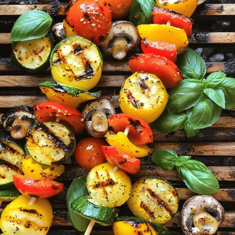 - Overview of main vegetables needed For tasty skewers, you'll need: - 1 medium zucchini, cut into thick rounds - 1 red bell pepper, diced into 1-inch squares - 1 yellow bell pepper, diced into 1-inch squares - 1 medium red onion, cut into quarters - 8 ripe cherry tomatoes - 1 cup fresh mushrooms, cleaned and stemmed - Seasonings and marinades To bring out the flavor: - 3 tablespoons extra-virgin olive oil - 2 teaspoons garlic powder - 1 teaspoon smoked paprika - 1 teaspoon dried oregano - Salt and freshly ground black pepper, to taste - Optional garnishes For a fresh touch: - Fresh basil leaves, for garnish These ingredients make a colorful and healthy dish. You can mix and match veggies based on your taste. Feel free to add in eggplant or asparagus for more variety. Using seasonal vegetables also enhances flavor and freshness. For the best taste, use high-quality olive oil and fresh herbs. Don't forget to check out the Full Recipe for detailed cooking steps! How to prepare the vegetables Start by washing all the vegetables. Cut the zucchini into thick rounds. Dice the red and yellow bell peppers into 1-inch squares. Quarter the red onion. Keep the cherry tomatoes whole. Clean and stem the mushrooms. Mixing the marinade In a small bowl, combine three tablespoons of extra-virgin olive oil with two teaspoons of garlic powder, one teaspoon of smoked paprika, and one teaspoon of dried oregano. Add a pinch of salt and pepper. Whisk until well mixed. Threading veggies onto skewers Take your skewers and carefully thread the veggies. Alternate colors for a pretty look. Start with a mushroom, then a bell pepper, followed by zucchini, onion, and a cherry tomato. Repeat until the skewer is full. Preheating the grill Now, preheat your grill to medium-high heat. This helps cook the veggies evenly. Wait until the grill is hot before adding your skewers. Cooking time and temperature Place the skewers on the grill. Cook for about 10-15 minutes. Turn them every few minutes to get nice grill marks. Checking for doneness You know they are done when the veggies are tender and slightly charred. You can poke them with a fork to check. Serving the skewers beautifully Once grilled, remove the skewers and let them rest for one minute. Serve them on a beautiful platter. Recommended placement and garnishing Drizzle some balsamic glaze on the side. Add fresh basil leaves on top for color and flavor. These small touches make your dish look appetizing. For the full recipe, check out the Grilled Veggie Skewers Delight! To get perfect grill marks, heat your grill well. Make sure it's hot before adding the skewers. This helps the veggies sear quickly. Keep them on one side for a bit before flipping. Avoid common mistakes like overcrowding the grill. If you fit too many skewers on, they won't cook evenly. Also, watch for flare-ups. Flare-ups can burn your veggies. If they happen, move the skewers to a cooler part of the grill. This helps manage heat better. To boost flavor, try adding spices like cumin or chili powder. You can also use fresh herbs like thyme or rosemary. When choosing oils, extra-virgin olive oil is great for grilling. It adds a rich taste and helps veggies cook well. Pair your skewers with dips like hummus or tzatziki. These creamy dips add a nice contrast to the grilled taste. You can also serve them with a drizzle of balsamic glaze. This adds a sweet touch that really shines. For the full recipe, check out the Grilled Veggie Skewers Delight. {{image_4}} When you make grilled veggie skewers, feel free to swap veggies. You can use any fresh vegetables you like. Here are some ideas: - Eggplant: Cut into cubes for a meaty texture. - Asparagus: Trimmed for a nice crunch. - Corn on the cob: Cut into rounds for sweetness. - Mushroom varieties: Try portobello or shiitake for different flavors. You can also change up the marinade for more fun. Here are some tasty options: - Lemon herb: Combine lemon juice, herbs, and olive oil. - Spicy peanut sauce: Mix peanut butter, soy sauce, and chili paste. - Balsamic glaze: Use balsamic vinegar and honey for a tangy twist. You can bring global flavors to your veggie skewers. Here are some ideas: - Mediterranean style: Add olives, artichokes, and feta cheese. - Asian-inspired: Use soy sauce, ginger, and sesame oil for a unique taste. - Mexican twist: Include zucchini, onion, and a sprinkle of lime juice. You can also add proteins to make your skewers heartier. Good options include: - Tofu: Firm tofu holds up well on the grill. - Chicken: Cut into cubes and marinate for extra flavor. - Shrimp: Quick-cooking and delicious when grilled. These variations make the skewers fun and exciting. You can mix and match to find your perfect combo. Check out the Full Recipe for more ideas! To keep your grilled veggie skewers fresh, use these tips. First, let them cool down to room temperature. Then, place them in an airtight container. This helps keep moisture in and air out. You can store them in the fridge for up to four days. When you want to eat them again, you can reheat them easily. Just place them on a hot grill for about five minutes. You can also use a microwave. Heat them for about 30 seconds. This brings back their warmth without drying them out. If you want to save some skewers for later, freezing is a great option. Wrap each skewer in plastic wrap or aluminum foil. Then, place them in a freezer-safe bag. Make sure to remove as much air as possible. They can last in the freezer for up to three months. When you are ready to eat them, take them out and let them thaw in the fridge overnight. To reheat, put them on the grill for about ten minutes. This way, they stay tasty and colorful. For more details, refer to the Full Recipe for Grilled Veggie Skewers. What type of skewers should I use? You can use either wooden or metal skewers. Metal skewers are strong and reusable. Wooden skewers are handy, but soak them in water to prevent burning. Can I make grilled veggie skewers in the oven? Yes, you can! Preheat your oven to 400°F (200°C). Place the skewers on a baking sheet and cook for about 20 minutes. Flip them halfway for even cooking. How do I prevent veggies from sticking to the grill? To stop sticking, oil the grill grates well before cooking. You can also brush the veggies with oil or use a non-stick spray on the grill. What vegetables work best for grilling? Great choices include zucchini, bell peppers, mushrooms, cherry tomatoes, and onions. These veggies hold up well and develop great flavor when grilled. How long do I need to soak wooden skewers? Soak wooden skewers for at least 30 minutes. This helps prevent them from catching fire on the grill. Can I marinate the veggies overnight? Yes! Marinating overnight adds more flavor. Just keep the veggies in the fridge in an airtight container. For the full recipe, check out the cooking instructions above. Grilled veggie skewers are easy and fun to make. You learned about key ingredients, preparation steps, and expert grilling tips. You can mix and match vegetables and marinades to create your favorite flavors. Don't forget presentation for a beautiful serve. With these tips, you’ll avoid common mistakes and impress friends. Enjoy grilling and exploring new variations. Your perfect skewers await!