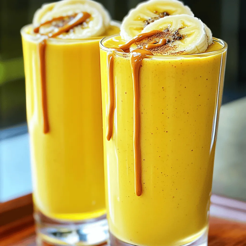 - 2 ripe bananas, frozen for at least 2 hours - 2 tablespoons smooth peanut butter - 1 cup almond milk (or your preferred milk) - 1 tablespoon honey or maple syrup (optional) - 1/2 teaspoon vanilla extract - 1/4 teaspoon ground cinnamon - 1/4 cup Greek yogurt - Ice cubes (optional) To make a creamy peanut butter banana smoothie, you need the right mix of ingredients. Start with two ripe bananas that you freeze for at least two hours. The frozen bananas give the smoothie a thick and creamy texture that feels indulgent. Next, add two tablespoons of smooth peanut butter. This ingredient provides a rich flavor and healthy fats. You can choose almond milk or any milk you prefer; one cup will work perfectly. If you like sweetness, toss in one tablespoon of honey or maple syrup. To enhance the taste, include half a teaspoon of vanilla extract and a quarter teaspoon of ground cinnamon. The cinnamon adds warmth, while the vanilla brings a lovely aroma. Finally, add a quarter cup of Greek yogurt for extra creaminess and protein. If you want a thicker smoothie, you can add some ice cubes. Each ingredient contributes to a delicious and nutritious drink. For the full recipe, check the detailed instructions. - Peel and chunk the frozen bananas. - Add peanut butter and Greek yogurt to the blender. - Pour in almond milk and optional sweetener. Start by peeling the frozen bananas. This step makes them easier to blend. Slice them into chunks and toss them into your blender. The frozen bananas make the smoothie creamy and cold. Next, scoop in two tablespoons of smooth peanut butter. This adds rich flavor and protein. Don’t forget to add the Greek yogurt. It gives the smoothie a lovely, creamy texture. Now, pour in one cup of almond milk. If you like it sweeter, add honey or maple syrup to taste. - Incorporate vanilla extract and ground cinnamon. - Blend until smooth and creamy. Now, let’s enhance the flavor. Add half a teaspoon of vanilla extract and a quarter teaspoon of ground cinnamon. These spices bring warmth and depth to your smoothie. Blend everything on high speed. You want it to be completely smooth and creamy. If you want a thicker smoothie, toss in some ice cubes. Blend again until it’s mixed well. - Taste and adjust sweetness, if needed. - Serve in glasses with garnish. Once blended, take a moment to taste your smoothie. If it needs more sweetness, add a little more honey or maple syrup. Blend again to mix in the sweetness. When you’re happy with the flavor, pour the smoothie into glasses. For a nice touch, sprinkle a bit of ground cinnamon on top. You can also add banana slices or a drizzle of peanut butter for garnish. Enjoy your creamy peanut butter banana smoothie! For more detailed steps, check the Full Recipe. Use ripe bananas for the best taste. Ripe bananas are sweeter and creamier. You can also try different nut butters. Almond butter or cashew butter adds a unique twist. If you prefer a thick smoothie, add more ice. This gives your drink a frosty feel. You can also change the milk amount. Less milk makes it thicker, while more milk makes it thinner. Serve your smoothie in chilled glasses. It looks more appealing this way. Garnish it with banana slices or a drizzle of peanut butter. These small touches make it look fancy and inviting. For the full experience, check the Full Recipe. {{image_4}} You can easily make your peanut butter banana smoothie even better. Adding greens like spinach or kale gives you extra vitamins. Just a handful will blend well and boost nutrition. Chia seeds or flaxseeds are also great options. They add fiber and healthy fats. You can sprinkle a tablespoon into your mix. These small seeds pack a big punch! Want a different taste? Try adding cocoa powder. It gives a rich chocolate flavor. Just a tablespoon can change the whole drink! You can also swap in other fruits. Strawberries or blueberries add a fresh twist. They make the smoothie colorful and fun. Mixing in different fruits can keep your smoothies exciting. If you are dairy-free, don’t worry! You can switch Greek yogurt with dairy-free yogurt. There are many tasty options available. For milk, use coconut milk instead of almond milk. This adds a creamy texture and a hint of tropical flavor. These swaps are easy and delicious. Check out the Full Recipe for detailed instructions. Your peanut butter banana smoothie stays fresh in the fridge for about 1 day. To keep it tasting great, store it in an airtight container. This helps prevent it from absorbing strong odors. When you’re ready to drink it, give it a good shake or stir. The ingredients may separate, but that’s normal. If you have leftovers, freezing is a smart option. Pour your smoothie into a freezer-safe container, leaving some space at the top for expansion. This way, it will not spill as it freezes. When you want to enjoy it again, take it out and let it thaw overnight in the fridge. You can also thaw it in a bowl of warm water. This method keeps the texture smooth. If you have leftover bananas or peanut butter, don’t let them go to waste! You can slice bananas and add them to oatmeal or yogurt. They also make a great topping for pancakes. For peanut butter, try spreading it on toast or adding it to granola bars. Both ingredients are versatile and can create tasty snacks. How many calories are in a peanut butter banana smoothie? A peanut butter banana smoothie has about 300 to 400 calories. This number can change based on your ingredients. For example, adding honey or using whole milk can raise the calorie count. Always check your specific recipe for exact numbers. Can I make a peanut butter banana smoothie without yogurt? Yes, you can make this smoothie without yogurt. Just skip it and add more milk to keep the right texture. The smoothie will still be creamy and tasty. What are the health benefits of banana and peanut butter? Bananas give you energy and are high in potassium. This mineral helps your muscles and heart. Peanut butter adds protein and healthy fats, making you feel full longer. Together, they make a great snack or meal. Is this smoothie suitable for meal replacement? Yes, this smoothie can replace a meal. It has protein, fiber, and healthy fats. These nutrients can keep you satisfied for hours. Just make sure to add enough ingredients to meet your energy needs. What types of blenders work best for smoothies? A good blender for smoothies should crush ice and blend ingredients well. Look for blenders with at least 600 watts of power. High-speed blenders are great, but regular blenders can work too if they have a strong motor. Should I use a high-speed blender or a regular one? Using a high-speed blender is best because it makes smoothies super smooth. However, a regular blender can also work if you blend longer. Just be sure to cut your ingredients into smaller pieces first. In this blog post, we explored a simple and tasty peanut butter banana smoothie. We covered the key ingredients, step-by-step instructions, and helpful tips. You learned how to adjust flavors and textures for your perfect drink. Don't forget the fun variations and storage tips for extra convenience. Smoothies are great for health, and they're easy to customize. Now, grab your ingredients and start blending. Enjoy a delicious treat that fuels your day!