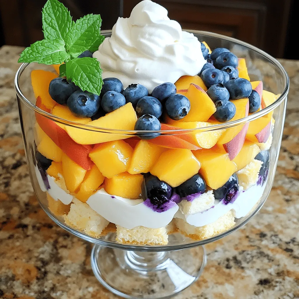 - 3 ripe peaches, peeled and sliced into thin wedges - 1 cup fresh blueberries, rinsed and drained - 2 cups vanilla pudding (store-bought or homemade) - 1 cup whipped cream, chilled - 4 cups angel food cake, cut into bite-sized cubes - 2 tablespoons honey (optional, for added sweetness) - Fresh mint leaves for a fragrant garnish Using fresh ingredients is key to a great trifle. Ripe peaches bring sweet and juicy flavors. Fresh blueberries add a burst of color and tartness. You can choose to make your own vanilla pudding or buy it from the store. The creaminess of the pudding pairs well with the fruits. Angel food cake gives the trifle a light and airy base. Each bite should feel like a soft cloud! You can add honey for sweetness, but it’s not a must. Finally, fresh mint leaves make the trifle look pretty and taste refreshing. Try to use the best-quality ingredients you can find. This makes a big difference in flavor. You can find the full recipe for this delightful treat in the earlier section. You can choose between store-bought or homemade pudding. If you prefer store-bought, just follow the package instructions. For a homemade version, combine 2 cups of milk, 1/2 cup sugar, 1/4 cup cornstarch, and a pinch of salt in a saucepan. Cook over medium heat while stirring. Keep stirring until it thickens to a creamy consistency. Once thickened, take it off the heat and mix in 1 teaspoon of vanilla extract. Let it cool to room temperature before using. To cube the angel food cake, slice it into bite-sized pieces. Aim for cubes that are about one inch in size. This ensures that each spoonful of your trifle has a nice mix of cake and fruit. Make sure your cake is fresh for the best texture. If it's a bit stale, it may crumble too easily. In a large trifle dish or individual cups, start with a layer of cake cubes. Spread them evenly at the bottom. This creates a solid base. Next, spoon the vanilla pudding over the cake. After that, add a layer of sliced peaches, followed by fresh blueberries. If you want, drizzle some honey over the fruit for extra sweetness. Repeat the layering: cake, pudding, peaches, and blueberries until you fill the dish or cups. End with a layer of whipped cream on top. This adds a soft finish. After layering, cover the trifle and chill it in the fridge for at least one hour. This chilling time helps the flavors blend well. When ready to serve, add fresh blueberries, peach slices, and mint leaves on top for a beautiful look. For the full recipe, check out the details above! When you layer your trifle, start with the cake. Place a good amount at the bottom. This gives a strong base. Next, add a layer of pudding. Make sure to cover the cake completely. After that, add a layer of fruit. Use peaches and blueberries for a colorful look. Repeat this process. Keep layers even for a nice presentation. To prevent sogginess, make sure to chill the trifle. This gives the cake time to soak up flavors without getting mushy. If you want to keep the cake firm, serve it right after making. You can also use less pudding or fruit juice. If you want extra sweetness, drizzle honey over the fruit. It adds a tasty touch. You can also use agave syrup or maple syrup for a different flavor. This gives you options to suit your taste. Try using different fruits too. Strawberries, raspberries, or even kiwi work great. Mixing fruits can bring new flavors to your trifle. You can create fun combinations, like tropical fruits with coconut cream. To make your trifle look stunning, consider garnishes. Fresh mint leaves add a pop of color. You can also sprinkle extra blueberries on top. This makes the dish look fresh and inviting. For special occasions, serve in individual cups. It makes each serving feel special. You can even layer them in clear glasses to show off the pretty colors. A well-presented trifle is a joy to eat and share. For the full recipe, check out the previous section. It’s a treat you won’t want to miss! {{image_4}} You can change the fruits based on what is in season. In the summer, use strawberries or raspberries for a fresh twist. In the fall, try apples or pears with a hint of cinnamon. For a tropical flair, consider mango and pineapple. These fruits mix well with peaches and blueberries, adding a fun and colorful layer to your trifle. You can switch the angel food cake for other bases. A light sponge cake works great for this dessert. If you want something richer, brownies add a nice chocolate flavor. For those who need gluten-free options, use a gluten-free cake mix or a flourless chocolate cake. These choices keep your trifle tasty and enjoyable for everyone. For a plant-based trifle, use vegan pudding made from almond or coconut milk. You can make it creamy by blending silken tofu with your favorite plant milk and sweetener. For the whipped cream, there are many non-dairy options available. Coconut whipped cream is a delicious choice that adds a tropical note. These swaps keep the dessert vegan while still being delightful. For the complete recipe, you can check the [Full Recipe]. To store leftover trifle, cover it tightly with plastic wrap or a lid. This helps keep the flavors fresh. You can also use an airtight container if you prefer. The trifle stays good in the fridge for about 2 to 3 days. After this time, the cake may become soggy, and the fruits may lose their texture. Can you freeze the trifle? Yes, but it’s not the best option. Freezing can change the texture of the cake and cream. If you still want to freeze it, layer the trifle without the whipped cream. This way, you can add fresh whipped cream later. When freezing, use a freezer-safe container and wrap it well. To thaw, place it in the fridge overnight before serving. To refresh trifle after being refrigerated, you can add a dollop of whipped cream on top. This adds lightness and creaminess back into the dish. You may also want to sprinkle a few fresh blueberries and peach slices to make it look fresh and tempting again. Enjoy your Peach and Blueberry Trifle Delight with its vibrant colors and flavors! For the full recipe, check the earlier section. Yes, you can make this trifle a day ahead. Preparing in advance helps the flavors blend well. The layers soak into each other, making each bite more delicious. This trifle tastes even better after sitting overnight. Just remember to keep it covered in the fridge. This way, it stays fresh and safe to eat. Both store-bought and homemade pudding work great. Store-bought pudding is quick and easy. It saves time, especially if you're busy. Homemade pudding offers a richer taste and creamier texture. I prefer homemade for the best flavor. If you choose to make it, follow the simple recipe in the Full Recipe section. Leftovers can last for about 2 to 3 days in the fridge. Make sure to store them in an airtight container. This helps keep the trifle fresh and tasty. However, the cake may become soggy over time. If you want to enjoy it at its best, try to eat it within two days. This blog post showed you how to make a delicious peach and blueberry trifle. You learned to gather fresh ingredients and layer them skillfully for the best results. We explored tips for flavor and presentation, plus variations for different diets. Remember, whether you choose store-bought or homemade pudding, this dessert will impress. With these straightforward instructions, you can create a beautiful treat for any occasion. Enjoy sharing this delight with family and friends!